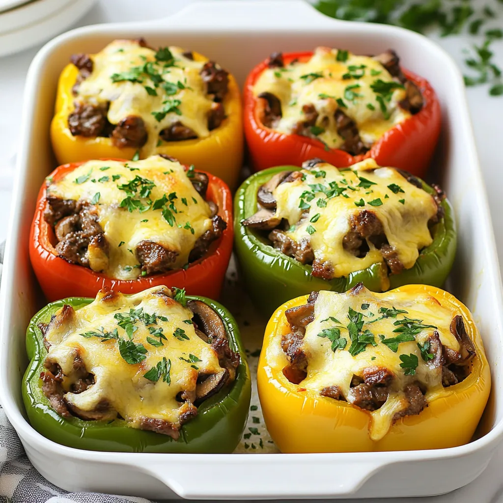 - 4 large bell peppers (red, green, or yellow) - 1 pound lean beef steak (ribeye or sirloin), thinly sliced - 1 medium onion, sliced - 1 cup mushrooms, sliced - 2 cloves garlic, minced - 1 teaspoon Worcestershire sauce - 1 teaspoon olive oil - Salt and pepper to taste - 1 cup provolone cheese, shredded - 1 tablespoon fresh parsley, chopped (for garnish) When picking bell peppers, look for bright colors and firm skin. Avoid any with soft spots or wrinkles. Feel the weight; heavier peppers usually have more juice. For beef, choose cuts like ribeye or sirloin. They should be bright red with no brown spots. Fresh mushrooms should look smooth and dry, not slimy. Onions should be firm and have no dark spots. If you want to change things up, you can use ground beef instead of sliced steak. Ground turkey works well for a lighter option. For cheese, you can swap provolone with mozzarella or cheddar. If you want a meatless dish, use lentils or beans. They add great texture and flavor. {{ingredient_image_1}} Before we dive into cooking, let’s prep our ingredients. Start by gathering your bell peppers and cutting off the tops. Remove the seeds and membranes. You want them clean inside. Next, slice your steak thinly. You can use ribeye or sirloin for this dish. Slice your onion and mushrooms too. Mince the garlic. Finally, measure out the Worcestershire sauce and olive oil. Now, you are ready to cook! 1. Preheat the Oven: Set your oven to 375°F (190°C). This helps cook the peppers evenly. 2. Cook the Steak: Heat the olive oil in a skillet over medium-high heat. Once hot, add the thinly sliced steak. Cook for 3-4 minutes until it turns brown. Season with salt and pepper for flavor. 3. Add Veggies: Toss in the sliced onions and mushrooms. Cook until the veggies soften, about 5 minutes. This makes the filling tasty. 4. Add Garlic and Sauce: Stir in the minced garlic and Worcestershire sauce. Cook for another 1-2 minutes. The garlic adds a nice aroma. 5. Stuff the Peppers: Take the skillet off the heat. Stuff each bell pepper with the meat and veggie mixture. Press down gently to pack it well. 6. Top with Cheese: Sprinkle shredded provolone cheese on top of each stuffed pepper. This will melt beautifully in the oven. 7. Bake: Cover your baking dish with aluminum foil. Bake in the preheated oven for 25 minutes. This helps the peppers cook through. 8. Uncover and Finish Baking: Remove the foil and bake for another 10 minutes. The cheese should be melted and bubbly now. 9. Cool and Garnish: Let the peppers cool for a few minutes. Then, sprinkle chopped parsley on top for color and freshness. - Prep Time: 15 minutes - Cook Time: 35 minutes (25 minutes covered, 10 minutes uncovered) - Total Time: 50 minutes - Oven Temperature: 375°F (190°C) Following these steps will help you create delicious Philly cheesesteak stuffed peppers that are sure to please! To get perfectly stuffed peppers, choose large bell peppers. They need enough space for your filling. Cut off the tops and scoop out the seeds. This gives you a nice bowl for the filling. Pack the mixture tightly but not too tight. You want some air to help them cook well. Use high heat to sear the steak first. This adds a rich, browned flavor. After that, add your onions and mushrooms. Cook them until they soften. This way, they will mix well with the beef. Always season your filling with salt and pepper. This brings out the natural flavors. Don't skip the Worcestershire sauce; it adds a great depth. One mistake is overcooking the steak. It should be browned but not tough. Another is not using enough seasoning. Taste your filling before stuffing the peppers. Avoid undercooking the peppers. They need time in the oven to soften. Cover them with foil while baking to keep moisture in. Remove the foil at the end to get a nice, melted cheese top. Pro Tips Choose the Right Peppers: Opt for bell peppers that are firm and have vibrant colors for the best flavor and texture. Slice Steak Thinly: To achieve the best results, slice the beef as thinly as possible against the grain to maximize tenderness. Customize Your Cheese: While provolone is classic, feel free to mix in other cheeses like mozzarella or cheddar for a unique twist. Let Them Rest: After baking, allow the stuffed peppers to sit for a few minutes before serving to let the flavors meld. {{image_2}} You can switch the beef steak for chicken or turkey. Both meats work well in Philly cheesesteak stuffed peppers. For chicken, use thinly sliced chicken breast. For turkey, ground turkey or sliced turkey breast will do. Adjust the cooking time a bit. Chicken may need a few extra minutes to cook through. If you want a meatless meal, try using plant-based proteins. You can use tofu, tempeh, or even lentils. Sauté your choice with onions and mushrooms for a tasty filling. Add some spices like paprika or cumin for extra flavor. This way, everyone can enjoy the rich taste of stuffed peppers. Get creative with flavors! Add spices like oregano, thyme, or chili powder for a kick. Different cheeses can also change the taste. Try cheddar for a sharp bite or mozzarella for a gooey texture. You can even mix cheeses for a unique flavor blend. Don't be afraid to explore new combinations! You can store leftover Philly cheesesteak stuffed peppers in the fridge. Place them in an airtight container. They stay fresh for 3-4 days. Make sure they cool down before sealing. This keeps the peppers from getting soggy. To enjoy them later, simply reheat. Freezing is a great option for these stuffed peppers. First, let them cool completely. Wrap each pepper in plastic wrap. Then, place them in a freezer-safe bag. This helps prevent freezer burn. They can last up to 3 months in the freezer. When you want to eat them, thaw in the fridge overnight. Reheating your stuffed peppers is easy. You can use the oven or microwave. If using the oven, preheat it to 350°F (175°C). Place the peppers in a baking dish. Cover with foil to keep them moist. Bake for about 15-20 minutes. If you prefer the microwave, heat them for 2-3 minutes on high. Check that they are hot all the way through. Enjoy your tasty leftovers! You can make Philly cheesesteak stuffed peppers ahead of time. Prepare the stuffed peppers and store them in the fridge before baking. Just cover them tightly with plastic wrap. You can keep them in the fridge for up to 24 hours. When you're ready to cook, bake them straight from the fridge. Just add about 10 extra minutes to the cooking time. Yes, you can use different types of peppers. Red, green, or yellow bell peppers work well. You can even try poblano or Anaheim peppers for a twist. Each type adds a unique flavor and color to the dish. If you like spice, opt for jalapeños. Just adjust your cooking time as needed. Philly cheesesteak stuffed peppers pair well with many sides. Serve them with a simple green salad for freshness. Crispy roasted potatoes or French fries are also great options. For a fun twist, try serving them with garlic bread. You can also add a side of coleslaw for crunch and creaminess. In this blog post, I shared how to make Philly cheesesteak stuffed peppers. We covered key ingredients, tips for picking fresh options, and substitutions. You learned step-by-step cooking methods and key timing for best results. Tips and tricks helped you avoid common mistakes. Plus, I offered tasty variations and smart storage advice. Remember, with the right ingredients and methods, you can create a flavorful dish. Enjoy making stuffed peppers your way!