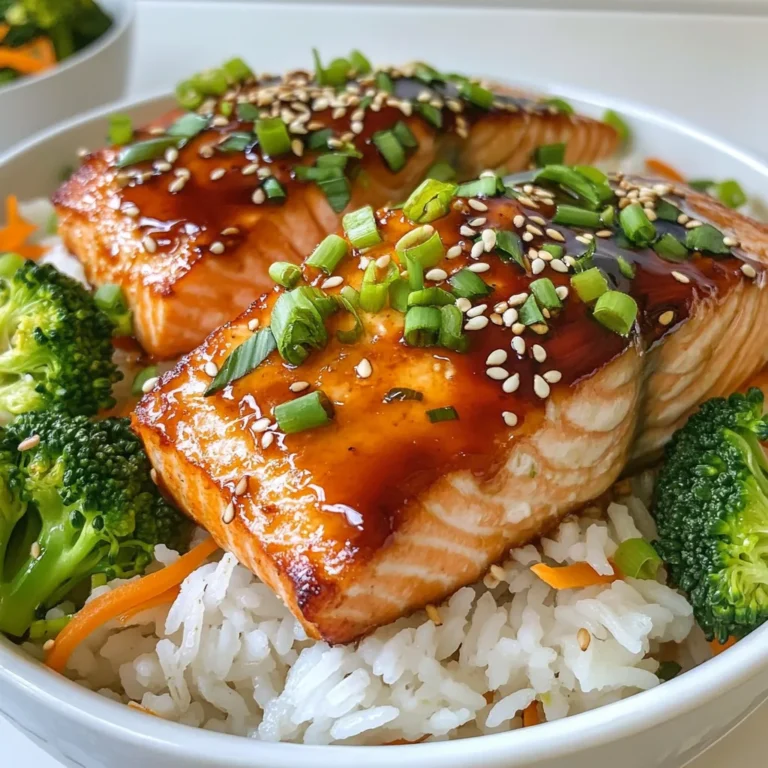To make a tasty teriyaki salmon rice bowl, you'll need: - 2 salmon fillets (about 6 oz each) - 1 cup jasmine rice - 2 cups water or broth (for cooking rice) - 1/4 cup soy sauce (low sodium) - 2 tablespoons honey or maple syrup - 1 tablespoon rice vinegar - 1 teaspoon sesame oil - 1 tablespoon fresh ginger, minced - 2 cloves garlic, minced - 1 cup steamed broccoli florets - 1 cup shredded carrots - 2 green onions, sliced - Sesame seeds for garnish These ingredients create a delightful balance of flavors. The salmon brings a rich taste, while the vegetables add freshness. You can take your teriyaki salmon rice bowls to the next level with these extras: - 1 tablespoon cornstarch (for thickening the sauce) - Additional veggies like bell peppers or snap peas - Chili flakes for a spicy kick These options let you customize the dish to your liking. Feel free to get creative! You will need a few simple tools to make this dish: - A pot for cooking the rice - A small saucepan for the sauce - A non-stick skillet for the salmon - A fork for fluffing the rice - Serving bowls for assembling the meal Having the right tools makes cooking easier. It also helps you enjoy the process more. {{ingredient_image_1}} Start by rinsing 1 cup of jasmine rice under cold water. Keep rinsing until the water runs clear. This helps remove extra starch. Next, put the rinsed rice in a pot with 2 cups of water or broth. Bring it to a boil. Once boiling, reduce the heat to low. Cover the pot and let it simmer for 15 minutes. The water should be absorbed by then. After 15 minutes, remove the pot from heat. Let it sit, still covered, for 5 more minutes. Finally, fluff the rice with a fork. In a small saucepan, mix together 1/4 cup of low-sodium soy sauce, 2 tablespoons of honey, 1 tablespoon of rice vinegar, and 1 teaspoon of sesame oil. Add 1 tablespoon of minced ginger and 2 cloves of minced garlic. Stir it well. Heat the saucepan over medium heat until it simmers. If you want a thicker sauce, mix 1 tablespoon of cornstarch with 1 tablespoon of water. Add this mix to the sauce while stirring. Once thickened, remove from heat and set aside. Take 2 salmon fillets and place them skin-side down in a non-stick skillet. Heat the skillet over medium-high heat. Cook the salmon for about 4 to 5 minutes. Don’t move the salmon; this helps the skin get crispy. After that, flip the fillets and cook for an additional 3 to 4 minutes. Drizzle half of the teriyaki sauce over the salmon in the last minute of cooking. This adds a nice glaze. Grab your serving bowls. Start by adding a generous portion of jasmine rice as the base. Next, add some steamed broccoli florets and shredded carrots on top. Finally, place a salmon fillet in each bowl. Drizzle the remaining teriyaki sauce over everything. To finish, sprinkle sliced green onions and sesame seeds on top. This adds flavor and a nice crunch. Serve the bowls warm for the best taste. Enjoy the bright colors and flavors! To cook salmon perfectly, start with fresh fillets. Place the salmon skin-side down in a hot non-stick skillet. Cook for 4-5 minutes without moving it. This helps the skin get crispy. Then, flip the salmon gently and cook for another 3-4 minutes. It should be tender and flaky. For extra flavor, drizzle half of the teriyaki sauce over the salmon during the last minute. To make fluffy jasmine rice, rinse it well under cold water. This removes excess starch. Combine the rinsed rice with water or broth in a pot. Bring it to a boil, then cover and reduce heat. Let it simmer for 15 minutes. After that, remove it from heat and let it rest covered for 5 minutes. Fluff the rice gently with a fork to keep it light and airy. Making teriyaki sauce at home is simple and tasty. Start by whisking soy sauce, honey or maple syrup, rice vinegar, sesame oil, minced ginger, and garlic in a small saucepan. Heat the mixture over medium heat until it simmers. For a thicker sauce, mix cornstarch with water, then stir it into the sauce and cook until it thickens. This adds a nice glaze to your salmon and rice. Pro Tips Fresh Salmon is Key: Always choose the freshest salmon you can find for the best flavor and texture. Look for vibrant color and a clean, ocean-like smell. Perfect Rice Every Time: Rinsing the rice helps remove excess starch, resulting in fluffier grains. Don't skip this step for the best rice texture! Customize Your Vegetables: Feel free to swap in your favorite vegetables or whatever you have on hand. Bell peppers, snap peas, or bok choy are great alternatives. Let It Rest: Allow the salmon to rest for a minute after cooking. This helps the juices redistribute, making for a moist and flavorful fillet. {{image_2}} You can swap salmon for other proteins. Chicken, shrimp, or tofu work well. For chicken, use boneless thighs or breasts. Cook them the same way as salmon. For shrimp, just grill or sauté them until pink. Tofu is a great option for a plant-based meal. Press it to remove water, then marinate it in the teriyaki sauce. Cook it in a non-stick skillet until golden. You can boost the health factor by adding more veggies. Try bell peppers, snap peas, or bok choy. They add color and crunch. Just stir-fry them lightly before adding to your rice bowl. You want them tender but still crisp. Mix in some edamame for protein and fiber. This makes your bowl even more filling and nutritious. If you want a vegan or vegetarian option, change the base protein. Use tempeh or seitan instead of fish. Both soak up flavors well and add a nice texture. For the sauce, ensure you use a vegan soy sauce or tamari. Replace honey with maple syrup or agave to keep it plant-based. With these swaps, you can enjoy a tasty, healthy dish that fits your dietary needs. To keep your teriyaki salmon rice bowls fresh, store leftovers in the fridge. Place them in an airtight container. They will last for about 2 to 3 days. Make sure to cool the dish to room temperature before sealing it up. This helps prevent bacteria growth. You can freeze teriyaki salmon for later meals. Wrap the salmon fillets tightly in plastic wrap. Then, place them in a freezer-safe bag or container. This method keeps the salmon good for up to 3 months. For best taste, freeze the salmon without the rice and veggies. They don't freeze well. To reheat, thaw the salmon overnight in the fridge if frozen. You can warm it in a skillet over medium heat. Add a splash of water to keep it moist. For the rice, add a little water and microwave it for about 1 minute. Stir both before serving. Enjoy your tasty meal again! Yes, you can use other types of rice. Brown rice is a healthy choice. It has more fiber and takes longer to cook. You can also try sushi rice for a stickier texture. Just adjust the cooking times based on the rice type you choose. If you need a soy sauce substitute, try tamari. It's gluten-free and has a similar taste. Coconut aminos is another great choice. It’s sweeter and less salty than soy sauce. Both options will still give your dish a nice flavor. To check if the salmon is cooked, use a fork to flake it. If it flakes easily and looks opaque, it’s ready. The center should not be translucent. The internal temperature should reach 145°F. Always use a meat thermometer for the best results. Traditional teriyaki sauce contains soy sauce, which often has gluten. However, you can find gluten-free teriyaki sauce made with tamari or coconut aminos. Always check the label to be sure. Making your own sauce lets you control the ingredients too. Yes, you can easily double the recipe. Just double all the ingredients. This will give you more salmon and rice. Make sure your cooking pots are big enough for the extra food. This recipe works well for meal prep or family gatherings. This article covers how to make Teriyaki Salmon Rice Bowls from start to finish. We explored key ingredients, cooking tools, and simple instructions. You learned tips for perfect salmon and fluffy rice, as well as variations and storage advice. Making delicious meals at home can be easy. With these steps, you can impress your family and friends. Enjoy trying new flavors and don’t hesitate to experiment!