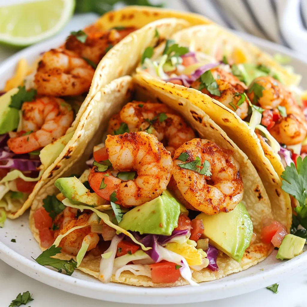 - 1 pound shrimp, peeled and deveined - 2 tablespoons Cajun seasoning - 1 tablespoon olive oil - 1 teaspoon garlic powder - 1/2 teaspoon smoked paprika - 1/4 teaspoon cayenne pepper (optional for extra heat) - Salt and pepper to taste - 8 small corn tortillas - 1 cup shredded cabbage - 1 ripe avocado, sliced - 1/2 cup pico de gallo (store-bought or homemade) - 1/4 cup fresh cilantro, chopped - Lime wedges for garnish You can add a few extra items to really boost flavor. Consider using: - A dash of hot sauce for heat - Crumbled queso fresco for creaminess - Diced tomatoes for freshness - Pickled jalapeños for tang For the best flavor, choose quality ingredients. Here are my favorites: - Wild-caught shrimp for freshness - McCormick or Tony Chachere's for Cajun seasoning - Extra virgin olive oil for richness - Fresh produce from local markets for the best taste {{ingredient_image_1}} To start, gather your shrimp and make sure they are peeled and deveined. In a medium bowl, toss the shrimp with Cajun seasoning, olive oil, garlic powder, smoked paprika, cayenne pepper, salt, and pepper. Mix well until the shrimp are fully coated. This step is crucial for flavor. Set the shrimp aside for a few minutes to let the spices soak in. Next, heat a skillet over medium-high heat. Once hot, add the seasoned shrimp. Cook for 2 to 3 minutes on each side. Look for them to turn pink and opaque. This means they are ready. Remove the shrimp from heat and set aside. While the shrimp cook, warm the corn tortillas. You can heat them in a dry skillet or microwave for 15 to 20 seconds. This makes them soft and easy to fold. Now, it's time to build your tacos. Start with a generous amount of shredded cabbage on each tortilla. Next, add 2 to 3 shrimp on top. Then, place a few slices of avocado and a spoonful of pico de gallo. Finally, sprinkle fresh cilantro over everything and squeeze some lime juice on top. Enjoy your tasty tacos! To season shrimp well, start with fresh shrimp. Use Cajun seasoning for bold flavor. Mix the seasoning with olive oil, garlic powder, smoked paprika, and cayenne pepper. Toss the shrimp until coated. This helps the shrimp absorb all the tasty spices. Taste the shrimp after cooking. Adjust the seasoning as needed. Remember, a little salt and pepper goes a long way. The skillet method works best for these tacos. Heat your skillet over medium-high heat. Add the seasoned shrimp and cook for 2-3 minutes on each side. This gives you perfectly cooked, juicy shrimp. You can also grill the shrimp, which adds a nice charred flavor. Avoid boiling, as it can make the shrimp rubbery. Warming tortillas enhances their flavor and makes them soft. Use a dry skillet for this. Heat each tortilla for 15-20 seconds on each side. You can also use the microwave. Just wrap tortillas in a damp paper towel and microwave for 15-20 seconds. This method keeps them moist and pliable. Pro Tips Perfectly Seasoned Shrimp: Ensure that the shrimp are evenly coated with the Cajun seasoning mix for a burst of flavor in every bite. Fresh Tortillas: Use fresh corn tortillas for a more authentic taste and a better texture that holds the fillings well. Customize the Heat: Adjust the amount of cayenne pepper based on your heat preference, or omit it entirely for a milder taco. Garnish Wisely: Fresh cilantro and a squeeze of lime enhance the flavors. Don't skip them for the best taco experience! {{image_2}} You can switch up the flavor with different seasonings. Try taco seasoning for a classic taste. Or use jerk seasoning for a spicy kick. You can also mix in lemon pepper for a zesty twist. Feel free to experiment and find your favorite blend! Toppings can make your tacos unique. Instead of cabbage, use shredded lettuce for crunch. Add diced tomatoes for freshness or pickled onions for tang. Crumbled feta cheese gives a salty bite. You can also try mango salsa for sweetness. The choices are endless! If you want a different protein, chicken works great. Just follow the same seasoning steps. Tofu is a good plant-based choice. Cook it until golden for extra flavor. You can also use fish like tilapia or cod. Just adjust the cooking time to keep it tender. Store leftover shrimp tacos in an airtight container. Keep them in the fridge for up to two days. If you have extra shrimp, store it separately from the tortillas and toppings. This keeps everything fresh and tasty. To reheat, use a skillet on low heat. This method helps keep the shrimp tender. Heat for about 2-3 minutes, stirring gently. If you prefer the microwave, heat in short bursts, checking often. Avoid overcooking, as this makes shrimp tough. If you want to freeze, only freeze the shrimp. Place it in a freezer bag. Remove excess air to avoid freezer burn. Shrimp can stay fresh for up to three months. Defrost in the fridge overnight before reheating. This keeps the flavor and texture nice. To make your Cajun shrimp tacos spicier, add more cayenne pepper. You can also mix in hot sauce. Try using a spicy salsa instead of pico de gallo. Fresh jalapeños or diced serrano peppers work well as toppings too. Adjust the heat to match your taste. Yes, you can use frozen shrimp. Just thaw them before cooking. Place the shrimp in cold water for about 15-20 minutes. Drain and pat them dry with a paper towel. This step helps the seasoning stick better. Cajun shrimp tacos go great with various sides. Consider serving them with: - Black beans - Cilantro lime rice - Corn salad - Grilled vegetables These sides enhance the flavors and add variety to your meal. To make gluten-free tacos, use corn tortillas. Most corn tortillas are naturally gluten-free. Always check the label to ensure there are no added gluten ingredients. You can also serve the shrimp over a salad for a tasty, gluten-free option. Cajun shrimp tacos are simple and fun to make, as this post shows. You learned about the best ingredients and steps for great flavor. Tips and variations let you customize your tacos for any taste. Proper storage helps keep them fresh. Enjoy making these tacos with your own twist. They're sure to impress your family and friends. Dive into this dish, explore different flavors, and make your meals exciting!