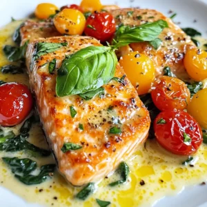 - 4 salmon fillets (with skin on) - 2 tablespoons olive oil - 4 cloves garlic, minced - 1 cup cherry tomatoes, halved - 1 cup baby spinach - 1 cup heavy cream - 1/2 teaspoon Italian seasoning - 1/4 teaspoon red pepper flakes (optional for heat) - Salt and pepper to taste - Fresh basil leaves for garnish - Grated Parmesan cheese for topping (optional) This dish needs fresh and simple ingredients. You start with salmon fillets that have skin on. The skin helps keep the fish moist and adds flavor. Next, you need olive oil for cooking. It gives the salmon a nice sear. Garlic is a must for this dish. Use fresh garlic for the best taste. Cherry tomatoes add sweetness and color. Baby spinach brings a nice green touch and healthy nutrients. Heavy cream makes the sauce rich and creamy. Italian seasoning gives it depth, and red pepper flakes add a bit of heat if you like spicy food. You can adjust salt and pepper to your taste. For garnish, fresh basil leaves add a pop of color and flavor. Grated Parmesan cheese is optional but adds a nice touch. Each ingredient plays a key role in making this dish flavorful and easy to cook. {{ingredient_image_1}} To start, heat two tablespoons of olive oil in a large skillet over medium heat. While the oil warms, season the salmon fillets with salt and pepper. This simple step adds flavor right from the start. Next, place the salmon fillets skin-side down in the skillet. Let them cook for about 4-5 minutes. This time allows the skin to get crispy. You want that delightful crunch when you take a bite. Once the skin is crispy, gently flip the fillets over. Cook for another 3-4 minutes until the salmon is fully cooked. When done, remove the fillets from the skillet and set them aside. Now it’s time to make the sauce that brings this dish to life. In the same skillet, add the minced garlic. Sauté it for about 30 seconds until you smell that wonderful garlic aroma. Be careful not to burn the garlic, as it can turn bitter. After that, toss in the halved cherry tomatoes. Cook them for about 2-3 minutes. You want them to soften and burst with flavor. Once they are ready, pour in 1 cup of heavy cream. Stir everything to combine. Add in the Italian seasoning and red pepper flakes if you like a bit of heat. Season with salt and pepper to taste. Let this mixture simmer for a couple of minutes until it thickens slightly. Next, stir in 1 cup of baby spinach. Allow it to wilt in the sauce for about 1 minute. This adds both color and nutrients. Once the spinach is ready, return the cooked salmon to the skillet. Spoon the creamy sauce over the top. Let it simmer for another minute to heat everything through. Now, your Creamy Garlic Tuscan Salmon is almost ready to serve! Garnish with fresh basil leaves and a sprinkle of grated Parmesan cheese if you desire. Enjoy this dish with a side of your choice, and savor the rich flavors. To know when salmon is perfectly cooked, look for firm, opaque flesh. The fish should flake easily with a fork. A good rule is to cook it for about 4 to 5 minutes per side. The skin should be crispy and golden. For crispy skin, start with a hot skillet. Use enough oil to coat the pan. Place the salmon skin-side down and don’t move it. Let it cook undisturbed for 4 to 5 minutes. This helps crisp it up nicely. You can boost flavors with fresh herbs like thyme or parsley. A squeeze of lemon juice adds brightness, too. For spice lovers, try adding smoked paprika or cayenne for some heat. For cream, heavy cream works best for a rich sauce. If you want a lighter option, use half-and-half or coconut cream. Just know that these will change the final taste a bit. To serve beautifully, place the salmon on a plate, spoon the creamy sauce over it, and add a few cherry tomatoes on top. A sprinkle of grated Parmesan adds a touch of elegance. Fresh basil leaves make a lovely garnish. For side dishes, consider serving with garlic bread or a fresh salad. Roasted vegetables like asparagus or broccoli also pair well and add color to the plate. Pro Tips Choose the Right Salmon: Opt for wild-caught salmon if possible; it has a richer flavor and better texture compared to farmed salmon. Don’t Overcook the Salmon: Salmon is best when it’s still slightly pink in the center. Use a meat thermometer; aim for an internal temperature of 125°F (52°C) for medium doneness. Enhance the Sauce: For a burst of flavor, add a splash of white wine or lemon juice to the sauce while it simmers. Fresh Herbs Matter: Always use fresh basil for garnishing; it elevates the dish with its aromatic flavor and vibrant color. {{image_2}} You can switch out the salmon for chicken or tofu. Chicken will give you a hearty dish. Tofu is great for a plant-based option. Both will absorb the creamy sauce well. For a dairy-free choice, use coconut cream or cashew cream instead of heavy cream. These options keep the dish rich while meeting dietary needs. To add a fresh twist, squeeze some lemon or lime juice into the sauce. The citrus brightens the dish and adds a zesty kick. You can also use orange zest for a sweeter flavor. If you like heat, try different peppers. Add jalapeños for a spicy twist or bell peppers for a milder taste. Adjust the spice to fit your comfort level. Think about adding different veggies to the dish. Bell peppers, zucchini, or artichokes can add color and crunch. They make the meal more filling and nutritious. You might also replace balsamic vinegar with apple cider vinegar. This swap gives a tangy finish that pairs well with the creamy sauce. Get creative and find what you love! To store leftovers properly, let the salmon cool down. Place it in an airtight container. Keep it in the fridge for up to three days. Make sure to separate the salmon from the sauce. This helps maintain the texture and flavor. For the best reheating, use a skillet. Heat it over low to medium heat. Add a splash of water or cream to keep it moist. Cover the skillet to warm evenly. You can also use the microwave, but do it in short bursts. Check often to avoid drying it out. Yes, you can freeze the creamy sauce! Just store it in a freezer-safe container. It will last up to three months. For the salmon, wrap each fillet tightly in plastic wrap. Then place it in a freezer bag. This helps prevent freezer burn. Once frozen, use within three months for the best taste. Can I use frozen salmon fillets? Yes, you can use frozen salmon fillets. Just thaw them completely before cooking. This helps the fish cook evenly. It may take a bit longer to cook, so keep an eye on it. Is the dish suitable for meal prep? Absolutely! Creamy Garlic Tuscan Salmon works well for meal prep. You can store it in the fridge for up to three days. Just reheat it gently in a skillet or microwave. Can I make this recipe in advance? You can prep some parts in advance. Cook the salmon and sauce, then store them separately. When ready to eat, heat them together for the best taste. What can I serve with Creamy Garlic Tuscan Salmon? This dish pairs well with rice, pasta, or a fresh salad. You can also serve it with crusty bread to soak up the creamy sauce. Add some steamed vegetables for extra nutrition. How many calories are in this dish? Each serving of Creamy Garlic Tuscan Salmon has about 500 calories. This may vary based on portion size and toppings. Is it healthy? Yes, it can be a healthy choice! Salmon is rich in omega-3 fatty acids. The dish also includes spinach and tomatoes, which add vitamins and minerals. Just watch the cream portion if you're counting calories. In this blog, we covered a delicious recipe for Creamy Garlic Tuscan Salmon. You learned about the key ingredients and how to cook the salmon perfectly. I shared tips for making a creamy sauce and offered ideas for presentation and flavor variations. Proper storage and reheating methods were also discussed. This dish is simple, tasty, and great for any meal. Enjoy experimenting with flavors and make it your own!