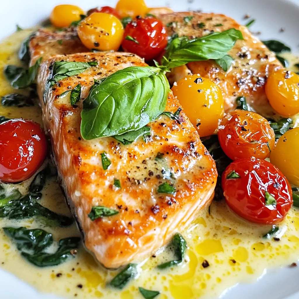 - 4 salmon fillets (with skin on) - 2 tablespoons olive oil - 4 cloves garlic, minced - 1 cup cherry tomatoes, halved - 1 cup baby spinach - 1 cup heavy cream - 1/2 teaspoon Italian seasoning - 1/4 teaspoon red pepper flakes (optional for heat) - Salt and pepper to taste - Fresh basil leaves for garnish - Grated Parmesan cheese for topping (optional) This dish needs fresh and simple ingredients. You start with salmon fillets that have skin on. The skin helps keep the fish moist and adds flavor. Next, you need olive oil for cooking. It gives the salmon a nice sear. Garlic is a must for this dish. Use fresh garlic for the best taste. Cherry tomatoes add sweetness and color. Baby spinach brings a nice green touch and healthy nutrients. Heavy cream makes the sauce rich and creamy. Italian seasoning gives it depth, and red pepper flakes add a bit of heat if you like spicy food. You can adjust salt and pepper to your taste. For garnish, fresh basil leaves add a pop of color and flavor. Grated Parmesan cheese is optional but adds a nice touch. Each ingredient plays a key role in making this dish flavorful and easy to cook. {{ingredient_image_1}} To start, heat two tablespoons of olive oil in a large skillet over medium heat. While the oil warms, season the salmon fillets with salt and pepper. This simple step adds flavor right from the start. Next, place the salmon fillets skin-side down in the skillet. Let them cook for about 4-5 minutes. This time allows the skin to get crispy. You want that delightful crunch when you take a bite. Once the skin is crispy, gently flip the fillets over. Cook for another 3-4 minutes until the salmon is fully cooked. When done, remove the fillets from the skillet and set them aside. Now it’s time to make the sauce that brings this dish to life. In the same skillet, add the minced garlic. Sauté it for about 30 seconds until you smell that wonderful garlic aroma. Be careful not to burn the garlic, as it can turn bitter. After that, toss in the halved cherry tomatoes. Cook them for about 2-3 minutes. You want them to soften and burst with flavor. Once they are ready, pour in 1 cup of heavy cream. Stir everything to combine. Add in the Italian seasoning and red pepper flakes if you like a bit of heat. Season with salt and pepper to taste. Let this mixture simmer for a couple of minutes until it thickens slightly. Next, stir in 1 cup of baby spinach. Allow it to wilt in the sauce for about 1 minute. This adds both color and nutrients. Once the spinach is ready, return the cooked salmon to the skillet. Spoon the creamy sauce over the top. Let it simmer for another minute to heat everything through. Now, your Creamy Garlic Tuscan Salmon is almost ready to serve! Garnish with fresh basil leaves and a sprinkle of grated Parmesan cheese if you desire. Enjoy this dish with a side of your choice, and savor the rich flavors. To know when salmon is perfectly cooked, look for firm, opaque flesh. The fish should flake easily with a fork. A good rule is to cook it for about 4 to 5 minutes per side. The skin should be crispy and golden. For crispy skin, start with a hot skillet. Use enough oil to coat the pan. Place the salmon skin-side down and don’t move it. Let it cook undisturbed for 4 to 5 minutes. This helps crisp it up nicely. You can boost flavors with fresh herbs like thyme or parsley. A squeeze of lemon juice adds brightness, too. For spice lovers, try adding smoked paprika or cayenne for some heat. For cream, heavy cream works best for a rich sauce. If you want a lighter option, use half-and-half or coconut cream. Just know that these will change the final taste a bit. To serve beautifully, place the salmon on a plate, spoon the creamy sauce over it, and add a few cherry tomatoes on top. A sprinkle of grated Parmesan adds a touch of elegance. Fresh basil leaves make a lovely garnish. For side dishes, consider serving with garlic bread or a fresh salad. Roasted vegetables like asparagus or broccoli also pair well and add color to the plate. Pro Tips Choose the Right Salmon: Opt for wild-caught salmon if possible; it has a richer flavor and better texture compared to farmed salmon. Don’t Overcook the Salmon: Salmon is best when it’s still slightly pink in the center. Use a meat thermometer; aim for an internal temperature of 125°F (52°C) for medium doneness. Enhance the Sauce: For a burst of flavor, add a splash of white wine or lemon juice to the sauce while it simmers. Fresh Herbs Matter: Always use fresh basil for garnishing; it elevates the dish with its aromatic flavor and vibrant color. {{image_2}} You can switch out the salmon for chicken or tofu. Chicken will give you a hearty dish. Tofu is great for a plant-based option. Both will absorb the creamy sauce well. For a dairy-free choice, use coconut cream or cashew cream instead of heavy cream. These options keep the dish rich while meeting dietary needs. To add a fresh twist, squeeze some lemon or lime juice into the sauce. The citrus brightens the dish and adds a zesty kick. You can also use orange zest for a sweeter flavor. If you like heat, try different peppers. Add jalapeños for a spicy twist or bell peppers for a milder taste. Adjust the spice to fit your comfort level. Think about adding different veggies to the dish. Bell peppers, zucchini, or artichokes can add color and crunch. They make the meal more filling and nutritious. You might also replace balsamic vinegar with apple cider vinegar. This swap gives a tangy finish that pairs well with the creamy sauce. Get creative and find what you love! To store leftovers properly, let the salmon cool down. Place it in an airtight container. Keep it in the fridge for up to three days. Make sure to separate the salmon from the sauce. This helps maintain the texture and flavor. For the best reheating, use a skillet. Heat it over low to medium heat. Add a splash of water or cream to keep it moist. Cover the skillet to warm evenly. You can also use the microwave, but do it in short bursts. Check often to avoid drying it out. Yes, you can freeze the creamy sauce! Just store it in a freezer-safe container. It will last up to three months. For the salmon, wrap each fillet tightly in plastic wrap. Then place it in a freezer bag. This helps prevent freezer burn. Once frozen, use within three months for the best taste. Can I use frozen salmon fillets? Yes, you can use frozen salmon fillets. Just thaw them completely before cooking. This helps the fish cook evenly. It may take a bit longer to cook, so keep an eye on it. Is the dish suitable for meal prep? Absolutely! Creamy Garlic Tuscan Salmon works well for meal prep. You can store it in the fridge for up to three days. Just reheat it gently in a skillet or microwave. Can I make this recipe in advance? You can prep some parts in advance. Cook the salmon and sauce, then store them separately. When ready to eat, heat them together for the best taste. What can I serve with Creamy Garlic Tuscan Salmon? This dish pairs well with rice, pasta, or a fresh salad. You can also serve it with crusty bread to soak up the creamy sauce. Add some steamed vegetables for extra nutrition. How many calories are in this dish? Each serving of Creamy Garlic Tuscan Salmon has about 500 calories. This may vary based on portion size and toppings. Is it healthy? Yes, it can be a healthy choice! Salmon is rich in omega-3 fatty acids. The dish also includes spinach and tomatoes, which add vitamins and minerals. Just watch the cream portion if you're counting calories. In this blog, we covered a delicious recipe for Creamy Garlic Tuscan Salmon. You learned about the key ingredients and how to cook the salmon perfectly. I shared tips for making a creamy sauce and offered ideas for presentation and flavor variations. Proper storage and reheating methods were also discussed. This dish is simple, tasty, and great for any meal. Enjoy experimenting with flavors and make it your own!