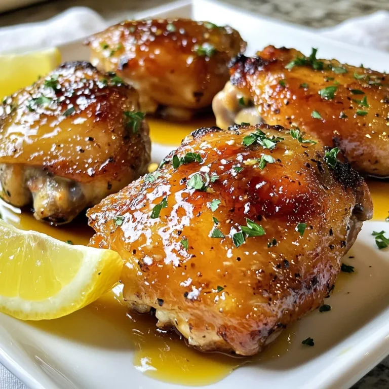 To make honey mustard chicken thighs, you need a few simple ingredients. Here’s what you will need: - 4 bone-in, skin-on chicken thighs - 1/4 cup honey - 1/4 cup Dijon mustard - 2 tablespoons olive oil - 2 cloves garlic, minced - 1 tablespoon apple cider vinegar - 1 teaspoon dried thyme - Salt and pepper to taste - Fresh parsley, chopped (for garnish) - Lemon wedges (for serving) These ingredients come together to create a dish that is both sweet and savory. The honey adds a rich sweetness, while the Dijon mustard gives it a tangy kick. Using bone-in, skin-on chicken thighs ensures that your meal will be juicy and flavorful. Don't skip the garlic; it brings a lovely depth to the sauce. The apple cider vinegar brightens the flavors, making every bite delicious. Feel free to adjust the salt and pepper to your taste. The dried thyme adds a hint of earthiness that pairs well with the chicken. Fresh parsley not only adds color but also a fresh taste when serving. Lastly, the lemon wedges will brighten up the dish when squeezed over the chicken right before eating. Enjoy your cooking! {{ingredient_image_1}} Start by preheating your oven to 400°F (200°C). This heat is key for cooking chicken thighs evenly. Preheating ensures the chicken gets that nice golden brown color. Next, grab a medium bowl. In it, whisk together 1/4 cup honey and 1/4 cup Dijon mustard. Add 2 tablespoons of olive oil, 2 minced garlic cloves, and 1 tablespoon of apple cider vinegar. Mix in 1 teaspoon of dried thyme, along with salt and pepper to taste. Whisk until everything blends well. This mixture gives the chicken a sweet and tangy flavor. Now, take 4 bone-in, skin-on chicken thighs and place them in a large baking dish. Pour the honey mustard mixture over the chicken. Make sure each piece gets a good coat. Use a spoon to drizzle some sauce over the skin. This step helps the skin become crispy and flavorful. It's time to bake! Place the baking dish in your preheated oven. Bake the chicken for about 35-40 minutes. You’ll know it's done when the skin is golden brown and the internal temperature hits 165°F (75°C). If you want an extra crunch, turn on the broiler. Broil the chicken for an additional 3-5 minutes. Keep a close eye on it. You don’t want it to burn! This adds a lovely crispiness to the skin. Once the chicken is done, take it out of the oven. Let it rest for about 5 minutes. This helps the juices settle. Before serving, sprinkle chopped fresh parsley on top for a pop of color. Serve with lemon wedges on the side for added zest. Enjoy your meal! To make the best honey mustard sauce, mix the right amounts. Use equal parts of honey and Dijon mustard for balance. Add olive oil for richness and garlic for flavor. The apple cider vinegar gives a nice tang. You can adjust the taste by adding more mustard for a kick or more honey for sweetness. Always taste as you mix! Choose bone-in, skin-on chicken thighs for juicy meat. The bone keeps the meat moist during cooking. Marinade the chicken in the honey mustard sauce for at least 30 minutes. This allows the flavors to soak in. Bake the chicken at 400°F (200°C) to cook evenly and keep it juicy. For crispy skin, dry the chicken thighs well before cooking. Pat them with a paper towel to remove moisture. Apply the honey mustard sauce generously over the skin. Bake them skin-side up in a hot oven. If you want extra crunch, broil them for a few minutes at the end. Watch closely to avoid burning! Serve honey mustard chicken thighs with lemon wedges for a fresh touch. A side of roasted vegetables or a green salad pairs well. You can also serve it with rice or mashed potatoes to soak up the sauce. Garnish with fresh parsley for color and extra flavor. Enjoy your meal! Pro Tips Marinate for More Flavor: For an even richer taste, marinate the chicken thighs in the honey mustard mixture for at least 1 hour or up to overnight in the refrigerator. Use Fresh Herbs: Replace dried thyme with fresh thyme for a more vibrant flavor. Fresh herbs can elevate the dish significantly. Check Doneness: Always use a meat thermometer to ensure the chicken reaches an internal temperature of 165°F (75°C) for safe consumption. Serve with Sides: This dish pairs wonderfully with roasted vegetables or a fresh salad for a complete meal. {{image_2}} You can add fresh herbs to the honey mustard mix. Rosemary or oregano work well. Chop about a tablespoon of either herb and mix it in. This gives the chicken an extra layer of flavor. The fresh herbs brighten the dish and make it smell amazing. You will enjoy the taste even more! For a kick, add some heat! Mix in a teaspoon of cayenne pepper or chili flakes. This adds spice without overpowering the honey and mustard. Adjust the amount based on your heat tolerance. The spicy version pairs well with a cool side salad. It brings balance to the meal. Grilling gives the chicken a nice smoky flavor. After marinating, cook the chicken thighs on medium heat. Grill each side for about 6-7 minutes. Make sure the chicken reaches an internal temperature of 165°F. The grill marks will make your dish look so appetizing. Serve with fresh lemon to enhance the flavors. You can store leftover honey mustard chicken thighs in the fridge. Place them in an airtight container. They will stay fresh for up to four days. Make sure to let the chicken cool before sealing it up. This step helps keep the chicken juicy. If you want to save honey mustard chicken thighs for later, freezing is a great option. Wrap each thigh tightly in plastic wrap. Then, place them in a freezer-safe bag. You can freeze them for up to three months. When ready to eat, thaw in the fridge overnight for the best results. To reheat chicken thighs, use the oven for the best texture. Preheat your oven to 350°F (175°C). Place the chicken in a baking dish and cover it with foil. Heat for about 20-25 minutes until warm. You can also use a microwave if you're short on time. Just heat in short bursts to avoid drying it out. Yes, you can use boneless chicken thighs. They will cook faster, so check them often. The flavor will still be rich and tasty. Just adjust the cooking time to about 25-30 minutes. Chicken thighs are done when they reach an internal temperature of 165°F (75°C). Use a meat thermometer to check. The skin should be golden brown and crispy. If the juice runs clear, that’s a good sign too. Honey mustard chicken thighs pair well with many sides. Here are some ideas: - Roasted vegetables - Garlic mashed potatoes - Rice or quinoa - Fresh salad - Steamed green beans These sides will balance the flavors and make the meal more complete. Absolutely! You can make the marinade ahead of time. Store it in the fridge for up to 3 days. This lets the flavors blend. Just give it a good stir before using it on the chicken. To adjust the sweetness, you can add more mustard or vinegar. If you want it sweeter, add more honey. Taste as you go. Finding the right balance will make your dish shine. You learned how to make honey mustard chicken thighs using simple steps and ingredients. This dish is easy and tasty, perfect for any meal. Remember to mix your sauce well and check the chicken's doneness for the best results. Try out the variations for new flavors. Store your leftovers properly to enjoy them later. With these tips, you can feel confident in the kitchen. Enjoy your cooking journey!