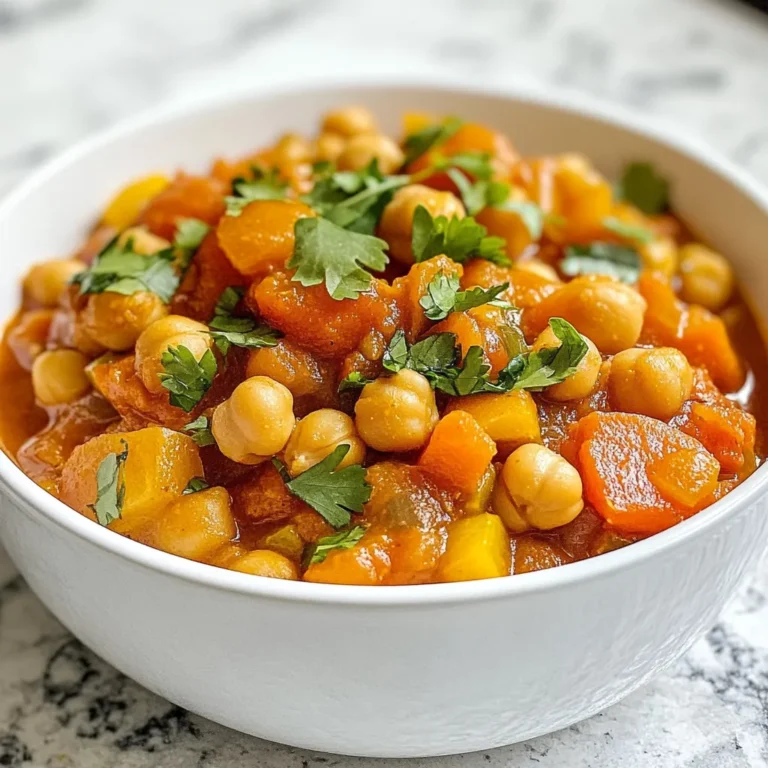 - 1 can (15 oz) chickpeas, drained and rinsed - 1 medium onion, diced - 2 cloves garlic, minced - 1 bell pepper (any color), diced - 2 carrots, sliced - 2 medium tomatoes, diced - 1 cup vegetable broth - 1 can (14 oz) coconut milk - 2 tablespoons tomato paste - 1 tablespoon olive oil In this stew, the chickpeas stand out as a great protein source. They are earthy and filling. The fresh vegetables add a bright crunch and sweetness. I love using bell peppers and carrots for their color and taste. Coconut milk gives the stew a creamy texture. It adds richness without being too heavy. - 1 teaspoon ground cumin - 1 teaspoon ground coriander - 1 teaspoon smoked paprika - 1/2 teaspoon cayenne pepper (adjust to heat preference) - Salt and pepper to taste Spices make this dish special. Cumin and coriander add warmth and depth. Smoked paprika brings a hint of smokiness. If you like heat, cayenne pepper adds a kick. Adjust the salt and pepper to fit your taste. These spices create a rich flavor that warms the soul. - Fresh cilantro Fresh cilantro is a perfect finish. It adds a pop of green and a fresh taste. Just sprinkle it on top before serving. This small step makes a big difference. You can also add a side of warm pita bread or couscous for a complete meal. Each bite will transport you to Morocco! {{ingredient_image_1}} First, heat olive oil in a large pot over medium heat. Add the diced onion. Sauté for about five minutes until the onion looks clear. Next, add the minced garlic. Stir for a minute until you smell the garlic. Now, it is time to add the bell pepper and sliced carrots. Cook these for another three to four minutes. You want them to soften a bit but keep some crunch. Once your veggies are ready, stir in the diced tomatoes. Cook them for about five minutes. This helps them break down and adds flavor. Next, add the drained chickpeas and vegetable broth. Pour in the coconut milk and tomato paste too. Mix everything well so that the flavors combine. Now, sprinkle in ground cumin, ground coriander, smoked paprika, and cayenne pepper. Add salt and pepper to taste. Stir again to blend all the spices evenly. Bring the pot to a gentle boil. Once it bubbles, reduce the heat to low. Cover the pot and let it simmer for 20 to 25 minutes. This cooking time allows the flavors to blend nicely. After simmering, taste the stew. Adjust the seasoning if needed. If it is too thick, you can add more vegetable broth to reach your desired consistency. To boost the flavor of your Moroccan chickpea stew, adjust your spices. Try adding more ground cumin or coriander for a deeper taste. A squeeze of fresh lemon juice at the end brightens the dish. For a spicy kick, add more cayenne pepper, but be careful not to overdo it. To achieve the best texture, ensure your vegetables are cut evenly. This helps them cook at the same rate. Sauté your onions until they turn soft and translucent. This builds a great base flavor. The longer you simmer, the more the flavors blend together. You can make this stew ahead of time. It tastes even better the next day as the flavors deepen. Store it in the fridge for up to three days. To save time, use frozen vegetables. They are easy to add and cut down on prep time. You can also prepare the chickpeas in advance. If you use dried chickpeas, soak them overnight and cook them before adding to the stew. This makes your meal prep even simpler. Serve your Moroccan chickpea stew in deep bowls. Top it with fresh cilantro for a pop of color. Warm pita bread or fluffy couscous makes the perfect side. They soak up the stew’s rich flavors and add a nice texture. You can also serve it with a simple green salad for a fresh contrast. Pro Tips Use Fresh Spices: Freshly ground spices enhance the flavor of your Moroccan Chickpea Stew. If you have whole spices, consider grinding them just before cooking for the best taste. Customize Heat Level: Adjust the cayenne pepper to your heat preference. Start with less and add more as needed to ensure everyone enjoys the dish. Serve with Accompaniments: Pair the stew with warm pita bread, couscous, or rice to make it a more filling meal and to soak up the delicious broth. Make it Ahead: This stew tastes even better the next day! Make it in advance and store it in the refrigerator to let the flavors develop further before serving. {{image_2}} You can boost the protein in your Moroccan chickpea stew. One option is chicken. Cook bite-sized pieces in the pot before adding veggies. Let them brown slightly. You can also use beef or lamb for a heartier flavor. Cook them in the same way. If you want a meat-free option, try tofu. Cube firm tofu and add it with the chickpeas. This gives a nice texture and protein boost. This stew is easy to adapt for different diets. For a gluten-free option, ensure your broth is gluten-free. Most vegetable broths are safe, but check the label. If you're vegan, you're already set! This recipe is naturally vegan due to the chickpeas and coconut milk. You can also use vegetable broth instead of chicken broth if needed. To make your stew even tastier, add more herbs and spices. Fresh ginger adds a warm kick. Just grate a small piece and mix it in. You might also try a pinch of cinnamon for a unique flavor. Fresh herbs like parsley or mint can brighten the dish. Add them just before serving. Don't forget about lemon juice! A squeeze of lemon can really lift the flavors. After you enjoy your Moroccan chickpea stew, store any leftovers in an airtight container. Let the stew cool down before sealing it. Place the container in the fridge. It will stay fresh for about 3 to 5 days. When you're ready to eat, just reheat it on the stove or in the microwave. Stir well to ensure even heating. Freezing the stew is a great way to keep it longer. First, let the stew cool completely. Then, pour it into a freezer-safe container or a zip-top bag. Make sure to leave some space at the top, as liquids expand when frozen. You can freeze it for up to 3 months. To reheat, thaw it overnight in the fridge. Then, heat it on the stove until hot. For the best taste and quality, use the stew within 3 to 5 days if refrigerated. If frozen, aim to eat it within 3 months. Always check for any off smells or changes in color before eating. These signs mean it’s time to toss it out. Enjoy your flavorful dish while it's fresh! You can use several options if you need to swap out coconut milk. Here are a few ideas: - Almond milk (unsweetened) - Soy milk - Oat milk - Heavy cream (for a dairy option) Each choice will change the taste and texture a little. Almond and oat milk are great for a light feel. Heavy cream adds richness but will make it less vegan. This stew stays fresh for about 3 to 4 days in the fridge. Make sure to store it in an airtight container. If you want to keep it longer, consider freezing it. Yes! You can easily prepare this stew in a slow cooker. Here’s how: - Sauté the onions and garlic first for better flavor. - Add all other ingredients to the slow cooker. - Cook on low for 6 to 8 hours or on high for 3 to 4 hours. - Make sure to stir occasionally. If it gets too thick, add more broth. This method lets the flavors blend well and makes it super easy! This blog post covered making a delicious Moroccan Chickpea Stew. You learned about key ingredients, like chickpeas and coconut milk, and how to prepare them. I shared step-by-step instructions and helpful tips for great flavor and texture. You can also explore various protein options and substitutions to fit your diet. Proper storage advice ensures your stew lasts longer. Enjoy your cooking adventure with this hearty meal, packed with flavor and nutrition!