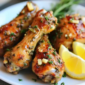 - 8 chicken drumsticks - 1/2 cup unsalted butter, melted - 2 tablespoons olive oil - 4 cloves garlic, minced - 1 tablespoon fresh rosemary, chopped - 1 tablespoon fresh thyme, chopped - 1 tablespoon fresh parsley, chopped - 1 teaspoon paprika - Salt and pepper to taste - Lemon wedges for serving Let’s dive into what makes buttery herb chicken drumsticks so tasty. First, you need chicken drumsticks. They give that rich, juicy flavor that you want. Next, unsalted butter is key. It adds creaminess and depth. Olive oil helps keep things moist and adds a nice touch. Garlic is a must. It brings a fragrant note that pairs well with the chicken. Fresh herbs like rosemary, thyme, and parsley add bright flavors. Each herb shines through and makes the dish special. Paprika adds a hint of warmth and color. Don’t forget salt and pepper. They enhance all the other flavors. Finally, lemon wedges are perfect for serving. They add a fresh, zesty kick that brightens the dish. Gather these ingredients, and you're ready to make a deeply flavorful meal that impresses! {{ingredient_image_1}} Start by preheating your oven to 425°F (220°C). I find that lining a baking sheet with aluminum foil or parchment paper makes cleanup easy. This step is key to keeping your kitchen tidy while cooking! In a large bowl, combine the melted butter and olive oil. Add four cloves of minced garlic, one tablespoon each of chopped rosemary, thyme, and parsley. Sprinkle in one teaspoon of paprika along with salt and pepper to taste. Stir the mixture until it is well combined. This buttery herb mix is the heart of the dish! Next, add the chicken drumsticks to the bowl. Toss them well in the buttery herb mix. Make sure each drumstick gets coated evenly. This ensures every bite is packed with flavor! Place the coated drumsticks on your prepared baking sheet. Make sure to space them out for even cooking. Bake them in the preheated oven for 35 to 40 minutes. Turn the drumsticks halfway through cooking. This helps them brown evenly and reach that golden perfection. Check that the internal temperature hits 165°F (75°C) before taking them out. Once done, remove the drumsticks from the oven. Allow them to rest for about five minutes. This helps the juices settle, making the meat tender. For serving, arrange the drumsticks on a rustic wooden board or platter. Garnish with fresh herbs and add lemon wedges for a bright touch. Just a squeeze of lemon enhances the flavors beautifully! To get that golden brown color, start with high heat. Preheat your oven to 425°F (220°C). This heat helps the skin crisp up nicely. You want to coat the chicken drumsticks evenly in the buttery herb mix. Space them out on the baking sheet. This allows hot air to circulate around each piece. Turn the drumsticks halfway through cooking. This step ensures even browning on all sides. Feel free to play with the herbs in this recipe. If you love basil, use it instead of thyme. Oregano works great too. For a bit of zing, add some crushed red pepper flakes. You can also try using dried herbs if fresh ones are not available. Use about a third of the amount. Mix and match until you find a blend that excites your taste buds. If you prefer grilling, this recipe works well too. Preheat your grill to medium-high heat. Cook the drumsticks for about 25-30 minutes, turning often. This helps them cook evenly and prevents burning. For broiling, set your oven to broil and cook for about 15-20 minutes. Keep a close watch so they do not burn. Always check the internal temperature; it should be 165°F (75°C) for safe eating. Pro Tips Use Room Temperature Chicken: Let the drumsticks sit at room temperature for about 15-20 minutes before cooking. This helps them cook more evenly. Marinate for Extra Flavor: For an even more flavorful dish, marinate the chicken in the buttery herb mixture for a few hours or overnight in the refrigerator. Check Internal Temperature: Use a meat thermometer to ensure the chicken reaches an internal temperature of 165°F (75°C) for safe consumption. Rest Before Serving: Allow the drumsticks to rest for a few minutes after baking. This helps the juices redistribute, keeping the meat tender and juicy. {{image_2}} To add heat, mix in chili flakes or hot sauce. This spice boosts flavor while keeping the dish fun and lively. You can start with a teaspoon of chili flakes and adjust to your taste. A spicy version pairs well with the buttery notes of the chicken. Feel free to change the herbs in this recipe. Using basil, oregano, or even dill can bring new flavors. Each herb has its charm and adds a unique twist. You can use dried herbs if fresh ones are not available. Just remember to use less, as dried herbs are more potent. If you want a gluten-free option, this recipe is easy to adapt. Simply ensure that your butter and any added sauces are gluten-free. You can serve the drumsticks with gluten-free sides, like rice or quinoa, for a complete meal. Always check labels to avoid hidden gluten in sauces. To store your buttery herb chicken drumsticks, let them cool first. Place the leftovers in an airtight container. You can keep them in the fridge for up to three days. If you want to prevent drying out, add a bit of broth to the container before sealing. This keeps the chicken moist and tasty. For the best reheating, use your oven. Preheat it to 350°F (175°C). Place the drumsticks on a baking sheet. Cover them with foil to keep the moisture in. Heat for about 15-20 minutes, until they are warm and juicy. You can also use a microwave, but this may make the skin less crispy. To freeze the chicken, wrap each drumstick tightly in plastic wrap. Then place them in a freezer bag. You can store them for up to three months. When ready to eat, thaw them in the fridge overnight. After thawing, reheat them in the oven for the best taste. You can serve buttery herb chicken drumsticks with many sides. Here are some ideas: - Mashed potatoes - Roasted vegetables - Green salad - Rice or quinoa - Garlic bread Each of these pairs well with the flavors of the chicken. Mashed potatoes soak up the buttery sauce. Roasted veggies add color and crunch. A green salad brings freshness to the plate. Yes, you can use other cuts of chicken. Bone-in thighs or breasts work well. Adjust cooking time based on the cut you choose. Thicker pieces may need longer. Make sure the internal temperature reaches 165°F (75°C) for safety. Check the chicken's internal temperature with a meat thermometer. It should read 165°F (75°C). If you don't have a thermometer, cut into the thickest part. The juices should run clear, not pink. Always ensure chicken is safe to eat. Yes, marinating overnight is a great idea. It allows the flavors to soak in deeply. Use the buttery herb mixture as a marinade. Just cover the chicken and refrigerate. This step adds even more taste to your drumsticks. You can create a delicious meal with the right ingredients and steps. We covered the main tips, from baking drumsticks to adding tasty herbs. Remember to rest your chicken for the best flavor. You can mix things up with spice or herbs. Store leftovers properly to enjoy later. Don’t forget to serve with fresh lemon for extra zest. Enjoy your cooking journey and impress your guests with these easy tips!
