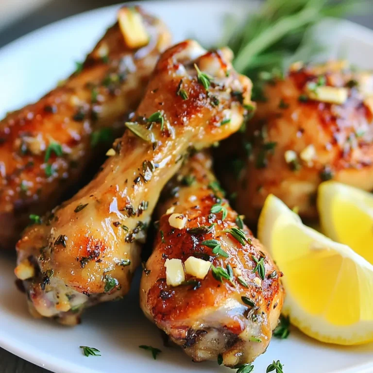 - 8 chicken drumsticks - 1/2 cup unsalted butter, melted - 2 tablespoons olive oil - 4 cloves garlic, minced - 1 tablespoon fresh rosemary, chopped - 1 tablespoon fresh thyme, chopped - 1 tablespoon fresh parsley, chopped - 1 teaspoon paprika - Salt and pepper to taste - Lemon wedges for serving Let’s dive into what makes buttery herb chicken drumsticks so tasty. First, you need chicken drumsticks. They give that rich, juicy flavor that you want. Next, unsalted butter is key. It adds creaminess and depth. Olive oil helps keep things moist and adds a nice touch. Garlic is a must. It brings a fragrant note that pairs well with the chicken. Fresh herbs like rosemary, thyme, and parsley add bright flavors. Each herb shines through and makes the dish special. Paprika adds a hint of warmth and color. Don’t forget salt and pepper. They enhance all the other flavors. Finally, lemon wedges are perfect for serving. They add a fresh, zesty kick that brightens the dish. Gather these ingredients, and you're ready to make a deeply flavorful meal that impresses! {{ingredient_image_1}} Start by preheating your oven to 425°F (220°C). I find that lining a baking sheet with aluminum foil or parchment paper makes cleanup easy. This step is key to keeping your kitchen tidy while cooking! In a large bowl, combine the melted butter and olive oil. Add four cloves of minced garlic, one tablespoon each of chopped rosemary, thyme, and parsley. Sprinkle in one teaspoon of paprika along with salt and pepper to taste. Stir the mixture until it is well combined. This buttery herb mix is the heart of the dish! Next, add the chicken drumsticks to the bowl. Toss them well in the buttery herb mix. Make sure each drumstick gets coated evenly. This ensures every bite is packed with flavor! Place the coated drumsticks on your prepared baking sheet. Make sure to space them out for even cooking. Bake them in the preheated oven for 35 to 40 minutes. Turn the drumsticks halfway through cooking. This helps them brown evenly and reach that golden perfection. Check that the internal temperature hits 165°F (75°C) before taking them out. Once done, remove the drumsticks from the oven. Allow them to rest for about five minutes. This helps the juices settle, making the meat tender. For serving, arrange the drumsticks on a rustic wooden board or platter. Garnish with fresh herbs and add lemon wedges for a bright touch. Just a squeeze of lemon enhances the flavors beautifully! To get that golden brown color, start with high heat. Preheat your oven to 425°F (220°C). This heat helps the skin crisp up nicely. You want to coat the chicken drumsticks evenly in the buttery herb mix. Space them out on the baking sheet. This allows hot air to circulate around each piece. Turn the drumsticks halfway through cooking. This step ensures even browning on all sides. Feel free to play with the herbs in this recipe. If you love basil, use it instead of thyme. Oregano works great too. For a bit of zing, add some crushed red pepper flakes. You can also try using dried herbs if fresh ones are not available. Use about a third of the amount. Mix and match until you find a blend that excites your taste buds. If you prefer grilling, this recipe works well too. Preheat your grill to medium-high heat. Cook the drumsticks for about 25-30 minutes, turning often. This helps them cook evenly and prevents burning. For broiling, set your oven to broil and cook for about 15-20 minutes. Keep a close watch so they do not burn. Always check the internal temperature; it should be 165°F (75°C) for safe eating. Pro Tips Use Room Temperature Chicken: Let the drumsticks sit at room temperature for about 15-20 minutes before cooking. This helps them cook more evenly. Marinate for Extra Flavor: For an even more flavorful dish, marinate the chicken in the buttery herb mixture for a few hours or overnight in the refrigerator. Check Internal Temperature: Use a meat thermometer to ensure the chicken reaches an internal temperature of 165°F (75°C) for safe consumption. Rest Before Serving: Allow the drumsticks to rest for a few minutes after baking. This helps the juices redistribute, keeping the meat tender and juicy. {{image_2}} To add heat, mix in chili flakes or hot sauce. This spice boosts flavor while keeping the dish fun and lively. You can start with a teaspoon of chili flakes and adjust to your taste. A spicy version pairs well with the buttery notes of the chicken. Feel free to change the herbs in this recipe. Using basil, oregano, or even dill can bring new flavors. Each herb has its charm and adds a unique twist. You can use dried herbs if fresh ones are not available. Just remember to use less, as dried herbs are more potent. If you want a gluten-free option, this recipe is easy to adapt. Simply ensure that your butter and any added sauces are gluten-free. You can serve the drumsticks with gluten-free sides, like rice or quinoa, for a complete meal. Always check labels to avoid hidden gluten in sauces. To store your buttery herb chicken drumsticks, let them cool first. Place the leftovers in an airtight container. You can keep them in the fridge for up to three days. If you want to prevent drying out, add a bit of broth to the container before sealing. This keeps the chicken moist and tasty. For the best reheating, use your oven. Preheat it to 350°F (175°C). Place the drumsticks on a baking sheet. Cover them with foil to keep the moisture in. Heat for about 15-20 minutes, until they are warm and juicy. You can also use a microwave, but this may make the skin less crispy. To freeze the chicken, wrap each drumstick tightly in plastic wrap. Then place them in a freezer bag. You can store them for up to three months. When ready to eat, thaw them in the fridge overnight. After thawing, reheat them in the oven for the best taste. You can serve buttery herb chicken drumsticks with many sides. Here are some ideas: - Mashed potatoes - Roasted vegetables - Green salad - Rice or quinoa - Garlic bread Each of these pairs well with the flavors of the chicken. Mashed potatoes soak up the buttery sauce. Roasted veggies add color and crunch. A green salad brings freshness to the plate. Yes, you can use other cuts of chicken. Bone-in thighs or breasts work well. Adjust cooking time based on the cut you choose. Thicker pieces may need longer. Make sure the internal temperature reaches 165°F (75°C) for safety. Check the chicken's internal temperature with a meat thermometer. It should read 165°F (75°C). If you don't have a thermometer, cut into the thickest part. The juices should run clear, not pink. Always ensure chicken is safe to eat. Yes, marinating overnight is a great idea. It allows the flavors to soak in deeply. Use the buttery herb mixture as a marinade. Just cover the chicken and refrigerate. This step adds even more taste to your drumsticks. You can create a delicious meal with the right ingredients and steps. We covered the main tips, from baking drumsticks to adding tasty herbs. Remember to rest your chicken for the best flavor. You can mix things up with spice or herbs. Store leftovers properly to enjoy later. Don’t forget to serve with fresh lemon for extra zest. Enjoy your cooking journey and impress your guests with these easy tips!
