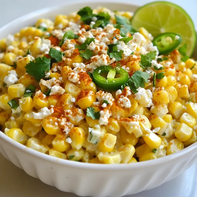 To make the best Mexican Street Corn Salad, gather these fresh and tasty ingredients: - Fresh corn: 4 ears, husked - Creamy base: 1/2 cup mayonnaise, 1/4 cup sour cream - Spices and seasonings: 1 teaspoon chili powder, 1/2 teaspoon smoked paprika, salt and pepper to taste - Fresh produce: 1 lime, juiced, 1/4 cup fresh cilantro, chopped - Cheese: 1/2 cup Cotija cheese, crumbled - Optional heat: 1 jalapeño, finely diced Each ingredient plays a key role. The corn gives sweetness and crunch. The creamy base adds richness. The spices bring warmth, while lime juice brightens the dish. Fresh cilantro adds a burst of flavor. Cotija cheese gives a salty finish. If you like heat, the jalapeño offers a spicy kick. Make sure to use fresh corn for the best taste. You can find corn at local farmers' markets or grocery stores. Fresh ingredients lead to a vibrant salad that sings with flavor. Enjoy the process of gathering these items! {{ingredient_image_1}} Boil a large pot of water. Once it boils, add the husked corn. Cook it for about 5 to 7 minutes. You want the corn to be tender. After cooking, remove it from heat and let it cool down. Once it's cool, carefully slice the kernels off the cob. Place those kernels in a large mixing bowl. In a separate bowl, whisk together the creamy ingredients. Use 1/2 cup of mayonnaise and 1/4 cup of sour cream. Add in 1 teaspoon of chili powder and 1/2 teaspoon of smoked paprika. Squeeze the juice of 1 lime into the bowl. Season with salt and pepper to your liking. Mix until everything is well combined. Pour the dressing mixture over the corn. Toss the corn to coat it evenly with the dressing. Next, gently fold in 1/2 cup of crumbled Cotija cheese. Add in 1/4 cup of chopped cilantro and the diced jalapeño if you want some heat. Mix until just combined. Refrigerate the salad for about 30 minutes. This helps the flavors meld together. When ready to serve, you can serve it chilled or at room temperature. For a nice finish, top the salad with extra Cotija cheese and a sprinkle of chili powder. Enjoy your fresh and tasty Mexican Street Corn Salad! To make your salad pop, choose the right spices. I like to use chili powder and smoked paprika. One teaspoon of chili powder brings nice heat, while half a teaspoon of smoked paprika adds depth. Mix them well for a balanced taste. Fresh ingredients are key. Use sweet, ripe corn and fresh lime juice. These will make a big difference in flavor. Cotija cheese is traditional, but you can switch it up. Try feta or goat cheese for a tangy twist. If you want more flavor, use grilled corn. Grill the corn for a few minutes to add smokiness. This brings a new layer of taste that is simply delightful. Husking corn can be a chore. A quick tip: use a sharp knife and cut off the top of the ear. Pull down the husk easily. For make-ahead advice, prepare the salad a day early. Just keep it in the fridge. The flavors will blend nicely, making it even tastier. Pro Tips Choose Fresh Corn: The fresher the corn, the sweeter and more flavorful your salad will be. Look for bright green husks and plump kernels. Adjust the Heat: If you like your salad spicy, add more diced jalapeños or even a dash of hot sauce to the dressing. Make Ahead: This salad can be made a few hours in advance. Just keep it chilled until you're ready to serve for optimal flavor. Garnish Wisely: For an extra touch, garnish with lime wedges and a sprinkle of extra Cotija cheese just before serving. {{image_2}} You can make this salad your own by adding proteins. Grilled chicken or shrimp works well. These add a nice touch and make it a complete meal. For a plant-based version, consider using black beans or chickpeas. They add protein and fiber while keeping it vegan. Different regions of Mexico use various cheeses. You can try feta or queso fresco for a different flavor. You can also infuse unique spices and herbs. Cumin adds warmth. Fresh basil gives a new twist. Just remember to balance the flavors. Pair this salad with tacos or grilled meats for a great meal. You can also serve it as a dip with tortilla chips. For creative presentations, use mason jars or small cups to serve. It makes a fun dish for parties or gatherings. To keep your Mexican Street Corn Salad fresh, place it in an airtight container. Make sure to seal it tightly to avoid air exposure. Store it in the fridge. This salad stays good for about 3 to 5 days. The flavors will blend nicely over time, but it's best to eat it fresh. If you want to save some for later, you can freeze it. First, scoop the salad into a freezer-safe container. Leave some space at the top because it will expand. It can last up to 2 months in the freezer. To enjoy later, take it out and let it thaw in the fridge overnight. When you're ready to eat, just stir it well. You may want to add fresh lime juice or more cheese for extra flavor. Fresh sweet corn is the best choice. I prefer using corn on the cob for this salad. It brings a juicy, sweet flavor that frozen corn can't match. Look for corn with bright yellow kernels and green husks. This ensures freshness and taste. Yes, you can make this salad ahead of time. I recommend preparing it a few hours before you want to serve it. This gives the flavors time to mix. Just keep it in the fridge until you’re ready to enjoy. The salad lasts about 3 days in the fridge. Make sure to store it in an airtight container. After a couple of days, the flavors may change, but it should still taste good. Absolutely! You can swap out the mayonnaise and sour cream for dairy-free options. Look for vegan mayonnaise and plant-based yogurt. This keeps the creaminess while making it dairy-free. This salad pairs well with many dishes. Try serving it with grilled meats like chicken or steak. It also goes great with tacos or burritos. You can even enjoy it as a side with chips and salsa for a fun snack! This blog post covered how to make a delicious Mexican Street Corn Salad. You learned about the fresh ingredients, steps to prepare, and tips for best flavor. I shared variations to suit your taste and storage tips to keep leftovers fresh. Don’t be afraid to customize your salad or try new flavors. You now have all the tools needed to create your perfect dish. Enjoy making and sharing this fun recipe with others!