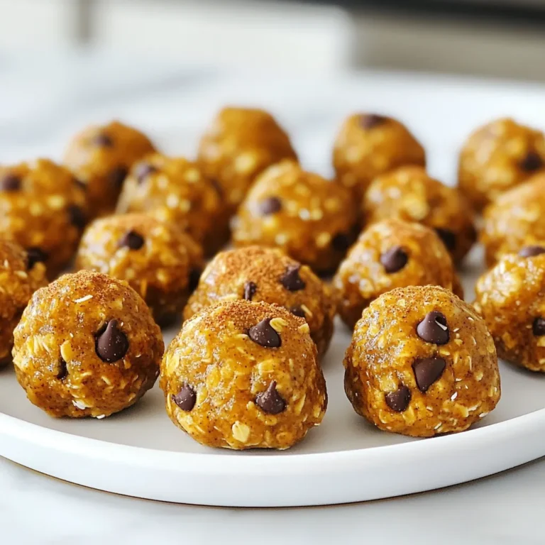 To make Pumpkin Spice Energy Bites, gather these ingredients: - 1 cup rolled oats - 1/2 cup almond butter (or any nut butter) - 1/2 cup canned pumpkin puree - 1/4 cup honey or maple syrup - 1/4 cup ground flaxseed - 1 teaspoon vanilla extract - 1 teaspoon pumpkin pie spice (or a mix of cinnamon, nutmeg, and ginger) - 1/2 cup chocolate chips or dried fruits (optional) - A pinch of salt These ingredients blend to create a tasty snack. The oats give a nice texture. The almond butter adds healthy fats. Pumpkin puree brings moisture and flavor. Honey or maple syrup sweetens the mix. Ground flaxseed packs fiber and nutrients. You can change some ingredients if needed. Here are a few swaps: - Nut butter: Use peanut butter, cashew butter, or sunflower seed butter. - Sweetener: If you prefer, use agave syrup or brown rice syrup. - Pumpkin pie spice: Make your own with equal parts cinnamon, nutmeg, and ginger. - Add-ins: Instead of chocolate chips, try nuts, seeds, or coconut flakes. These substitutions help you customize the bites to your taste or dietary needs. Each serving of Pumpkin Spice Energy Bites has about: - Calories: 120 - Protein: 3g - Fat: 5g - Carbohydrates: 16g - Fiber: 3g - Sugar: 4g These bites give you a good energy boost. They are perfect for a snack or a quick breakfast. Enjoy knowing you are fueling your body with wholesome ingredients. {{ingredient_image_1}} To make pumpkin spice energy bites, start by gathering all your ingredients. You will need rolled oats, almond butter, canned pumpkin puree, honey, ground flaxseed, vanilla extract, pumpkin pie spice, and salt. If you want, add chocolate chips or dried fruit. This recipe is easy and quick, taking about 15 minutes to prep. In a large mixing bowl, add these ingredients: - 1 cup rolled oats - 1/2 cup almond butter - 1/2 cup canned pumpkin puree - 1/4 cup honey or maple syrup - 1/4 cup ground flaxseed - 1 teaspoon vanilla extract - 1 teaspoon pumpkin pie spice - A pinch of salt Mix them well until everything is combined. The mixture should feel sticky and firm. If it seems too dry, add a tablespoon of water or more nut butter to fix it. If you like, fold in the chocolate chips or dried fruits for added flavor and texture. Now comes the fun part: rolling the bites! Take small portions of the mixture with your hands. Roll each portion into a ball about 1 inch wide. Place the rolled bites on a baking sheet topped with parchment paper. Once you have rolled all the mixture, refrigerate the bites for at least 30 minutes. This helps them firm up nicely. Store them in an airtight container in your fridge for up to a week. You can freeze them for longer storage too! Enjoy your tasty and healthy snack! To get the best texture, you want your mix to be sticky yet firm. If it feels too dry, add a tablespoon of water or more nut butter. This will help bind everything together. When you roll the mixture into balls, the heat from your hands makes it easier to shape. The perfect bite should hold its form but also feel soft when you bite into it. You can easily change the flavor of your energy bites. Try using different nut butters, like peanut or cashew. You can also swap out pumpkin puree for sweet potato or applesauce. For a crunchier texture, add nuts or seeds. To change the spice, mix in some cocoa powder or add more cinnamon. Let your taste guide you! Store your energy bites in an airtight container. They last up to a week in the fridge. For longer storage, place them in the freezer. When serving, these bites are great for snacks or quick energy. Pair them with fruit or yogurt for a fun treat. You can also pack them for lunch or take them on hikes for a boost! Pro Tips Use Fresh Pumpkin: For the best flavor, use fresh pumpkin puree instead of canned. Roast a sugar pumpkin, scoop out the flesh, and blend until smooth. Customize Your Sweetness: Adjust the amount of honey or maple syrup based on your sweetness preference. You can also substitute with a sugar-free sweetener if desired. Experiment with Mix-ins: Feel free to add nuts, seeds, or coconut flakes for extra texture and nutrition. Get creative with your favorite additions! Store Properly: For longer shelf life, freeze the energy bites. They are easy to grab as a quick snack straight from the freezer! {{image_2}} You can easily make these bites vegan and gluten-free. Use maple syrup in place of honey. Choose gluten-free oats to ensure no gluten sneaks in. Almond butter works great, but you can use sunflower seed butter for a nut-free option. Mix it up with different flavors! Instead of chocolate chips, try dried cranberries or raisins. You can add nuts like walnuts or pecans for extra crunch. If you want a protein boost, toss in some protein powder. Change the flavors with the seasons! In fall, add chopped apples or pears for a fruity twist. For winter, try peppermint extract and crushed candy canes. Spring and summer can bring in fresh berries or coconut flakes. Each season offers a chance to create something new! To keep your Pumpkin Spice Energy Bites fresh, store them in an airtight container. This method prevents moisture and air from making them soggy. Place the container in the refrigerator. It helps maintain their taste and texture. If you want them to last longer, consider freezing them. Freezing these bites is easy. First, roll them into balls as directed. Then, place them on a baking sheet. Make sure they are not touching each other. Freeze the bites for about two hours. After they are firm, transfer them to a freezer-safe bag or container. Label the bag with the date. This way, you know when you made them. In the fridge, your energy bites stay fresh for about a week. If you freeze them, they can last up to three months. Just remember to thaw them in the fridge overnight before you eat them. This method keeps their flavor and texture intact. Enjoy your snacks anytime! Yes, you can! Almond butter is great, but you can also use peanut butter or cashew butter. Each nut butter gives a unique taste. If you want a nut-free option, try sunflower seed butter. It works well and keeps things safe for schools. The energy bites are ready when they are firm and hold their shape. After mixing, form them into balls and chill them in the fridge for at least 30 minutes. This cooling time helps them set up perfectly. If they feel too sticky, let them chill a bit longer. These energy bites are super versatile! You can enjoy them as a snack on their own or pair them with yogurt for breakfast. They make a great pick-me-up before or after exercise. You can also serve them at parties for a fun treat. If you want, try drizzling some extra honey or chocolate on top for a special touch! In this post, I covered how to make energy bites. We explored ingredients, helpful tips, and different variations. You learned about customizing flavors and the best storage methods. Energy bites are easy and fun to make. Remember, you can mix, match, and enjoy unique flavors. They are a great snack for everyone. Try them out and experiment. Enjoy the process and share your results with others!
