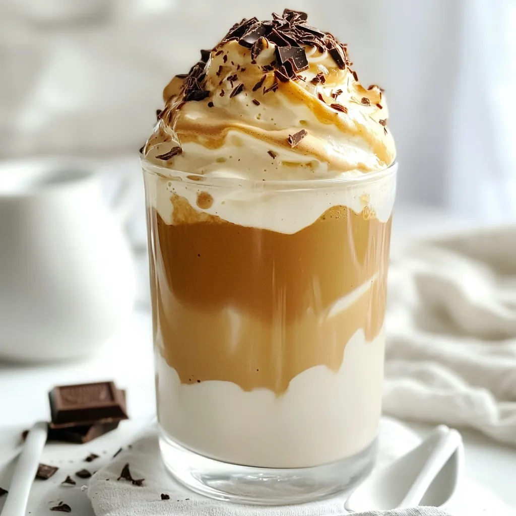 Here’s what you need to make Mocha Dalgona Whipped Coffee: - 2 tablespoons instant coffee - 2 tablespoons unsweetened cocoa powder - 2 tablespoons granulated sugar - 2 tablespoons hot water - 1 cup milk (dairy or non-dairy) - A pinch of salt - Chocolate shavings or cocoa powder for garnish Each ingredient plays a key role in creating this rich and creamy treat. The instant coffee gives that strong coffee flavor. Unsweetened cocoa powder adds a nice chocolate taste. Granulated sugar sweetens the mix just right. Hot water helps dissolve everything smoothly. You can choose dairy or non-dairy milk based on your taste. For a little extra flavor, you can add things like vanilla or hazelnut syrup. Finally, the garnishing options like chocolate shavings or cocoa powder make it look fancy! Enjoy your Mocha Dalgona Whipped Coffee as a special treat or a pick-me-up during the day. {{ingredient_image_1}} To make Mocha Dalgona whipped coffee, start by mixing the dry ingredients. In a bowl, add 2 tablespoons of instant coffee, 2 tablespoons of unsweetened cocoa powder, and 2 tablespoons of granulated sugar. Don't forget a pinch of salt; it enhances the taste. Next, pour in 2 tablespoons of hot water. Now, use a hand mixer or a whisk to whip the mixture. Beat it on high speed for about 2 to 4 minutes. You want it to turn light and frothy, similar to thick cream. The key is to whip until it holds peaks. Once your whipped coffee is ready, it's time to combine it with milk. Grab a serving glass and pour in 1 cup of milk. You can use cold, hot, or iced milk, depending on what you like. Leave some space at the top for the whipped coffee. Spoon the whipped coffee mixture over the milk. This creates a lovely layered look. You can mix them together before drinking or leave them layered for a beautiful presentation. For the finishing touch, add some garnishes. Chocolate shavings or a sprinkle of cocoa powder work great. These not only add flavor but also make your drink look fancy. Enjoy this rich and creamy treat! To get that perfect froth for your Mocha Dalgona coffee, whip it for 2-4 minutes. You want it to look thick and creamy. If you use a hand mixer, it saves time and energy. A whisk works too, but it takes longer. If you’re up for it, try whisking by hand for a workout! You can change the sweetness and cocoa levels to fit your taste. If you like it sweeter, add more sugar. If you want a richer chocolate taste, add more cocoa. Start small, taste, and adjust. This way, you can make it just how you like it! You can enjoy this treat anytime! It’s perfect for brunch, afternoon coffee breaks, or after dinner. Serve it with friends or keep it all to yourself. You can also impress guests by layering it in a glass. Don't forget to sprinkle some chocolate shavings on top for a fancy look! Pro Tips Use Fresh Ingredients: Always use fresh instant coffee and cocoa powder for the best flavor. Stale ingredients can result in a flat taste. Adjust Sweetness: Feel free to modify the sugar according to your taste. If you prefer a less sweet drink, start with 1 tablespoon and adjust from there. Milk Variety: Experiment with different types of milk, such as almond, oat, or coconut milk, to create unique flavor profiles. Presentation Matters: For a stunning visual, layer the whipped coffee gently on top of the milk and avoid stirring until ready to sip. {{image_2}} You can add syrups to your Mocha Dalgona whipped coffee for extra taste. Try vanilla or hazelnut syrups. These flavors mix well with coffee and cocoa. Just add one or two tablespoons to the whipped mix. This small change gives your drink a whole new twist. You can also use flavored creamers for a fun touch. The strength of your coffee can change the flavor. Different brands of instant coffee have unique tastes. Some might be bold, while others are smooth. Experiment with brands to find your favorite. If you want a stronger taste, use more coffee. For a milder drink, use less. Adjusting the amount can make a big difference. If you prefer a vegan Mocha Dalgona whipped coffee, there are easy swaps. Use dairy-free milk like almond, oat, or soy. These milks work well and keep the drink creamy. You can also try coconut milk for a tropical flavor. Make sure to choose unsweetened options to control sugar. With these choices, everyone can enjoy this treat! If you have leftover whipped coffee, store it in an airtight container. Refrigerate it right away. This keeps it fresh and tasty for later. It’s best to use it within 2 days. If you wait too long, it may lose its fluffy texture. For unused milk, keep it in its original container. Make sure it’s tightly closed. Store it in the fridge. If you use non-dairy milk, check the label for shelf life. Some need to be used faster than others. To refresh leftover whipped coffee, use a hand mixer. Whip it on medium speed until it becomes frothy again. If it seems too thick, add a little hot water. This helps bring back its creamy texture. Enjoy it over fresh milk for a delightful treat! Dalgona coffee is a whipped coffee drink. It became popular on social media. You mix instant coffee, sugar, and hot water. Then you whip it until it gets fluffy. This whipped mix goes on top of milk. It looks great and tastes rich. No, you need instant coffee for Dalgona. Regular brewed coffee won’t whip up. Instant coffee dissolves in water, which is key. This is what gives it the thick foam. To make it iced, start with cold milk. You can add ice to your glass first. Then, follow the same steps to whip your coffee mix. Spoon it over the cold milk and ice. It’s refreshing and delicious! Mocha Dalgona coffee can be healthier, depending on your choices. You can use less sugar or non-dairy milk. This drink has cocoa too, which is full of antioxidants. However, it still has sugar and calories, so enjoy it in moderation. Yes, you can make a large batch! Just multiply the ingredients by how many servings you want. Make sure to whip it in a bigger bowl. Then, serve it over milk in separate glasses. This blog post covered how to make Mocha Dalgona coffee. We explored ingredients, preparation, and serving. You learned tips for perfect froth and delicious variations. Remember, you can customize it all to your taste. Enjoy this drink any time of day, and don’t hesitate to get creative. Keep practicing those whipping techniques for the best texture. With a few simple steps, you can impress your friends and family with this tasty treat.