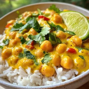 To make Coconut Curry Chickpeas, you need a few simple ingredients. Each one plays a key role in the dish's flavor and texture. - 2 cups canned chickpeas, drained and rinsed - 1 can (13.5 oz) coconut milk - 1 medium onion, chopped - 3 cloves garlic, minced - 1-inch piece ginger, grated - 2 tablespoons red curry paste - 1 tablespoon olive oil - 1 tablespoon soy sauce - 1 teaspoon turmeric powder - 1 teaspoon cumin powder - Salt, to taste - Fresh cilantro, for garnish - Cooked basmati rice, for serving Each ingredient adds something special. The chickpeas provide protein and heartiness. Coconut milk gives the dish its creamy base. Fresh onion, garlic, and ginger create a fragrant aroma. The red curry paste adds heat and depth, while turmeric and cumin bring warmth and color. When you gather these ingredients, think about their harmony. Each one works together to make a savory and comforting meal. Enjoy the process of cooking with these wonderful flavors! {{ingredient_image_1}} 1. Heat the olive oil in a large skillet over medium heat. 2. Add the chopped onion. Cook for about 4-5 minutes until it softens and turns clear. 3. Stir in the minced garlic and grated ginger. Cook for 1-2 minutes until they smell great. 4. Add the red curry paste to the skillet. Stir well to coat the onions, then cook for another minute. 1. Pour in the coconut milk and soy sauce. 2. Add the turmeric powder and cumin powder. Stir to mix everything well. 3. Bring the mixture to a gentle simmer. 4. Now, add the drained chickpeas. Stir well to coat them in the curry sauce. 5. Let the curry simmer for about 15 minutes. This helps the flavors blend and the sauce thicken. 1. Taste the curry and add salt as needed. 2. Once done, remove the skillet from heat. 3. Garnish the dish with fresh cilantro before serving. Serve your coconut curry chickpeas over fluffy basmati rice for a comforting meal. Enjoy! To make your coconut curry chickpeas just right, start with spice levels. If you want more heat, add extra red curry paste. For a milder taste, reduce the amount or skip it altogether. Always taste as you go to find your perfect balance. You can also enhance the dish with more ingredients. Try adding bell peppers or spinach for extra nutrition and flavor. A squeeze of lime juice before serving can brighten up the taste. Fresh herbs like basil or mint can add a nice twist too. Proper sautéing is key to a great curry. Heat your olive oil on medium heat. Add the onions first and let them soften for about 4-5 minutes. This step builds a nice base for your flavors. Once the onions are translucent, add garlic and ginger. Stir them for just a minute or two until they smell amazing. Simmering is important for thickness. After adding the coconut milk and chickpeas, let the curry simmer for about 15 minutes. This allows the flavors to blend well. It also helps the sauce thicken slightly. Keep an eye on it and stir occasionally to prevent sticking. Pro Tips Adjust the Spiciness: If you prefer a milder curry, start with half the amount of red curry paste and adjust to taste as it cooks. Enhance the Flavor: Add a squeeze of lime juice just before serving for a zesty kick that brightens up the dish. Make it Creamier: For a richer texture, use full-fat coconut milk instead of light coconut milk. Add Veggies: Incorporate your favorite vegetables, such as spinach or bell peppers, to increase the nutritional value and add color to your curry. {{image_2}} You can play with the ingredients in coconut curry chickpeas. If you want a different texture, use alternative beans like black beans or kidney beans. They add a unique taste and color. For proteins, tofu or tempeh work well. They soak up the curry flavors nicely. If you want to switch the curry paste, try yellow or green curry paste. Each type gives a different flavor profile and heat level. Adapting this dish for different diets is easy. For a vegan option, stick with the current recipe. It is already plant-based and dairy-free. If you need gluten-free options, use tamari instead of soy sauce. It tastes great and keeps the dish gluten-free. Always check labels to ensure your ingredients meet your dietary needs. Feel free to get creative with these swaps and adjustments. Each change can make this dish your own. To keep your Coconut Curry Chickpeas fresh, store them in an airtight container. Place them in the fridge within two hours of cooking. They will last up to four days. If you want to keep them longer, consider freezing. Transfer the curry to a freezer-safe container. It can stay good for up to three months. Be sure to leave some space at the top since the curry may expand when frozen. When it's time to enjoy your leftovers, reheating is key. For the best taste, use a skillet on medium heat. Stir the curry often to ensure even heating. You can add a splash of water or coconut milk if it seems too thick. If you prefer the microwave, place the curry in a bowl. Cover it loosely to allow steam to escape. Heat in short bursts, stirring in between, until it's warm. This method helps keep the flavor and texture just right. Coconut curry chickpeas last about 3 to 5 days in the fridge. Store them in an airtight container. This keeps the dish fresh and tasty. Always check for any off smells or changes in color before eating leftovers. Yes, you can make this dish in advance. It tastes even better the next day. The flavors meld well overnight. Just cool it completely before storing it in the fridge. This makes it easy for meal prep or a busy weeknight dinner. You can serve coconut curry chickpeas with a few different sides. Here are some great options: - Basmati rice: This is the classic pairing. The rice soaks up the sauce. - Quinoa: This adds a nutty flavor and extra protein. - Naan bread: Perfect for scooping up the curry. - Steamed vegetables: Broccoli or green beans add color and nutrition. Feel free to mix and match based on your taste! In this post, we explored making Coconut Curry Chickpeas. We started with the key ingredients, like chickpeas and coconut milk, and detailed each step for preparation and cooking. I shared tips to master flavor and technique, plus variations to suit any diet. Finally, we covered storage and reheating for your leftovers. Cooking this dish opens doors to endless flavor and health perks. Dive in and enjoy all the goodness!