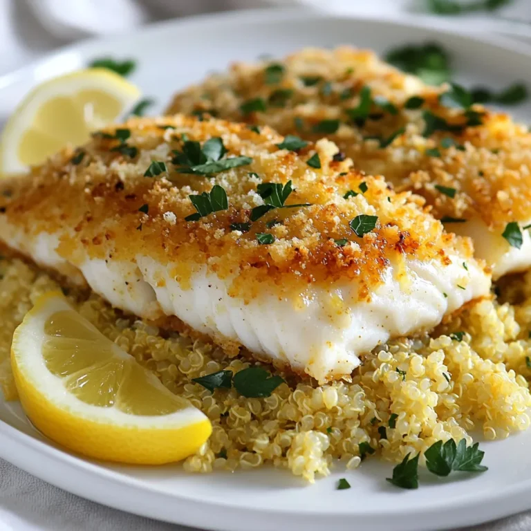 To make Parmesan crusted cod, you need a few simple ingredients. Here’s what you’ll need: - 4 cod fillets (approx. 6 oz each) - 1 cup grated Parmesan cheese - 1/2 cup breadcrumbs (preferably panko for extra crunch) - 2 tablespoons fresh parsley, chopped - 1 tablespoon lemon zest - 2 cloves garlic, minced - 1/4 teaspoon red pepper flakes (optional for a kick) - Salt and pepper to taste - 2 tablespoons Dijon mustard - 2 tablespoons olive oil These ingredients come together to create a dish that is both tasty and easy to prepare. If you don’t have some of these fresh items, don’t worry! Here are some easy swaps: - Cod fillets: You can use other white fish, like haddock or tilapia. - Fresh parsley: Dried parsley works too, but use less since it’s more potent. - Lemon zest: Use lemon juice in a pinch, but zest adds more flavor. - Garlic: Garlic powder can replace fresh garlic if you’re out. These swaps will still give you a delicious meal, so feel free to get creative! This recipe shines with the right seasonings. Here are some ideas to enhance your dish: - Herbs: Try adding thyme or basil for a different flavor. - Spices: A touch of paprika adds a nice color and flavor. - Condiments: You can mix some mustard with honey for a sweet twist. Experimenting with seasonings can give your Parmesan crusted cod a unique flair. Enjoy the process and make it your own! {{ingredient_image_1}} Start by preheating your oven to 400°F (200°C). This makes sure the oven is hot enough for baking. Next, take your cod fillets and pat them dry with paper towels. Drying helps the crust stick better. Sprinkle a little salt and pepper on both sides of the fillets for flavor. This simple step makes a big difference. In a mixing bowl, combine these ingredients: - 1 cup grated Parmesan cheese - 1/2 cup breadcrumbs (preferably panko for extra crunch) - 2 tablespoons fresh parsley, chopped - 1 tablespoon lemon zest - 2 cloves garlic, minced - 1/4 teaspoon red pepper flakes (optional for a kick) - Salt and pepper to taste Mix all these ingredients well. This creates a tasty crust that adds flavor and texture to your cod. The Parmesan cheese gives a nice salty taste, while the parsley adds freshness. If you like some heat, the red pepper flakes will do the trick. Now, it’s time to put everything together. First, spread a thin layer of Dijon mustard on the top of each cod fillet. This helps the crust stick and adds a tangy flavor. Then, press the Parmesan mixture onto the mustard-coated side of each fillet. Make sure to cover it well for a thick crust. Next, drizzle a bit of olive oil over the crust for richness and to help it brown nicely. Place the crusted cod fillets on a baking sheet lined with parchment paper. Bake in your preheated oven for 12-15 minutes. The cod is done when it reaches an internal temperature of 145°F. The crust should be golden brown and delicious. Once baked, let the cod rest for a couple of minutes before serving. This helps keep the fish juicy. Enjoy your meal! To get a great crust, use panko breadcrumbs. They add extra crunch. Mix the breadcrumbs well with Parmesan cheese, parsley, and spices. This mix should feel thick and rich. When you press it onto the cod, make sure it sticks well. The Dijon mustard helps with this. Don’t rush this step. A good crust makes each bite special. Parmesan crusted cod goes well with many sides. Try serving it on lemon-herb quinoa. This adds a bright flavor that complements the fish. Steamed vegetables like broccoli or green beans work too. You can also serve it with a fresh salad. A light vinaigrette can balance the richness of the cod. Cook your cod at 400°F (200°C). Bake for 12-15 minutes until the crust is golden. The fish should reach an internal temperature of 145°F. Use a quick-read thermometer for best results. Let it rest for a few minutes after baking. This helps keep the fish moist and flavorful. Pro Tips Use Fresh Ingredients: Fresh cod and high-quality Parmesan can make a significant difference in flavor. Always opt for fresh, wild-caught cod when possible. Customize the Crust: Feel free to experiment with different herbs or spices in the breadcrumb mixture, such as thyme or smoked paprika, to match your taste preferences. Don’t Overbake: Keep an eye on the cod while it bakes to avoid drying it out. The fish is done when it flakes easily with a fork and reaches an internal temperature of 145°F. Pair with Sides: This dish pairs beautifully with a light salad or roasted vegetables, which complement the richness of the Parmesan crust. {{image_2}} You can change the flavor of Parmesan crusted cod by using different herbs. Try adding dill or basil for a fresh taste. Oregano gives a nice earthy flavor. You can also use thyme for a warm touch. Just chop up a tablespoon and mix it into the crust. This simple change can make your dish feel new and exciting. If you don't have cod, no problem! You can use other fish like haddock or tilapia. Both have a mild flavor and work well with the Parmesan crust. Salmon is another great choice. It has a richer taste and holds up well during cooking. Just adjust the cooking time based on the thickness of the fish. To make this dish gluten-free, swap out the breadcrumbs. You can use gluten-free panko or crushed gluten-free crackers. They will still give you that nice crunch. If you want, you can also use ground almonds or coconut flakes for a different texture. Just make sure to check the labels for any hidden gluten. Enjoy your tasty, gluten-free meal! Store any leftover Parmesan crusted cod in an airtight container. Make sure to let it cool first. Place it in the fridge. It can last up to three days. If you want to keep it longer, freezing is a great option. To reheat, preheat your oven to 350°F (175°C). Place the cod on a baking sheet. Cover it with foil to keep it moist. Heat for about 10-12 minutes. You can also use a microwave. Just heat for 1-2 minutes, but this may soften the crust. You can freeze Parmesan crusted cod if you need to. Wrap each piece in plastic wrap. Then, place them in a freezer-safe bag. This way, they won’t get freezer burn. They can stay in the freezer for about two months. When you’re ready, thaw in the fridge overnight, then reheat. Enjoy the flavors again! Yes, you can use frozen cod fillets. Just thaw them first. To thaw, leave them in the fridge overnight or run them under cold water for a quick method. Make sure to pat them dry before seasoning and adding the crust. This way, you get a nice, crispy texture. Parmesan crusted cod pairs well with many sides. Here are some ideas: - Lemon-herb quinoa for a fresh touch - Steamed green beans or asparagus for crunch - A light salad with mixed greens and vinaigrette - Roasted potatoes or sweet potatoes for heartiness These sides will balance the flavors and make your meal complete. To check if your cod is done, look for a few signs: - The fish should be opaque and flaky. - The internal temperature should reach 145°F. - When you poke it with a fork, it should break apart easily. Use a meat thermometer for the best results. This ensures you get tasty, perfectly cooked cod every time. This blog post covered all you need for Parmesan crusted cod. We started with ingredients, discussing key items and substitutions. I shared steps for prepping and baking the cod. You learned tips for a perfect crust and pairing ideas. Variations included herbs, other fish, and gluten-free options. Lastly, I provided storage tips and answered common questions. Enjoy cooking this tasty dish! You now have all the tools to make it great.