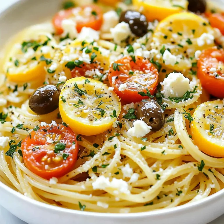 To make One-Pot Greek Lemon Pasta, you need a few key items. Here’s a list of ingredients to gather: - Pasta choice: 12 ounces of spaghetti or linguine - Key seasonings: 2 tablespoons of olive oil, 4 cloves of garlic (minced), 1 teaspoon of dried oregano, 1 teaspoon of dried thyme, and 1/2 teaspoon of red pepper flakes (optional) - Essential liquid: 4 cups of vegetable broth - Flavor enhancers: Zest and juice of 2 lemons - Fresh additions: 1 cup of cherry tomatoes (halved), 1 cup of Kalamata olives (pitted and sliced), and 1 cup of feta cheese (crumbled) - Garnish: Fresh parsley (chopped) - Seasoning: Salt and pepper to taste These ingredients blend perfectly to create a simple and flavorful meal. Using fresh lemon juice and zest gives the dish a bright taste. The Kalamata olives and feta cheese add a rich, savory element. Don't forget to have fresh parsley on hand for that final touch! {{ingredient_image_1}} 1. Heating the olive oil and sautéing the garlic Start by taking a large pot or skillet. Heat 2 tablespoons of olive oil over medium heat. Once hot, add 4 minced garlic cloves. Sauté for about 1 minute until the garlic smells great. 2. Adding seasonings and cooking Next, stir in 1 teaspoon of dried oregano and 1 teaspoon of dried thyme. If you like spice, add 1/2 teaspoon of red pepper flakes. Cook this mixture for another 30 seconds. This step builds flavor and warms the spices. 3. Combining pasta with liquids and lemon Now, add 12 ounces of spaghetti or linguine to the pot. Pour in 4 cups of vegetable broth. Then, zest and juice 2 lemons, adding both to the pot. Stir everything together well. 4. Simmering the pasta Bring the pot to a boil, then lower the heat to medium-low. Cover the pot and let it simmer. This should take about 10-12 minutes. Stir occasionally until the pasta is al dente and most of the liquid is gone. 1. Stirring in cherry tomatoes and olives Add 1 cup of halved cherry tomatoes and 1 cup of sliced Kalamata olives to the pot. Cook for an extra 2-3 minutes. The tomatoes will soften and add sweetness. 2. Mixing in feta cheese Once the tomatoes are soft, turn off the heat. Fold in 1 cup of crumbled feta cheese. This adds creaminess and a salty flavor. Season with salt and pepper to taste. 3. Garnishing and serving tips Finally, garnish your dish with fresh parsley. This makes your meal look pretty and adds freshness. Serve warm and enjoy! How to achieve the perfect al dente pasta To cook pasta just right, follow these steps. Start with a large pot of salted water. Once it boils, add the pasta. Stir it right away to keep it from sticking. Check the pasta a minute or two before the time on the package. It should be firm but not hard. This is al dente, which means "to the tooth" in Italian. Tips for avoiding sticking pasta To prevent pasta from sticking, here’s what you can do. Use plenty of water when boiling. A big pot helps. Stir the pasta often during cooking. Adding a bit of olive oil can also help. However, it may make sauces less clingy. Best practices for effective simmering When simmering your pasta dish, keep these points in mind. First, bring the liquid to a good boil. Then, lower the heat to medium-low. Cover the pot to trap steam and heat. Stir occasionally to avoid sticking and ensure even cooking. Suggestions for additional herbs or spices To boost flavor, add fresh herbs like basil or dill. A sprinkle of parsley adds a fresh taste, too. You can also try fresh garlic if you love its strong flavor. For a spicy kick, add more red pepper flakes. Substitutions for ingredients If you don’t have an ingredient, here are some swaps. Use any pasta type you like; whole wheat works well. Swap vegetable broth for chicken broth if you prefer. If you can’t find Kalamata olives, try green olives. For a dairy-free version, skip the feta or use a vegan cheese. Pro Tips Use Fresh Herbs: Fresh herbs like parsley or dill can elevate the flavors of your dish. Add them just before serving for the best taste. Customize Your Olives: Swap Kalamata olives for green olives or add a mix for varied flavors. This can change the overall taste profile of the dish. Adjust the Lemon: If you prefer a tangier flavor, feel free to add more lemon juice or zest. Taste as you go to achieve your desired level of acidity. Save Some Pasta Water: Before draining the pasta, save a cup of the cooking liquid. This starchy water can help adjust the sauce's consistency if needed. {{image_2}} You can change this recipe to fit your taste. Here are some ideas: - Vegetarian modifications: Add more vegetables like bell peppers, spinach, or zucchini. These not only add color but also boost nutrients. - Protein options: If you want to add meat, chicken or shrimp work well. Cook the protein separately and mix it in after. - Gluten-free alternatives: Use gluten-free pasta for a safe option. Many brands offer great taste and texture. Now, let’s look at how to serve this dish: - Pairing with side dishes or salads: A light Greek salad pairs nicely. You can also serve with grilled vegetables for added flavor. - Suggestions for sauces or dips: Try a yogurt dip or tzatziki on the side. This adds a cool touch that complements the lemony pasta. To store your leftover Greek lemon pasta, let it cool first. Then, place it in an airtight container. You can keep it in the fridge for up to three days. If you want to keep it longer, freeze it for up to two months. Just make sure to label the container with the date. The best way to reheat this pasta is on the stove. Add a splash of vegetable broth or water to keep it moist. Heat it on low, stirring often to avoid burning. You can also use the microwave. Just cover the bowl with a damp paper towel. Heat for one to two minutes, stirring halfway through. This keeps the flavor and texture nice. If it seems dry, add a touch of lemon juice. Can I use a different type of pasta? Yes, you can use any pasta you like. I recommend spaghetti or linguine. You can also try penne or fettuccine. Just adjust the cooking time based on the pasta you choose. How do I know when the pasta is done? Taste a piece of pasta to check if it is al dente. It should be firm but not hard. Usually, it takes about 10-12 minutes of simmering. Is it possible to make this dish vegan? Absolutely! To make it vegan, skip the feta cheese. You can add more veggies or a vegan cheese alternative for creaminess. What to do if the pasta absorbs all the liquid? If the pasta absorbs all the liquid, just add a bit more vegetable broth or water. Stir well and let it cook a little longer. Can I prepare this dish in advance? Yes, you can make this dish ahead of time. Just store it in the fridge. When ready to eat, reheat it gently and add fresh parsley. In this post, I shared how to craft a tasty pasta dish. We explored pasta choices, essential seasonings, and key ingredients like lemon and feta. I provided step-by-step instructions to make cooking easy. You learned tips for perfect pasta texture and how to add your twist. Storing leftovers was covered to keep your meal fresh. I hope you feel ready to create your own delicious pasta dish. Enjoy experimenting with flavors and ingredients!