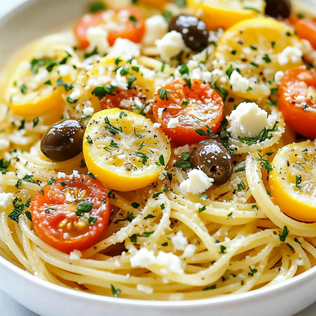 To make One-Pot Greek Lemon Pasta, you need a few key items. Here’s a list of ingredients to gather: - Pasta choice: 12 ounces of spaghetti or linguine - Key seasonings: 2 tablespoons of olive oil, 4 cloves of garlic (minced), 1 teaspoon of dried oregano, 1 teaspoon of dried thyme, and 1/2 teaspoon of red pepper flakes (optional) - Essential liquid: 4 cups of vegetable broth - Flavor enhancers: Zest and juice of 2 lemons - Fresh additions: 1 cup of cherry tomatoes (halved), 1 cup of Kalamata olives (pitted and sliced), and 1 cup of feta cheese (crumbled) - Garnish: Fresh parsley (chopped) - Seasoning: Salt and pepper to taste These ingredients blend perfectly to create a simple and flavorful meal. Using fresh lemon juice and zest gives the dish a bright taste. The Kalamata olives and feta cheese add a rich, savory element. Don't forget to have fresh parsley on hand for that final touch! {{ingredient_image_1}} 1. Heating the olive oil and sautéing the garlic Start by taking a large pot or skillet. Heat 2 tablespoons of olive oil over medium heat. Once hot, add 4 minced garlic cloves. Sauté for about 1 minute until the garlic smells great. 2. Adding seasonings and cooking Next, stir in 1 teaspoon of dried oregano and 1 teaspoon of dried thyme. If you like spice, add 1/2 teaspoon of red pepper flakes. Cook this mixture for another 30 seconds. This step builds flavor and warms the spices. 3. Combining pasta with liquids and lemon Now, add 12 ounces of spaghetti or linguine to the pot. Pour in 4 cups of vegetable broth. Then, zest and juice 2 lemons, adding both to the pot. Stir everything together well. 4. Simmering the pasta Bring the pot to a boil, then lower the heat to medium-low. Cover the pot and let it simmer. This should take about 10-12 minutes. Stir occasionally until the pasta is al dente and most of the liquid is gone. 1. Stirring in cherry tomatoes and olives Add 1 cup of halved cherry tomatoes and 1 cup of sliced Kalamata olives to the pot. Cook for an extra 2-3 minutes. The tomatoes will soften and add sweetness. 2. Mixing in feta cheese Once the tomatoes are soft, turn off the heat. Fold in 1 cup of crumbled feta cheese. This adds creaminess and a salty flavor. Season with salt and pepper to taste. 3. Garnishing and serving tips Finally, garnish your dish with fresh parsley. This makes your meal look pretty and adds freshness. Serve warm and enjoy! How to achieve the perfect al dente pasta To cook pasta just right, follow these steps. Start with a large pot of salted water. Once it boils, add the pasta. Stir it right away to keep it from sticking. Check the pasta a minute or two before the time on the package. It should be firm but not hard. This is al dente, which means "to the tooth" in Italian. Tips for avoiding sticking pasta To prevent pasta from sticking, here’s what you can do. Use plenty of water when boiling. A big pot helps. Stir the pasta often during cooking. Adding a bit of olive oil can also help. However, it may make sauces less clingy. Best practices for effective simmering When simmering your pasta dish, keep these points in mind. First, bring the liquid to a good boil. Then, lower the heat to medium-low. Cover the pot to trap steam and heat. Stir occasionally to avoid sticking and ensure even cooking. Suggestions for additional herbs or spices To boost flavor, add fresh herbs like basil or dill. A sprinkle of parsley adds a fresh taste, too. You can also try fresh garlic if you love its strong flavor. For a spicy kick, add more red pepper flakes. Substitutions for ingredients If you don’t have an ingredient, here are some swaps. Use any pasta type you like; whole wheat works well. Swap vegetable broth for chicken broth if you prefer. If you can’t find Kalamata olives, try green olives. For a dairy-free version, skip the feta or use a vegan cheese. Pro Tips Use Fresh Herbs: Fresh herbs like parsley or dill can elevate the flavors of your dish. Add them just before serving for the best taste. Customize Your Olives: Swap Kalamata olives for green olives or add a mix for varied flavors. This can change the overall taste profile of the dish. Adjust the Lemon: If you prefer a tangier flavor, feel free to add more lemon juice or zest. Taste as you go to achieve your desired level of acidity. Save Some Pasta Water: Before draining the pasta, save a cup of the cooking liquid. This starchy water can help adjust the sauce's consistency if needed. {{image_2}} You can change this recipe to fit your taste. Here are some ideas: - Vegetarian modifications: Add more vegetables like bell peppers, spinach, or zucchini. These not only add color but also boost nutrients. - Protein options: If you want to add meat, chicken or shrimp work well. Cook the protein separately and mix it in after. - Gluten-free alternatives: Use gluten-free pasta for a safe option. Many brands offer great taste and texture. Now, let’s look at how to serve this dish: - Pairing with side dishes or salads: A light Greek salad pairs nicely. You can also serve with grilled vegetables for added flavor. - Suggestions for sauces or dips: Try a yogurt dip or tzatziki on the side. This adds a cool touch that complements the lemony pasta. To store your leftover Greek lemon pasta, let it cool first. Then, place it in an airtight container. You can keep it in the fridge for up to three days. If you want to keep it longer, freeze it for up to two months. Just make sure to label the container with the date. The best way to reheat this pasta is on the stove. Add a splash of vegetable broth or water to keep it moist. Heat it on low, stirring often to avoid burning. You can also use the microwave. Just cover the bowl with a damp paper towel. Heat for one to two minutes, stirring halfway through. This keeps the flavor and texture nice. If it seems dry, add a touch of lemon juice. Can I use a different type of pasta? Yes, you can use any pasta you like. I recommend spaghetti or linguine. You can also try penne or fettuccine. Just adjust the cooking time based on the pasta you choose. How do I know when the pasta is done? Taste a piece of pasta to check if it is al dente. It should be firm but not hard. Usually, it takes about 10-12 minutes of simmering. Is it possible to make this dish vegan? Absolutely! To make it vegan, skip the feta cheese. You can add more veggies or a vegan cheese alternative for creaminess. What to do if the pasta absorbs all the liquid? If the pasta absorbs all the liquid, just add a bit more vegetable broth or water. Stir well and let it cook a little longer. Can I prepare this dish in advance? Yes, you can make this dish ahead of time. Just store it in the fridge. When ready to eat, reheat it gently and add fresh parsley. In this post, I shared how to craft a tasty pasta dish. We explored pasta choices, essential seasonings, and key ingredients like lemon and feta. I provided step-by-step instructions to make cooking easy. You learned tips for perfect pasta texture and how to add your twist. Storing leftovers was covered to keep your meal fresh. I hope you feel ready to create your own delicious pasta dish. Enjoy experimenting with flavors and ingredients!