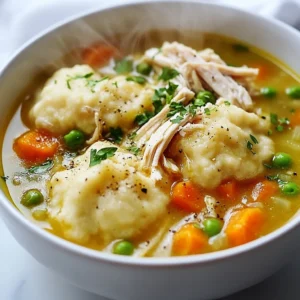 For this dish, you need some key ingredients. They bring flavor and comfort to the soup. Here’s what you will need: - 2 tablespoons olive oil - 1 medium onion, chopped - 2 carrots, diced - 2 celery stalks, diced - 3 cloves garlic, minced - 4 cups chicken broth - 2 cups cooked chicken, shredded - 1 teaspoon dried thyme - 1/2 teaspoon black pepper - 1 cup frozen peas - Salt to taste - 1 1/2 cups all-purpose flour - 2 teaspoons baking powder - 1/2 teaspoon salt (for dumplings) - 1/4 cup milk - 1/4 cup chopped fresh parsley (for garnish) These ingredients create a rich and tasty soup that warms the soul. You might already have some pantry staples at home. These ingredients help to create the base of the soup. You will need: - Olive oil for sautéing - Dried thyme for flavor - Black pepper for a little kick - Baking powder for fluffy dumplings - All-purpose flour for the dumpling dough - Salt to enhance all the flavors Make sure you have these basics on hand before you start cooking. Feel free to get creative! You can add some optional ingredients for extra flavor. Here are a few ideas: - Fresh herbs like dill or rosemary for added freshness - Corn for sweetness - Potatoes for heartiness - Other veggies like green beans or bell peppers for color and crunch These additions can make your Chicken and Dumplings Soup even more special. Enjoy experimenting with flavors! {{ingredient_image_1}} To start, heat 2 tablespoons of olive oil in a large pot over medium heat. Add 1 chopped onion, 2 diced carrots, and 2 diced celery stalks. Sauté these for 5 to 7 minutes. This makes the veggies soft and tasty. Then, stir in 3 minced garlic cloves and cook for 1 to 2 minutes. Once you smell the garlic, it’s time to move on. Pour in 4 cups of chicken broth and bring it to a boil. Add 2 cups of shredded cooked chicken, 1 teaspoon of dried thyme, and 1/2 teaspoon of black pepper. Season with salt as you like. Lower the heat and let it simmer for 10 minutes. This builds a rich and flavorful soup base. While the soup simmers, it’s time to make the dumplings. In a mixing bowl, combine 1 1/2 cups of all-purpose flour, 2 teaspoons of baking powder, and 1/2 teaspoon of salt. Mix these dry ingredients well. Then, stir in 1/4 cup of milk until the dough just comes together. Don’t overmix; it should be a bit lumpy but hold together. This dough will create soft and fluffy dumplings. Once the soup has simmered for 10 minutes, drop spoonfuls of the dumpling mixture into the simmering soup. Make sure to space them out a bit. Cover the pot and let the dumplings steam for 15 minutes without lifting the lid. This step is crucial for fluffy dumplings. After 15 minutes, gently stir in 1 cup of frozen peas. Cook for another 5 minutes until the peas are warm and the dumplings are done. If needed, adjust the seasoning one last time. Finally, fold in 1/4 cup of chopped fresh parsley for a burst of color and flavor. Serve the soup hot, garnished with more parsley. Enjoy! To make the best dumplings, handle the dough gently. Overmixing can make them tough. Use a light touch when stirring in the milk. Aim for a thick but soft dough. If it's too dry, add a splash more milk. When you drop them in the soup, they should float on top. This helps them steam well. Remember, do not lift the lid while they cook. This keeps the steam in for fluffy dumplings. Using fresh herbs can boost the taste of your soup. I love adding thyme, but feel free to try basil or dill. A little black pepper adds warmth, while salt brings all the flavors together. If you want extra flavor, add garlic powder or onion powder when making the dumplings. These small touches make a big difference. One common mistake is not seasoning enough. Taste your soup before serving. If it seems bland, add salt or pepper until it shines. Another mistake is cooking the dumplings too long. If you cook them too long, they can become soggy. Stick to the 15 minutes for the best results. Lastly, avoid overcrowding the pot with dumplings. Give them space to rise and cook evenly. Pro Tips Use Fresh Herbs: Incorporating fresh herbs like thyme or parsley can elevate the flavor profile of your soup, making it taste more vibrant and aromatic. Don’t Overmix Dumplings: When preparing the dumpling dough, mix just until the ingredients are combined. Overmixing can lead to tough dumplings. Adjust Consistency: If the soup is too thick, add a little more chicken broth or water to reach your desired consistency before serving. Meal Prep Friendly: This soup can be made ahead of time and refrigerated. Just add a splash of broth when reheating to restore its creamy texture. {{image_2}} You can easily change up the soup by adding vegetables. Carrots and celery are classic. You can also add potatoes for heartiness. Try green beans or corn for a pop of color. Spinach or kale adds nutrition and flavor. Just remember to chop them small so they cook well. If you want to switch proteins, use turkey instead of chicken. Shredded rotisserie chicken works great too. For a lighter option, try tofu or chickpeas. These give a nice texture and soak up flavors. Just add them during the simmer stage for the best taste. Make this recipe your own by adding global flavors. For a Mexican twist, use cumin and chili powder. Add some diced jalapeños for heat. If you prefer Asian flavors, add soy sauce and ginger. Fresh herbs like cilantro or basil can brighten the soup. Get creative and let your taste guide you! To store leftover chicken and dumplings soup, let it cool first. Place the soup in an airtight container. This helps keep it fresh. You can store it in the fridge for up to three days. Make sure to label your container with the date. This way, you can track how long it has been stored. When you are ready to enjoy your soup again, reheating is easy. Pour the soup into a pot over medium heat. Stir it gently as it warms. If the soup is too thick, add a little chicken broth or water. Heat until it is hot all the way through. If you want to save your soup for later, freezing is a great option. Pour the cooled soup into freezer-safe containers. Leave some space at the top for expansion. Seal the containers tightly. You can freeze the soup for up to three months. When you’re ready to eat, thaw it in the fridge overnight before reheating. Yes, you can use cooked rotisserie chicken. It saves time and adds flavor. Just shred the meat and add it to the soup. This option makes the dish quick and easy. Dumplings need about 15 minutes to cook. Keep the pot covered while they steam. Avoid lifting the lid to ensure they cook well. They will become fluffy and tender when done. Yes, you can make it gluten-free. Use gluten-free flour instead of all-purpose flour. This swap works well for dumplings. Ensure other ingredients are also gluten-free for safe eating. Serve the soup with crusty bread or biscuits. These pair well and add a nice crunch. A simple side salad also complements the meal nicely. Enjoy your soup with a side that balances flavors! This blog post covered how to make tasty chicken and dumplings soup. We looked at key ingredients, step-by-step cooking, and helpful tips for perfect dumplings. You can explore fun variations and learn how to store leftovers well. Remember, you can add your favorite veggies or protein for a new twist. Enjoy making this warm, filling dish. With practice, you’ll impress everyone with your soup skills! Happy cooking!