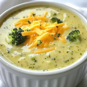 Here’s what you need to make this creamy broccoli cheddar soup: - 4 cups fresh broccoli florets - 1 medium onion, diced - 3 cloves garlic, minced - 4 cups vegetable broth - 1 cup heavy cream - 2 cups shredded sharp cheddar cheese - 2 tablespoons olive oil - 1 teaspoon salt - ½ teaspoon black pepper - ½ teaspoon garlic powder - ½ teaspoon onion powder - 1 tablespoon lemon juice If you're missing an ingredient, don’t worry! Here are some great swaps: - Vegetable broth: You can use chicken broth for more flavor. - Heavy cream: Try using half-and-half or coconut cream for a lighter option. - Cheddar cheese: Gruyère or Monterey Jack cheese works well too. - Olive oil: Avocado oil or butter can replace olive oil. Choosing fresh broccoli makes a big difference. Here’s how to pick the best: - Look for bright green florets. They should be firm and tight. - Avoid yellow or wilted florets. This shows age and loss of flavor. - Check the stems. They should be crisp and not too woody. - Smell the broccoli. A fresh, earthy scent is a good sign. {{ingredient_image_1}} First, gather your ingredients. You will need broccoli, onion, garlic, vegetable broth, heavy cream, cheddar cheese, olive oil, salt, pepper, garlic powder, onion powder, and lemon juice. 1. Heat the olive oil in a large pot over medium heat. 2. Add the diced onion and cook for about five minutes. You want it to be soft and clear. 3. Next, stir in the minced garlic. Cook for about one minute until you smell the garlic. 4. Add the fresh broccoli florets to the pot. Then, pour in the vegetable broth. 5. Bring the mixture to a boil. Once it boils, lower the heat and let it simmer for ten to fifteen minutes. The broccoli should be soft now. When blending the soup, you have options. Use a regular blender or an immersion blender. If you want a creamy soup, blend until smooth. If you like some chunks, blend half of the soup then mix it back in. This gives you a nice texture. If your soup is too thick, add a bit more vegetable broth. Stir it well. If it is too thin, let it simmer a bit longer. This helps it thicken up. Always taste your soup and adjust the seasoning. Add salt, pepper, or lemon juice if needed. Enjoy the warm, cheesy goodness! To make your creamy broccoli cheddar soup even better, think about adding more depth. A splash of lemon juice brightens the flavor. It adds a nice zing to the rich cheese. You can also try adding a pinch of nutmeg. Nutmeg gives the soup a warm, cozy taste. For those who love a bit of heat, add red pepper flakes for a spicy kick. You can make this soup lighter without losing flavor. Instead of heavy cream, use half-and-half or coconut milk. Both options keep the creamy texture. You can swap sharp cheddar for a lower-fat cheese. This will cut calories while still tasting great. For a vegan option, use plant-based cheese and cream. This way, everyone can enjoy a bowl. Toppings can elevate your soup game. Try sprinkling extra shredded cheese on top for a gooey finish. Croutons add crunch and texture, making each bite fun. Fresh herbs like parsley or chives can brighten the dish. They also add a fresh taste. For a unique twist, serve with a dollop of sour cream or Greek yogurt. These toppings make your soup stand out and add flavor. Pro Tips Blanch the Broccoli: To retain vibrant color and nutrients, briefly blanch the broccoli in boiling water before adding it to the soup. Cheese Choice: For a more complex flavor, try mixing different types of cheese, such as Gruyère or Monterey Jack, with the cheddar. Thickness Adjustment: If you prefer a thicker soup, add a couple of tablespoons of cornstarch mixed with water before blending. Storage Tips: This soup can be stored in the fridge for up to 3 days. Reheat gently on the stove to prevent the cream from curdling. {{image_2}} You can make this creamy broccoli cheddar soup a full meal by adding protein. Here are a few ideas: - Chicken: Add shredded rotisserie chicken for a hearty boost. - Bacon: Crispy bacon bits add great flavor and crunch. - Beans: White beans or chickpeas work well for a vegetarian option. Adding protein not only makes the soup filling but also gives it a nice twist. If you want a dairy-free soup, you can still enjoy this recipe. Here’s how to modify it: - Non-Dairy Milk: Use almond or oat milk instead of heavy cream. - Nutritional Yeast: This adds a cheesy flavor without dairy. - Coconut Cream: It gives a rich texture and a hint of sweetness. With these changes, you keep the creamy taste and make it suitable for vegan diets. For those who love a kick, you can spice things up easily. Here are some fun options: - Red Pepper Flakes: Add to the soup for a nice heat. - Cayenne Pepper: A pinch can really elevate the flavor. - Fresh Herbs: Basil or thyme can add freshness and depth. Experiment with these ideas to find your perfect bowl of soup. To store your creamy broccoli cheddar soup, let it cool first. Once cool, pour it into an airtight container. Make sure to seal it well. Place it in the fridge for up to 3 days. This way, you keep the flavor fresh. If you plan to eat it soon, this method works best. You can freeze this soup if you want to save it for later. Pour the cooled soup into freezer-safe containers. Leave some space at the top, as soup expands when frozen. Seal them tight and label with the date. You can freeze it for up to 3 months. When you're ready, you can enjoy it again! To reheat your soup, start by taking it out of the fridge or freezer. If frozen, let it thaw in the fridge overnight. Heat the soup slowly in a pot over low heat, stirring often. If it seems thick, add a splash of vegetable broth or water. You want it creamy again! Enjoy your warm bowl of goodness! Yes, you can use frozen broccoli. It cooks faster than fresh. Just add it to the pot with the broth. There’s no need to thaw it first. The soup will still be creamy and tasty. However, fresh broccoli gives the best flavor and texture. If you have it, use fresh! To thicken the soup, you have a few options. You can blend more of the soup to create a creamier texture. If you want it even thicker, add a bit of cornstarch mixed with cold water. Stir it in as the soup simmers. Another method is to reduce the soup by cooking it longer without the lid. This lets some liquid evaporate. Store your leftover soup in an airtight container. Let it cool down first. Then, place it in the fridge for up to three days. If you want to save it longer, freeze it! Just pour it into freezer bags. Make sure to leave some space for expansion. When you’re ready to eat, thaw it overnight in the fridge and reheat on the stove. This post covered essential tips and tricks for making delicious broccoli soup. We explored ingredients, cooking steps, and ways to add flavor. You learned about ingredient substitutes, variations, and storage tips. Remember, you can customize your soup with protein or spices. With fresh ingredients and smart techniques, your soup will shine. Enjoy cooking this healthy dish. With practice, you’ll make a soup that everyone loves.