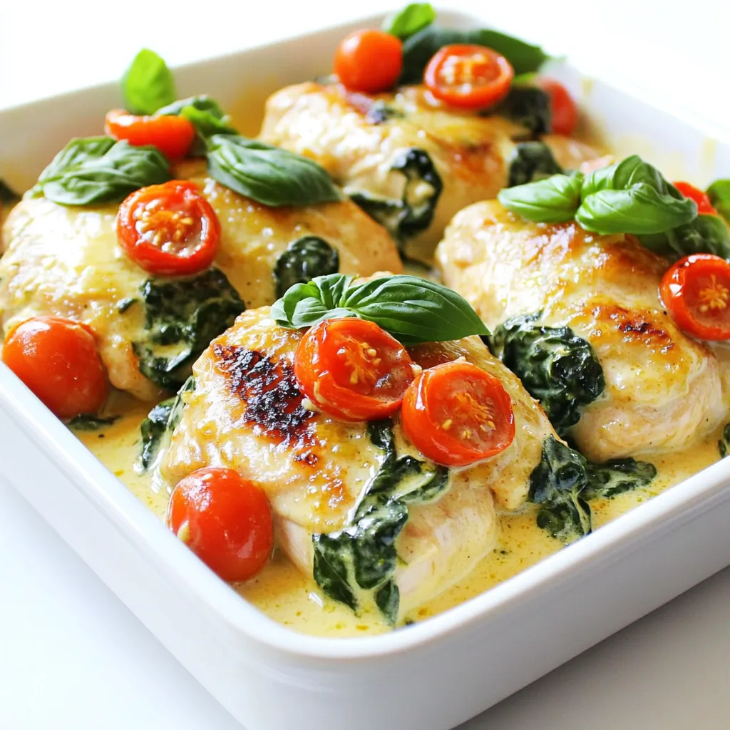 - 4 boneless, skinless chicken breasts - 1 cup cherry tomatoes, halved - 2 cups fresh baby spinach - 1 cup heavy cream - 1 cup chicken broth - 4 cloves garlic, minced - 1 teaspoon Italian seasoning - 1/2 teaspoon red pepper flakes (optional) - Salt and pepper to taste - 1/2 cup grated Parmesan cheese - Fresh basil leaves for garnish Gathering the right ingredients is key to making Slow Cooker Creamy Tuscan Chicken a hit. Start with four boneless, skinless chicken breasts. These will be the star of your dish. You will need one cup of cherry tomatoes, halved. They add sweetness and color to the meal. Next, grab two cups of fresh baby spinach. This will give the dish a nice green touch. For the creamy sauce, use one cup of heavy cream and one cup of chicken broth. The cream makes it rich, while the broth adds depth. Don’t forget four cloves of minced garlic. Garlic gives flavor and aroma that you can't resist. Add one teaspoon of Italian seasoning for a taste of the Mediterranean. If you want some heat, use half a teaspoon of red pepper flakes. Season your dish with salt and pepper to taste. Lastly, you will need half a cup of grated Parmesan cheese. This will melt into the sauce, making it even creamier. For a beautiful finish, garnish with fresh basil leaves before serving. Each ingredient helps create a dish that is both easy and flavorful. Seasoning the Chicken Breasts Start by seasoning the chicken breasts. Use salt and pepper on both sides. This simple step adds great flavor. Layering the Ingredients in the Slow Cooker Place the seasoned chicken breasts at the bottom of the slow cooker. Next, add the halved cherry tomatoes and minced garlic on top. This layer will give the chicken a nice taste as it cooks. Adding Liquids and Seasonings Pour in the chicken broth and heavy cream. Make sure the chicken is mostly submerged. Then add the Italian seasoning and red pepper flakes if you want some heat. Setting the Slow Cooker Cover the slow cooker and set it to low for 6-7 hours. If you're short on time, set it to high for 3-4 hours. The chicken will be tender and fully cooked by then. Incorporating Spinach and Parmesan About 30 minutes before serving, add the fresh baby spinach to the slow cooker. Sprinkle the grated Parmesan cheese on top. Gently stir the mixture to combine everything well. Final Adjustments before Serving Once everything is cooked and the spinach has wilted, taste the dish. Adjust the seasoning if needed. Serve the creamy Tuscan chicken hot, garnished with fresh basil leaves for a burst of flavor. - Adjusting Seasoning for Personal Taste Start by tasting your dish as it cooks. You can add more salt or pepper as needed. If you love heat, sprinkle in more red pepper flakes. Get creative! Add your favorite herbs too. Fresh herbs work wonders just before serving. - Ensuring the Chicken is Tender For tender chicken, cook on low heat for 6-7 hours. This slow cooking method breaks down the meat fibers, making it juicy. If you are in a hurry, cooking on high for 3-4 hours also works. Just check the chicken to ensure it is cooked through. - Recommended Slow Cooker Features A slow cooker with a timer is key. It helps prevent overcooking. Look for one with a locking lid to avoid spills. A model with different heat settings gives you more options as well. - Essential Kitchen Utensils You need a good set of measuring cups and spoons for accuracy. A sturdy cutting board and a sharp knife help when chopping. Don’t forget a spoon for stirring and serving. A ladle works well for serving up the creamy sauce! {{image_2}} When you want to change things up, consider swapping out the vegetables. You can add: - Zucchini, sliced - Bell peppers, chopped - Mushrooms, diced These veggies add different flavors and colors to the dish. You can also try different protein options. Instead of chicken, use: - Turkey breasts - Pork tenderloin - Tofu for a vegetarian option Each swap brings a unique taste and texture to the slow cooker creamy Tuscan chicken. To boost the flavor, you can try different herbs and spices. Some great options are: - Fresh parsley for a bright touch - Oregano for a deeper flavor - Thyme for a hint of earthiness You can also play with cream alternatives. For a lighter dish, use: - Half-and-half instead of heavy cream - Coconut milk for a dairy-free option These changes keep the dish creamy while adding new flavors. Enjoy experimenting with your slow cooker creamy Tuscan chicken! To keep your creamy Tuscan chicken fresh, store it in the fridge. Place it in an airtight container. This keeps out air and moisture. Use it within 3 to 4 days for the best taste. If you have more chicken than you can eat, freezing is a good option. - Freezing Tips for Long-Term Storage First, let the chicken cool completely. Then, divide it into portions. Use freezer bags or containers. Remove as much air as possible before sealing. Label your bags with the date. This way, you’ll know how long it's been in the freezer. You can freeze it for up to three months. When reheating your Tuscan chicken, you want it to stay moist. Avoid the microwave if you can. Instead, use the stove or oven. - Methods for Keeping Chicken Moist For the stove, place the chicken in a pan with a splash of broth. Heat slowly over low heat. Stir occasionally to keep it from drying out. For the oven, preheat to 350°F. Cover the chicken with foil to trap steam. This helps keep it juicy. - Timing and Temperature for Reheating Heat until the chicken reaches 165°F. This takes about 10-15 minutes on the stove. In the oven, it may take about 20-25 minutes. Always check the center to ensure it’s hot. Enjoy your leftovers just as much as the first time! How long does it take to cook in a slow cooker? It takes 6-7 hours on low or 3-4 hours on high. The chicken should be tender and cooked through. Can I use frozen chicken breasts? Yes, you can use frozen chicken breasts. Just add an extra hour to the cooking time. This helps ensure they cook properly. What can I serve with Tuscan chicken? You can serve this dish with rice, pasta, or crusty bread. A side salad also pairs well. How can I make this dish spicier? To add heat, increase the red pepper flakes or add hot sauce. You can also use spicy Italian sausage for flavor. This blog post explored a tasty slow cooker creamy Tuscan chicken recipe. We discussed essential ingredients and detailed steps to prepare, cook, and finish the dish. I shared tips for perfecting it and suggested variations to suit your taste. Storing leftovers can help you enjoy this meal later. My final thought is that this recipe is simple, fun, and full of flavor. You’ll impress friends and family with minimal effort. Enjoy your cooking adventure!