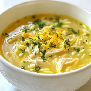 To make Greek Lemon Chicken Soup, you'll need a few key items. Here’s a breakdown of what you need: - Chicken, broth, vegetables, and orzo - 1 pound boneless, skinless chicken breasts - 6 cups chicken broth - 1 medium onion, finely chopped - 2 carrots, diced - 2 celery stalks, diced - 1 cup orzo pasta - Eggs and lemon juice for creaminess - 3 large eggs - 1/3 cup fresh lemon juice (about 2 lemons) - Seasonings and garnishes - 1 teaspoon dried dill - Salt and pepper to taste - Fresh parsley, chopped (for garnish) - Zest of 1 lemon (for garnish) Each ingredient plays a big role in the soup's taste. The chicken gives it heartiness, while the broth adds depth. The lemon juice and eggs create a creamy texture. Don't forget the fresh herbs; they bring brightness to every bowl. {{ingredient_image_1}} To start, I heat 2 tablespoons of olive oil in a large pot over medium heat. Then, I add the chopped onion, diced carrots, and diced celery. I sauté these vegetables for about 5 minutes. This step makes the veggies soft and full of flavor. Next, I add the boneless chicken breasts to the pot. After that, I pour in 6 cups of chicken broth. I bring this mixture to a boil. Once it boils, I reduce the heat to low and let it simmer for about 20 minutes. This cooking time ensures the chicken is cooked through and tender. Once the chicken is ready, I take it out of the pot and set it aside to cool. While it cools, I add 1 cup of orzo pasta to the simmering broth. I let the orzo cook according to the package instructions. After the orzo is cooked, I shred the chicken into bite-sized pieces. I use two forks for this. Shredding the chicken makes it easy to mix into the soup later. In a separate bowl, I whisk together 3 large eggs and 1/3 cup of fresh lemon juice. This mixture adds creaminess to the soup. To prevent the eggs from curdling, I ladle a bit of the hot broth into the egg mixture while whisking. This step is called tempering, and it helps keep the eggs smooth. Next, I gradually pour the tempered egg mixture back into the pot. I stir continuously to create a creamy texture. Finally, I stir in the shredded chicken and 1 teaspoon of dried dill. I also season the soup with salt and pepper to taste. At this point, the soup is ready to serve. For a beautiful finish, I garnish each bowl with fresh chopped parsley and lemon zest. This adds an extra burst of flavor and color. Enjoy your nourishing Greek lemon chicken soup! - Ensuring flavorful broth: Start with good-quality chicken broth. If you can, use homemade broth. It adds depth and richness to the soup. Sauté the onions, carrots, and celery in olive oil first. This step brings out their natural sweetness. - Avoiding curdled eggs: Whisk the eggs and lemon juice together until fully mixed. To prevent curdling, slowly add hot broth to the egg mixture while whisking. This process is called tempering. It helps keep the eggs smooth when added to the soup. - Best garnishes for presentation: Fresh parsley and lemon zest make great garnishes. They add color and brightness. Just sprinkle them on top before serving for a fresh touch. - Ideal side dishes to complement the soup: Serve the soup with crusty bread or a simple green salad. These sides balance the meal and make it more filling. A light, tangy salad pairs well with the lemon flavor of the soup. Pro Tips Use Homemade Broth: For the best flavor, consider using homemade chicken broth instead of store-bought. It adds depth and richness to your soup. Adjust Lemon to Taste: The amount of lemon juice can be adjusted based on your preference. Start with less and add more for a brighter flavor. Perfect Orzo Cooking: To prevent overcooking, add the orzo to the broth only after the chicken is done. This ensures it remains al dente. Garnish for Freshness: Fresh parsley and lemon zest not only enhance the presentation but also add a fresh burst of flavor to each bowl of soup. {{image_2}} You can swap chicken for turkey or tofu. Turkey gives a nice flavor and fits well. Tofu is great for a vegan option. Just cut it into cubes and add it in when you would add chicken. Cook until it’s warm and soft. If you want a vegetarian soup, skip the chicken and use vegetable broth instead. This keeps the broth rich and tasty. You can also add more vegetables or legumes. Try adding chickpeas, spinach, or zucchini. These add flavor and nutrients. To change the flavor, try different herbs or spices. Fresh thyme or oregano works well. You can also boost the lemon taste. Add more lemon juice or zest if you love that tangy flavor. Adjust it based on your taste. To store your Greek lemon chicken soup safely, let it cool first. Pour it into an airtight container. Place it in the fridge if you plan to eat it within three days. Make sure to label the container with the date. When reheating, use a pot on medium heat. Stir often to heat it evenly. You can also use a microwave. Heat it in short bursts, stirring in between. This helps keep the soup creamy and smooth. For long-term storage, you can freeze the soup. Pour cooled soup into freezer-safe containers or bags. Leave space at the top for expansion. Seal tightly and label with the date. You can freeze it for up to three months. To thaw, move the soup to the fridge overnight. If you're in a hurry, you can thaw it in a bowl of cold water. After thawing, reheat it in a pot or microwave. Stir well to bring back the creamy texture. Enjoy your soup anytime you want! Greek Lemon Chicken Soup, also known as Avgolemono, is a warm, comforting dish. It combines chicken, broth, and lemon for a bright flavor. This soup is popular in Greece and often served during family gatherings. Its creamy texture comes from eggs mixed with lemon juice, making it special. Many people love it for its soothing qualities. This dish not only tastes great, but it also brings a sense of home and tradition. Yes, you can use other pasta types in this soup. If you don't have orzo, try small shapes like ditalini or acini di pepe. You can also use rice for a gluten-free option. Each choice will give the soup a unique twist. Just make sure to adjust the cooking time as needed. Cooking the pasta separately can help avoid overcooking in the broth. Making Greek Lemon Chicken Soup takes about 45 minutes. You spend around 15 minutes prepping the ingredients. Cooking the chicken and veggies takes about 20 minutes. While the orzo cooks, you can prepare the egg and lemon mixture. This quick process allows you to enjoy a hearty meal without much wait. If you want an egg-less version, you can use cornstarch or silken tofu. Mix 1 tablespoon of cornstarch with 2 tablespoons of water to thicken. Silken tofu can provide a creamy texture too. Both options will change the soup's taste slightly but still keep it delightful. You may need to adjust the lemon to balance the flavors. This article explored Greek Lemon Chicken Soup. We discussed key ingredients like chicken, broth, vegetables, and orzo. I shared simple steps to prepare the soup, from sautéing veggies to creating the egg-lemon mix. I also covered tips for flavor and storage. In closing, this dish offers warmth, comfort, and versatility. You can customize it to fit your taste and dietary needs. Embrace your creativity and enjoy making this soup!
