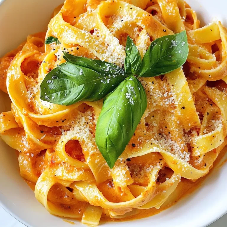 To make creamy roasted red pepper pasta, you need a few simple ingredients. Here’s what you will need: - 12 oz pasta (fettuccine or penne works great) - 2 large roasted red bell peppers - 1/2 cup heavy cream or coconut cream - 3 cloves garlic (minced) - 1/4 cup grated Parmesan cheese or nutritional yeast - 2 tablespoons olive oil - 1 teaspoon Italian seasoning - Salt and pepper to taste - Fresh basil leaves for garnish Each ingredient plays a key role in the dish. The pasta serves as the base, while the roasted red peppers add a sweet and smoky flavor. Cream gives the sauce its rich, velvety texture. Garlic adds depth, and Parmesan brings umami. Olive oil helps in cooking the sauce, and Italian seasoning ties the flavors together. Salt and pepper enhance the overall taste, while fresh basil leaves add a pop of color and freshness when serving. This combination creates a dish that is not just tasty but also comforting and satisfying. {{ingredient_image_1}} To roast red peppers, first, place them on a baking sheet. Broil them in the oven until they are charred, which takes about 20 minutes. Turn them often for even roasting. Once done, put the peppers in a bowl and cover it with plastic wrap. Let them steam for 10 minutes. This helps the skins come off easily. After steaming, peel the skins, remove the seeds, and chop the peppers roughly. This adds a sweet and smoky flavor to your pasta. Boil a large pot of salted water. Add the pasta and cook it until it is al dente. This usually takes about 8 to 10 minutes, but check the package for exact times. Al dente means the pasta is firm to the bite, which is perfect for this dish. Remember to reserve about 1 cup of the pasta water before you drain it. This water will help the sauce mix well with the pasta. For a smooth sauce, blend the roasted red peppers, heavy cream, minced garlic, and grated Parmesan cheese together. Add the Italian seasoning, salt, and pepper to taste. Blend until it is creamy. The heavy cream gives richness, while the garlic adds depth. If the sauce is too thick, you can add some reserved pasta water to get the right consistency. Aim for a sauce that is thick enough to coat the pasta well. In a large skillet, heat olive oil over medium heat. Pour the blended red pepper sauce into the skillet and warm it for 2 to 3 minutes. Then, add the drained pasta to the skillet. Toss the pasta gently to coat it evenly with the sauce. This step is key for flavor. Serve the pasta right away, garnished with fresh basil leaves and extra grated Parmesan if you like. Enjoy your creamy roasted red pepper pasta! To get the right sauce thickness, save some pasta water. This water has starch and helps the sauce stick. If your sauce feels too thick, add the pasta water a little at a time. It will make the sauce creamy and smooth. You can also boost the flavor with spices or herbs. Try adding a pinch of red pepper flakes for heat or fresh thyme for a nice touch. Taste the sauce and see what you like best. Timing is key when you cook pasta. Start boiling the water while making the sauce. This way, your pasta will be ready just as your sauce finishes cooking. To prevent pasta from sticking, stir it often in the boiling water. Use enough salt in the water; it helps flavor the pasta as it cooks. Garnish makes your meal look great. When using fresh basil, tear the leaves instead of cutting them. This keeps their flavor strong and bright. For extra flavor and a nice look, add more grated cheese on top. It adds a creamy finish and makes your plate fun to serve. Pro Tips Roast Peppers for Depth: Roasting the red bell peppers not only enhances their sweetness but also adds a smoky flavor that elevates your sauce. Reserve Pasta Water: Always save some pasta cooking water before draining. It’s starchy and can help adjust the consistency of your sauce perfectly. Blend for Smoothness: Ensure your sauce is blended until completely smooth for a creamy texture that clings beautifully to the pasta. Fresh Herbs for Freshness: Garnishing with fresh basil not only adds color but also a burst of fresh flavor that brightens the dish. {{image_2}} You can easily make this dish dairy-free. Use plant-based cream instead of heavy cream. Coconut cream works great and adds a nice flavor. For cheese lovers, use nutritional yeast instead of Parmesan. It gives a cheesy taste without dairy. Feel free to switch up the pasta. Fettuccine or penne works well, but you can try spaghetti or even gluten-free pasta. For seasonings, consider adding smoked paprika or red pepper flakes to enhance the flavor. You can also toss in some spinach or sun-dried tomatoes for extra taste and color. Want to make your pasta heartier? Add grilled chicken or shrimp for extra protein. Cook them separately and toss them in before serving. If you prefer a vegetarian option, chickpeas or tofu are excellent choices. They add protein and keep the dish filling. To store leftovers, place the pasta in an airtight container. Make sure to cool it down first. This will keep it fresh and tasty. You can keep it in the fridge for up to three days. After that, it may lose its flavor and texture. Always check for any signs of spoilage before eating. To freeze creamy roasted red pepper pasta, first, let it cool completely. Then, transfer it to a freezer-safe container. Make sure to leave some space at the top for expansion. You can freeze it for up to three months. When you are ready to eat, thaw it in the fridge overnight. To reheat, warm it gently in a skillet on low heat. Add a splash of reserved pasta water to regain creaminess. Stir often to avoid burning the sauce. Enjoy your pasta just like when it was fresh! You can use coconut cream as a dairy-free option. It adds a nice richness. Almond milk or oat milk can work too, but they are thinner. You should add a bit of cornstarch to thicken those options. Using these can change the flavor a little. Always taste as you go to find what you like best. To make this dish gluten-free, choose a gluten-free pasta brand. Some good options are Barilla Gluten-Free or Banza Chickpea Pasta. These brands hold up well during cooking. They blend nicely with the creamy sauce. Check labels to ensure they are safe for your diet. Yes, you can use store-bought roasted red peppers. They save time and effort. However, they might lack the smoky flavor of fresh-roasted peppers. Look for brands with no added sugars or preservatives for a fresher taste. Always rinse them before using to reduce excess salt. This pasta can last up to three days in the fridge. Store it in an airtight container to keep it fresh. Reheat gently on the stove, adding a splash of water if needed. Always check for any off-smells or mold before eating leftovers. This recipe for creamy roasted red pepper pasta delivers flavor and ease. You learned how to roast peppers, cook pasta perfectly, and make a smooth sauce. I also shared tips for storage and variations to suit your diet. You can impress anyone with this dish. Feel free to customize it to your taste. Enjoy every bite of this delicious meal.