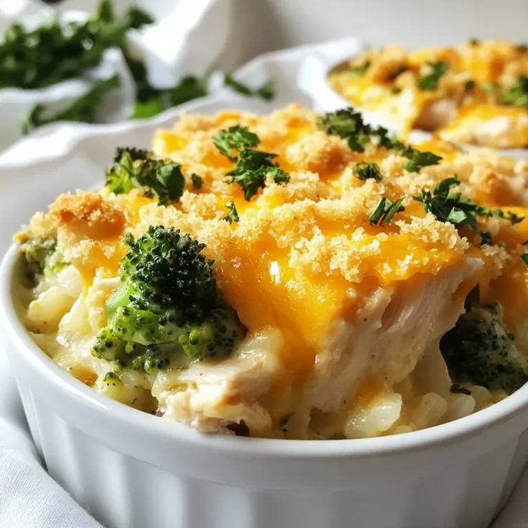 - 2 cups cooked chicken, shredded - 1 cup broccoli florets, steamed - 1 cup cooked rice (white or brown) - 1 can (10.5 oz) cream of mushroom soup - 1 cup sour cream - 1 teaspoon garlic powder - 1 teaspoon onion powder - 1 teaspoon dried thyme - 1 teaspoon dried basil - 1 cup shredded cheddar cheese - Salt and pepper to taste - 1 cup panko breadcrumbs - 2 tablespoons olive oil - Fresh parsley for garnish (optional) When cooking, I like to use precise measurements to ensure success. For this casserole, here are some tips: - Use a measuring cup for liquids like sour cream and soup. - A kitchen scale helps for chicken if you want exact weight. - For spices, use measuring spoons to avoid too much or too little. Quality matters in cooking. Fresh chicken makes the dish tender and tasty. Using fresh broccoli adds crunch and color. I prefer whole mushroom soup over canned for better flavor. Choose good cheese for a rich topping. Good ingredients make your meal shine. You will notice the difference! {{ingredient_image_1}} To start, gather all your ingredients. You will need: - 2 cups cooked chicken, shredded - 1 cup broccoli florets, steamed - 1 cup cooked rice (white or brown) - 1 can (10.5 oz) cream of mushroom soup - 1 cup sour cream - 1 teaspoon garlic powder - 1 teaspoon onion powder - 1 teaspoon dried thyme - 1 teaspoon dried basil - 1 cup shredded cheddar cheese - Salt and pepper to taste - 1 cup panko breadcrumbs - 2 tablespoons olive oil - Fresh parsley for garnish (optional) Next, preheat your oven to 350°F (175°C). This step sets the stage for a perfect bake. In a large bowl, mix the cooked chicken, steamed broccoli, cooked rice, cream of mushroom soup, sour cream, garlic powder, onion powder, thyme, basil, salt, and pepper. Stir until everything blends well. This mix brings all the flavors together. Now, transfer your mixture into a greased 9x13-inch casserole dish. Spread it evenly for nice cooking. Now, sprinkle the shredded cheddar cheese on top. This adds a creamy layer that melts beautifully. In another bowl, mix the panko breadcrumbs with olive oil. You want the breadcrumbs to be coated well. Then, sprinkle this mixture over the cheese. This gives your casserole a crunchy topping. Bake in the preheated oven for 25-30 minutes. You know it's done when the top is golden and crispy. When you take it out, let it cool for a few minutes. This helps the flavors settle. To ensure even baking, use a glass or ceramic dish. These materials help heat spread evenly. Also, make sure to spread your mixture in an even layer. If the edges cook faster, you may need to rotate the dish halfway through. Keep an eye on the top; if it browns too quickly, cover it with foil. This way, you’ll get a perfectly cooked casserole every time! To make the best creamy casserole, focus on fresh ingredients. Use cooked chicken that is juicy and tender. Add steamed broccoli to get a nice crunch. Opt for high-quality cream of mushroom soup for rich flavor. Don't skip the sour cream; it adds creaminess. Always taste your mix before baking. Adjust the salt and pepper to your liking. One common mistake is overcooking the casserole. Bake it just until it's heated through. If you bake it too long, the chicken can dry out. Another mistake is not mixing well. Ensure all ingredients blend evenly. This helps the flavors combine. Lastly, don’t forget the panko topping. It gives that nice crunch you want! To get that perfect crunch, use panko breadcrumbs. They are lighter and crispier than regular breadcrumbs. Coat them with olive oil for extra flavor. Spread them evenly over the cheese. This way, every bite has a satisfying crunch. Bake until the top is golden brown. Watch closely to avoid burning! Pro Tips Use Rotisserie Chicken: For a quicker preparation, consider using store-bought rotisserie chicken. It saves time and adds great flavor! Customize Your Veggies: Feel free to swap out the broccoli for other vegetables like spinach, bell peppers, or peas to suit your taste. Make It Ahead: This casserole can be assembled ahead of time and stored in the fridge for up to 24 hours before baking. Just add a few extra minutes to the cooking time if baking straight from the fridge. Perfectly Crispy Topping: To achieve an even crispier topping, broil the casserole for the last 2-3 minutes of baking, keeping a close eye to prevent burning. {{image_2}} You can change the protein in this casserole easily. Try using turkey or ham instead of chicken. Both meats work well with the creamy sauce. Just shred them and mix them in as you would with chicken. If you want a lighter option, use cooked shrimp. They add a nice twist to the dish. Making a vegetarian version is simple. Replace the chicken with more veggies. You could use mushrooms, bell peppers, or even zucchini. For a filling base, add cooked lentils or chickpeas. They offer protein and texture. This version remains creamy and rich with the same sauce, making it just as satisfying. To change the flavor, swap out the herbs. Instead of thyme and basil, try rosemary and oregano. These herbs add a different taste and aroma. You can also use fresh herbs if you have them. They provide a bright flavor that dried herbs cannot match. Experiment with different combinations to find your favorite blend. To keep your creamy herb chicken casserole fresh, store it in an airtight container. Let it cool to room temperature first. This helps prevent moisture build-up. If you have leftovers, they can last in the fridge for about three to four days. Always label your container with the date. This way, you know when to use it. When you are ready to eat your casserole, preheat your oven to 350°F (175°C). Place the casserole in a baking dish. Cover it with foil to keep it moist. Bake for about 20-25 minutes, or until hot all the way through. You can also reheat individual portions in the microwave. Heat for about 2-3 minutes, checking for warmth. If you want to freeze the casserole, do so before baking. Wrap it tightly in plastic wrap and then in aluminum foil. This prevents freezer burn. It can last in the freezer for up to two months. When you are ready to bake it, thaw it in the fridge overnight. Then, bake it at 350°F (175°C) for 30-40 minutes, until bubbly and golden on top. Yes, you can use leftover chicken. Shredded chicken works best. Just make sure it is cooked. This saves time and adds flavor. Leftover rotisserie chicken is great too! It will make your casserole even more delicious. You can use cream of chicken soup instead. If you want a healthier option, try plain Greek yogurt. You can also make a homemade version. Mix equal parts of cream and sautéed mushrooms for a fresh taste. Each option adds its own flavor to the dish. To make this dish gluten-free, use gluten-free breadcrumbs. You can find them in most stores. Also, check the cream of mushroom soup label to ensure it is gluten-free. With these simple swaps, everyone can enjoy this tasty casserole! In this blog post, we explored the key ingredients and their measurements for a delicious casserole. I shared step-by-step cooking instructions to help you make it just right. We covered tips for a creamy texture and avoiding common mistakes, along with variations to suit your tastes, from protein choices to herbs. Finally, we discussed storage tips and answered common questions. Use this guide to create the perfect casserole every time. Enjoy the process, and remember, cooking is all about experimenting and having fun!