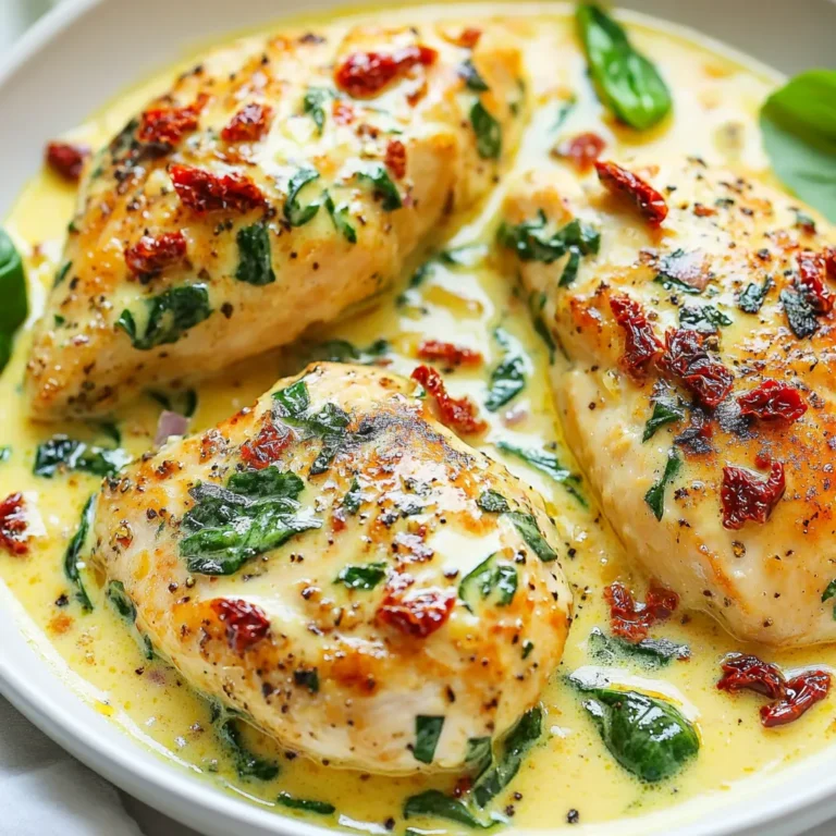 To make creamy sun-dried tomato chicken, gather these items: - 4 boneless, skinless chicken breasts - 1 cup sun-dried tomatoes in oil, drained and chopped - 1 cup heavy cream - 1 cup chicken broth - 2 cloves garlic, minced - 1 medium onion, finely chopped - 1 cup fresh spinach - 1 teaspoon Italian seasoning - 2 tablespoons olive oil - Salt and pepper to taste - Fresh basil leaves for garnish (optional) If you lack any ingredients, here are some easy swaps: - Chicken breasts: Use thighs for a juicier option. - Heavy cream: Substitute with half-and-half or coconut milk for a lighter sauce. - Sun-dried tomatoes: Try using fresh tomatoes or roasted red peppers instead. - Chicken broth: Vegetable broth can work well for a lighter flavor. - Spinach: Kale or arugula can be great alternatives. This dish serves four and provides a satisfying meal. Here’s a quick look at the nutrition: - Calories per serving: Approximately 450 - Protein: 30g - Carbohydrates: 5g - Fat: 35g - Fiber: 1g These values can vary based on ingredient choices. Enjoy this tasty meal while being mindful of your dietary needs. {{ingredient_image_1}} Start by patting the chicken breasts dry. This helps the seasoning stick well. Season both sides with salt, pepper, and Italian seasoning. Use your hands to rub the spices in. This gives the chicken a nice flavor. Next, grab a large skillet and heat the olive oil over medium-high heat. Once the oil is hot, add the seasoned chicken breasts. Sear them for about 5-6 minutes on each side. You want them golden brown and cooked all the way through. Use a meat thermometer if you have one. The chicken should reach 165°F (74°C). When done, take the chicken out and place it on a plate. In the same skillet, add the chopped onion and minced garlic. Sauté them for 2-3 minutes. You want the onion to turn translucent. This step builds great flavor. Now, stir in the chopped sun-dried tomatoes. Sauté for another minute. Then, pour in the chicken broth and bring it to a simmer. Next, reduce the heat to medium-low. Stir in the heavy cream and let the sauce simmer for about 5 minutes. Keep stirring occasionally. You want it to thicken slightly but not too much. After the sauce thickens, add the fresh spinach. Cook until it wilts, which will take about 2 minutes. Now, return the chicken to the skillet. Coat it well with the creamy sauce. Let everything simmer together for an extra 2 minutes. This helps the flavors mix well. Finally, taste the sauce and adjust the seasoning with salt and pepper if needed. Enjoy your meal! Serve your creamy sun-dried tomato chicken on cooked pasta or rice. This dish pairs well with a simple green salad. You can also add garlic bread for a nice crunch. For more color, sprinkle fresh basil leaves on top before serving. This adds flavor and makes the plate look pretty. To boost the taste, try adding some grated Parmesan cheese to the sauce. A squeeze of fresh lemon juice can brighten the dish, too. If you love spice, add a pinch of red pepper flakes while cooking. This will give your chicken a nice kick. For a touch of freshness, include a handful of chopped parsley. One common mistake is overcooking the chicken. Cook it just until golden brown and juicy. Another mistake is not seasoning enough. Always taste the sauce and adjust salt and pepper as needed. Make sure to stir the sauce regularly to prevent it from sticking. Lastly, don’t skip the spinach! It adds great color and nutrition. Pro Tips Perfectly Cooked Chicken: Use a meat thermometer to ensure your chicken is cooked through; it should reach an internal temperature of 165°F (75°C). Customize Your Creaminess: For a lighter version, substitute half of the heavy cream with low-fat milk or a dairy-free alternative. Add More Flavor: Incorporate a splash of white wine into the sauce before adding the cream for an extra layer of flavor. Fresh Spinach Alternative: If fresh spinach isn't available, you can use frozen spinach; just make sure to thaw and drain it well before adding it to the sauce. {{image_2}} You can add many vegetables to this dish. Try bell peppers for a sweet crunch. Zucchini also fits well and adds moisture. Mushrooms bring a rich, earthy flavor. For a fresh touch, add peas or broccoli. Just sauté them until tender before adding the sauce. If you want to switch proteins, use shrimp or salmon. These options cook quickly and pair well with the sauce. You can also use turkey or pork. Each choice brings a new taste twist. Just make sure to adjust cooking times for each protein. Want to change the sauce? Use half-and-half instead of heavy cream for a lighter dish. You can also add a splash of white wine for depth. For a spicy kick, add red pepper flakes. If you like garlic, add more cloves for extra flavor. These tweaks can make the dish your own. You can store leftover creamy sun-dried tomato chicken in the fridge. Place it in an airtight container. It will stay fresh for up to three days. When you want to eat it, simply reheat it in a skillet over medium heat. Stir it gently until it warms through. You can also use the microwave. Heat it in short bursts, stirring in between. This keeps the chicken juicy and the sauce creamy. If you want to keep it longer, freezing is a great option. First, let the chicken cool completely. Then, place it in a freezer-safe container or bag. Remove as much air as possible to avoid freezer burn. It can stay frozen for up to three months. When you are ready to eat, thaw it overnight in the fridge. Reheat as mentioned before to enjoy its full flavor. The shelf life of creamy sun-dried tomato chicken depends on how you store it. In the fridge, it lasts for three days. In the freezer, it can last up to three months. Always check for any off smells or changes in color before eating. If it looks or smells odd, it’s best to throw it out. Keeping your food safe ensures you enjoy every bite! Yes, you can use fresh tomatoes. However, the flavor will differ. Fresh tomatoes have more water. They may not give the same rich taste. If you use fresh, cook them longer to reduce moisture. I love serving this dish with pasta. It soaks up the creamy sauce well. You can also use crusty bread. It’s great for dipping. A fresh salad pairs nicely too. You can prepare the chicken ahead. Cook it fully, then store it in the fridge. Reheat it when you are ready. The sauce may thicken, so add a splash of broth. This keeps it creamy. In this blog post, we explored a delicious recipe for creamy sun-dried tomato chicken. We discussed ingredients, substitutes, and nutritional facts. Step-by-step, I guided you on preparation, cooking, and sauce-making. I shared tips to enhance flavor and avoid common mistakes. We also covered variations, storage tips, and answered your key FAQs. Now, you have all the tools to create a tasty dish. Enjoy experimenting with this recipe and make it your own!