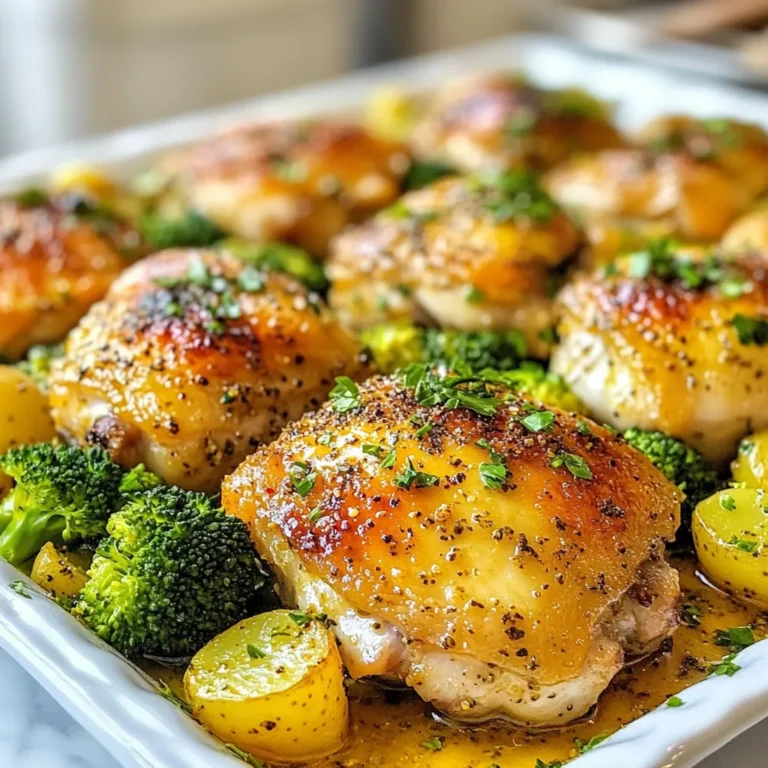 - 4 bone-in, skin-on chicken thighs - 1 ½ pounds baby potatoes, halved - 2 cups broccoli florets - 1 packet ranch seasoning mix (or homemade) - 3 tablespoons olive oil - 1 teaspoon garlic powder - Salt and pepper to taste - Fresh parsley, chopped (for garnish) When I make Ranch Chicken Thighs Sheet Pan Dinner, I always use fresh, quality ingredients. The star of this dish is the chicken thighs. They have rich flavor and stay juicy. Next, I love using baby potatoes. Their small size makes them perfect for roasting. They become tender and soak up all the flavors. Finally, I add vibrant broccoli florets for a pop of color and nutrition. The ranch seasoning mix ties everything together. You can choose a store-bought packet or make your own. I recommend trying garlic powder to enhance the taste. The olive oil helps the chicken and veggies roast nicely. Salt and pepper are simple but key. They bring out the natural flavors of each ingredient. For a finishing touch, I sprinkle fresh parsley on top. It adds a nice touch and bright flavor. This dish is not only easy but also a big winner at the dinner table. {{ingredient_image_1}} First, you need to preheat your oven to 425°F (220°C). This ensures your chicken thighs cook evenly. Next, grab a large baking sheet and line it with parchment paper. This helps with easy cleanup later. In a small bowl, combine one packet of ranch seasoning mix, one teaspoon of garlic powder, salt, and pepper. This mixture will add great flavor to your chicken and potatoes. Mix it well so all the spices blend together. Now, take four bone-in, skin-on chicken thighs and place them in a large mixing bowl. Drizzle two tablespoons of olive oil over the chicken. Sprinkle half of your seasoning mix on top and rub it in well. Then, add one and a half pounds of halved baby potatoes to the same bowl. Drizzle the rest of the olive oil and sprinkle the remaining seasoning on the potatoes. Toss everything together to coat. Place the seasoned chicken thighs on one side of your prepared baking sheet. On the other side, arrange the seasoned baby potatoes. Make sure they have enough space to roast evenly. This is key for a crispy texture. Put the sheet pan in your preheated oven and roast for 25 minutes. After that, add two cups of broccoli florets to the pan. Toss everything lightly so the broccoli picks up some of those tasty juices. Return the pan to the oven and roast for another 15-20 minutes. Your chicken should reach an internal temperature of 165°F (74°C) when done, and the potatoes should be golden. When everything is cooked, take the pan out of the oven. Let it rest for about five minutes. This step helps the juices settle in the chicken. Finally, garnish your dish with freshly chopped parsley for a burst of color and flavor. Enjoy your Ranch Chicken Thighs Sheet Pan Dinner! - Checking internal temperature: Use a meat thermometer to check the chicken’s internal temperature. It should reach 165°F (74°C) for safe eating. Insert the thermometer into the thickest part of the thigh, avoiding bone for an accurate reading. - Tips for crispy skin: For crispy skin, ensure the chicken thighs are dry before seasoning. Pat them with paper towels. You can also increase the oven temperature to 450°F (232°C) for the last few minutes of cooking. This helps the skin crisp up nicely. - Suggestions for additional spices or herbs: While ranch seasoning gives great flavor, try adding extra spices like smoked paprika or dried thyme. Fresh herbs like rosemary or oregano can also enhance the taste. Mix these into the ranch seasoning for a delightful twist. - Benefits of sheet pan cooking: Cooking on a sheet pan saves time and cleanup. You can cook a full meal in one go. The flavors blend together, making each bite tasty. Plus, you get great roasted veggies alongside juicy chicken. It’s simple and satisfying, making weeknight dinners easier. Pro Tips Use Bone-In Thighs: Bone-in, skin-on chicken thighs retain moisture better during cooking, resulting in juicier and more flavorful meat. Prep Veggies Evenly: Make sure to cut your baby potatoes and broccoli florets into even sizes so they cook uniformly on the sheet pan. Check for Doneness: Always use a meat thermometer to check that chicken has reached an internal temperature of 165°F (74°C) to ensure it’s fully cooked. Let It Rest: Allow the chicken to rest for about 5 minutes after roasting to let the juices redistribute, enhancing the overall flavor and tenderness. {{image_2}} You can swap out broccoli for other veggies. Think about using green beans, asparagus, or carrots. Each veggie brings its unique flavor and texture. Try bell peppers for a sweet crunch or zucchini for a tender bite. Seasonal veggies not only add color but also nutrition. Chicken thighs work great, but feel free to try other cuts. Boneless chicken thighs cook faster and stay juicy. You can also use chicken breasts if you prefer. For a twist, consider pork chops or turkey thighs. Each protein will soak up the ranch flavor wonderfully. Making your own ranch seasoning is simple and fun. Here’s a quick recipe: - 1 tablespoon dried parsley - 1 teaspoon garlic powder - 1 teaspoon onion powder - 1 teaspoon dried dill - ½ teaspoon salt - ½ teaspoon black pepper Mix these ingredients in a small bowl. Use this blend to season your chicken and veggies. It tastes fresh and packs a punch! After dinner, let your Ranch Chicken Thighs cool first. Place leftovers in a tight container. Keep them in the fridge for up to three days. This keeps your chicken and veggies fresh. If you note any strange smells or colors, throw it away. Safety first! To reheat, use an oven for the best taste. Preheat it to 350°F (175°C). Place your chicken and veggies on a baking sheet. Heat for about 15-20 minutes. Check that the chicken is hot all the way through. You want it to reach 165°F (74°C). You can also use a microwave. Just cover your dish to keep moisture in. Heat in 1-minute bursts until hot. For freezing, wrap your Ranch Chicken Thighs tightly. Use freezer-safe bags or containers. Label them with the date. They last in the freezer for up to three months. To thaw, move the container to the fridge overnight. Reheat after thawing for the best taste. Avoid refreezing food once it has thawed. Enjoy your meal later with great flavor! Yes, you can use boneless chicken thighs. They will cook faster. Check them around 20 minutes into roasting. The texture may be a bit different, too. Boneless thighs tend to be more tender. Just watch the time closely to avoid overcooking. Ranch Chicken Thighs pair well with several sides. Here are some ideas: - Rice: Fluffy white or brown rice soaks up the juices. - Salad: A fresh garden salad adds crunch and color. - Grains: Quinoa or couscous offer unique textures. - Bread: Crusty bread is great for dipping. You can also garnish with fresh parsley for added flavor and color. Check for doneness with a meat thermometer. The chicken should reach 165°F (74°C) internally. Look for clear juices running from the chicken. The meat should not be pink. If you don’t have a thermometer, cut into a thigh to check. The juices should run clear, and the meat should look white throughout. This sheet pan ranch chicken thighs recipe is easy and delicious. We covered the main ingredients, like chicken, potatoes, and broccoli. You learned how to mix seasonings and coat your food for great flavor. Using tips for cooking and storing will help you enjoy this meal longer. Try different veggies or proteins to make it your own. Whether it’s a busy night or a special dinner, this dish is a winner. You’ll find it quick, fun, and tasty. Enjoy your cooking!