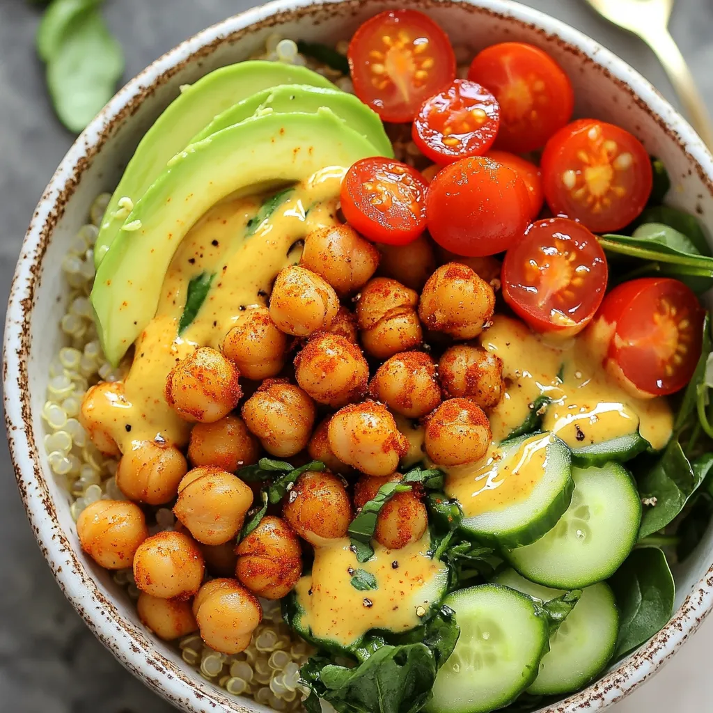 To make a Spicy Chickpea Buddha Bowl, gather these key ingredients: - 1 can (15 oz) chickpeas, drained and rinsed - 2 tablespoons olive oil - 1 tablespoon smoked paprika - 1 teaspoon cayenne pepper - 1 teaspoon garlic powder - Salt and pepper to taste - 1 cup quinoa, rinsed - 2 cups vegetable broth - 1 cup cherry tomatoes, halved - 1 cucumber, diced - 1 avocado, sliced - 1 cup baby spinach or kale - 2 tablespoons tahini - 2 tablespoons lemon juice - 1 teaspoon maple syrup (optional) - Fresh cilantro or parsley for garnish When making this dish, you will need a few tools: - Large bowl for mixing - Baking sheet for roasting - Medium saucepan for cooking quinoa - Small bowl for dressing - Whisk or fork for mixing - Measuring spoons and cups for accuracy You can easily swap some ingredients if needed: - Use dried chickpeas instead of canned; just soak and cook them first. - Swap quinoa for brown rice or couscous for a different grain. - Try different vegetables like bell peppers or carrots for variety. - If you want a creamier dressing, add yogurt to the tahini mix. - For a nut-free option, use sunflower seed butter instead of tahini. {{ingredient_image_1}} First, preheat your oven to 400°F (200°C). This will help the chickpeas get nice and crispy. In a large bowl, mix the drained chickpeas with olive oil, smoked paprika, cayenne pepper, garlic powder, salt, and pepper. Make sure every chickpea is well coated. This spice mix gives the chickpeas a bold flavor. While the chickpeas roast, you can cook the quinoa. Boil 2 cups of vegetable broth in a medium saucepan. Once boiling, add 1 cup of rinsed quinoa. Lower the heat, cover, and simmer for 15 minutes. The liquid will absorb, and the quinoa will become fluffy. After 15 minutes, remove it from heat and let it sit covered for another 5 minutes. For the tahini dressing, take a small bowl. Whisk together 2 tablespoons of tahini, 2 tablespoons of lemon juice, and a pinch of salt. If you like a bit of sweetness, add 1 teaspoon of maple syrup. Gradually mix in water, one tablespoon at a time, until the dressing is smooth. Adjust the consistency to your liking. Now it’s time to put it all together! Grab your serving bowls. Start with a generous scoop of cooked quinoa at the bottom. Next, add the roasted chickpeas. Then, top with halved cherry tomatoes, diced cucumber, avocado slices, and a handful of baby spinach or kale. Finally, drizzle the tahini dressing over each bowl. Don't forget to garnish with fresh cilantro or parsley for a pop of color! To get crispy chickpeas, drain and rinse them well. After that, pat them dry with a towel. This step helps remove excess moisture. In a bowl, mix chickpeas with olive oil, smoked paprika, cayenne pepper, garlic powder, salt, and pepper. Toss them until they are well coated. Spread the seasoned chickpeas in a single layer on a baking sheet. Roast them at 400°F for 20-25 minutes. Make sure to shake the pan halfway through to ensure even crispiness. You want them to be golden and crunchy. For a delicious Buddha bowl, start with a base of fluffy quinoa. Top it with your crispy chickpeas. Add fresh cherry tomatoes and diced cucumber for a burst of color and flavor. Slices of creamy avocado add richness. Finally, toss in some baby spinach or kale for extra nutrition. Drizzle the tahini dressing over the top for a smooth finish. Don't forget to garnish with fresh cilantro or parsley. This adds a nice touch and enhances the flavor. If you have leftovers, store them in an airtight container. Separate the chickpeas, quinoa, and fresh veggies to keep them fresh. Place the tahini dressing in a small jar. This way, everything stays crisp and tasty. Refrigerate the container and eat within three days. When ready to enjoy, reheat the chickpeas and quinoa. Mix in the fresh veggies and drizzle with dressing. Your meal will still taste great! Pro Tips Enhance Flavor: For an extra depth of flavor, consider marinating the chickpeas in the spices for an hour before roasting. Perfect Quinoa: To avoid mushy quinoa, make sure to rinse it thoroughly before cooking to remove any bitterness. Texture Balance: Add some roasted nuts or seeds for a crunchy texture contrast in your Buddha bowl. Storage Tips: This dish keeps well in the fridge for up to 3 days. Store ingredients separately for best quality. {{image_2}} You can boost protein in your spicy chickpea Buddha bowl. Try black beans, lentils, or tofu. Each option adds flavor and texture. You can even use grilled chicken or shrimp if you like. These proteins mix well with the spicy chickpeas. They keep the meal filling and satisfying. Use seasonal vegetables to keep your bowl fresh and exciting. In summer, add zucchini or bell peppers. In fall, try roasted sweet potatoes or Brussels sprouts. You can also use seasonal greens. Swap baby spinach for arugula or Swiss chard. This keeps your Buddha bowl vibrant and tasty all year long. This recipe is already vegan and can be gluten-free. Make sure to use gluten-free quinoa to keep it safe. Check tahini brands for cross-contamination if gluten is a concern. You can also add a splash of coconut aminos for extra flavor. These simple swaps let everyone enjoy this healthy meal. The Spicy Chickpea Buddha Bowl is packed with good stuff. Each ingredient adds vital nutrients. Chickpeas provide protein and fiber. They help keep you full. Quinoa offers complete protein and many vitamins. It has iron and magnesium. Fresh veggies like cucumber and tomatoes add hydration and vitamins. Avocado brings healthy fats. Tahini contributes calcium and more good fats. This bowl is a balanced meal. Chickpeas are great for your heart. They lower cholesterol and improve digestion. Quinoa is gluten-free, making it a smart choice for many. It helps with muscle repair and energy. Leafy greens like spinach or kale are full of antioxidants. These help fight disease. Olive oil is a healthy fat that can reduce inflammation. Spices like cayenne boost metabolism and can aid weight loss. This recipe serves four people. Each serving has about 500 calories. This includes all the tasty ingredients. Most of the calories come from healthy fats and proteins. The combination of chickpeas, quinoa, and veggies makes it filling. You can enjoy this dish without feeling guilty. It’s perfect for lunch or dinner! Yes, you can use dried chickpeas. First, soak them overnight in water. Then, boil them until they are soft. This can take about 1 to 2 hours. Canned chickpeas are quicker, but dried ones add a nice texture. Just make sure to drain and rinse them well before cooking. The spice level depends on your taste. The recipe uses cayenne pepper and smoked paprika. These give it a nice kick, but you can adjust the cayenne to make it milder. If you love spice, add more! If you prefer less heat, reduce or skip the cayenne. You can serve many things with a Buddha bowl. Try added protein like grilled chicken or tofu. Fresh herbs like cilantro or parsley also work well. A side of whole-grain bread or a light salad can make it a full meal. To make this dish ahead, prepare the chickpeas and quinoa first. Store them in airtight containers in the fridge. You can roast the chickpeas and cook the quinoa the day before. Just assemble the bowl before serving. The tahini dressing can also be made ahead. Store it in a jar and shake before use. This blog post covered the essential ingredients and tools for a tasty Buddha bowl. I shared step-by-step instructions for cooking, along with tips for roasting chickpeas and storing leftovers. You learned about variations like adding different proteins and seasonal veggies. The nutritional info highlights the health benefits, too. Buddha bowls are easy to customize and enjoy. With these tips, you can create healthy meals effortlessly. Enjoy experimenting with flavors and ingredients to find your perfect mix.