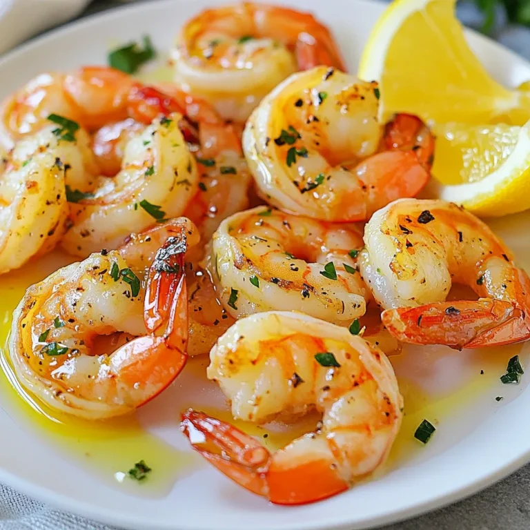 To make Lemon Garlic Roasted Shrimp, you need these key ingredients: - 1 pound large shrimp, peeled and deveined - 4 cloves garlic, minced - 1/4 cup olive oil - Zest and juice of 1 large lemon - 1 teaspoon smoked paprika - Salt and pepper to taste These ingredients bring a fresh and bright flavor to the shrimp. The garlic adds depth, while the lemon gives a nice zing. You can enhance the dish with these optional ingredients: - 1/2 teaspoon red pepper flakes (for heat) - 1/4 cup fresh parsley, chopped (for garnish) - Lemon wedges (for serving) Red pepper flakes add a nice kick. The parsley makes your dish look beautiful, and lemon wedges offer extra zest. If you don’t have some ingredients, here are a few swaps: - Use shrimp of any size, but adjust cooking time. - Substitute lemon juice with lime juice for a different twist. - If you don’t have smoked paprika, regular paprika works fine. These swaps still keep the dish tasty. Don’t be afraid to experiment based on what you have! {{ingredient_image_1}} First, gather your ingredients. You need one pound of large shrimp, four cloves of garlic, and olive oil. Also, grab a lemon, smoked paprika, red pepper flakes, salt, and pepper. In a big bowl, mix the minced garlic, olive oil, lemon zest, and lemon juice. Add the smoked paprika, red pepper flakes, salt, and pepper. This mixture gives the shrimp great flavor. Now, add the peeled and deveined shrimp. Toss them in the bowl until they are fully coated. This step is key for taste. Let the shrimp marinate for about five minutes while you preheat your oven. Set your oven to 400°F (200°C). After the shrimp marinate, prepare a baking sheet. Line it with parchment paper. This helps with easy cleanup. Spread the shrimp in a single layer on the sheet. Make sure they have space. If they are too close, they won't cook evenly. Roast the shrimp in the oven for eight to ten minutes. They are ready when they turn pink and opaque. Keep an eye on them to avoid overcooking. Once cooked, take the shrimp out of the oven. Sprinkle chopped parsley over them. This adds a nice touch and fresh taste. Serve the shrimp right away. Add lemon wedges on the side for an extra burst of flavor. You can also serve them with rice or pasta for a complete meal. Enjoy your tasty dish! When choosing shrimp, look for large, fresh ones. They should smell like the sea, not fishy. Check for a firm texture. Avoid shrimp with black spots. If you can, buy shrimp that is wild-caught. This shrimp often has better flavor. You can also ask your fishmonger about the shrimp's source. This ensures you get the best quality. To roast shrimp perfectly, preheat your oven to 400°F (200°C). Spread shrimp in a single layer on the baking sheet. This helps them cook evenly. Use parchment paper to prevent sticking. Don’t overcrowd the shrimp. If they touch, they won’t roast well. Roast for 8 to 10 minutes. They should turn pink and opaque when done. Keep an eye on them to avoid overcooking. Adding fresh herbs can boost the flavor of your dish. I like to use parsley for garnish. It adds a nice touch of color and freshness. You can also try using basil or cilantro. For spices, smoked paprika adds depth. If you enjoy heat, sprinkle in red pepper flakes. These simple additions make a big difference in taste. Don't hesitate to experiment with your favorite herbs! Pro Tips Freshness Matters: Always use fresh shrimp for the best flavor and texture. If using frozen shrimp, ensure they are fully thawed and patted dry before marinating. Perfectly Cooked: Keep a close eye on the shrimp while roasting. They cook quickly and should be just pink and opaque when done to prevent overcooking. Add More Flavor: For an extra kick, consider marinating the shrimp for 30 minutes to an hour before roasting to allow the flavors to penetrate deeper. Serving Suggestions: Pair the roasted shrimp with a light salad or over a bed of pasta for a complete meal. The lemon wedges add brightness, so don’t skip them! {{image_2}} To add some spice, mix in more red pepper flakes. You can use one teaspoon instead of half. This makes the dish hotter and bolder. If you like heat, try a dash of hot sauce too. It gives the shrimp a nice kick. For a fun twist, thread the shrimp onto skewers. Use wooden or metal ones for grilling. This method is great for outdoor cooking. Just marinate the shrimp as usual. Then grill them for about 2-3 minutes on each side. They will get a nice char and smoky flavor. You can serve the shrimp over pasta or rice for a heartier meal. Cook your favorite pasta or rice while the shrimp roast. When the shrimp are done, place them on top. Add some of the pan juices for extra flavor. This creates a lovely, filling dish everyone will enjoy. After you enjoy your Lemon Garlic Roasted Shrimp, store leftovers right away. Place the shrimp in an airtight container. This keeps them fresh and flavorful. Store the container in the fridge. The shrimp should stay good for about 3 days. If you want to keep them longer, freezing is a great option. When you are ready to eat the leftovers, reheating is simple. You can use a pan on low heat. Add a little olive oil to the pan. Heat the shrimp gently until warm. This helps to keep them juicy. You can also use a microwave. Place the shrimp in a microwave-safe dish. Cover it with a damp paper towel to prevent drying out. Heat in short bursts of 30 seconds. If you have more shrimp than you can eat, freezing is a wise choice. First, let the shrimp cool completely. Then, place them in a freezer bag. Try to remove as much air as possible. Label the bag with the date. The shrimp will stay fresh for about 3 months in the freezer. When you are ready to cook them, thaw in the fridge overnight. This ensures they are ready for your next delicious meal! You should roast shrimp for 8 to 10 minutes. They cook quickly. When they turn pink and opaque, they are done. Avoid overcooking them. Overcooked shrimp can become tough and rubbery. Keep an eye on them while they roast. Yes, you can use frozen shrimp. Thaw them first in cold water. This makes them easier to peel and devein. After thawing, dry them well with a paper towel. This helps the marinade stick better. Follow the same steps as with fresh shrimp. You can serve many things with Lemon Garlic Roasted Shrimp. Some great options include: - Rice: White or brown rice pairs well. - Pasta: Toss shrimp with pasta and a light sauce. - Salad: A fresh green salad adds crunch. - Vegetables: Roasted or steamed veggies make a nice side. Feel free to get creative with your sides. Enjoy the bright flavors of the shrimp! Lemon garlic roasted shrimp is easy to make and full of flavor. You learned about essential and optional ingredients, along with substitutions. The step-by-step instructions guide you through marinating, cooking, and serving. Tips help you pick the right shrimp and ensure perfect roasting. Variations let you explore unique tastes. Finally, storage tips keep your shrimp fresh. This dish is versatile, delicious, and sure to please. Enjoy creating this meal and impressing your family or friends!