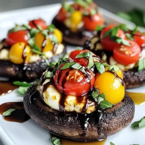 - 4 large portobello mushrooms - 1 cup cherry tomatoes, halved - 1 cup fresh mozzarella balls, halved or diced - 1/2 cup fresh basil leaves, chopped - 2 tablespoons olive oil - 2 tablespoons balsamic glaze - 2 cloves garlic, minced - Salt and pepper to taste - Additional fresh basil leaves The key to a great Caprese stuffed portobello is fresh ingredients. Start with large portobello mushrooms. They hold the filling well and offer a rich flavor. Cherry tomatoes add a sweet and juicy burst. Fresh mozzarella brings creaminess and melts beautifully. Fresh basil gives that classic Caprese taste. In your pantry, you will need olive oil for cooking and flavor. Balsamic glaze adds a touch of sweetness and tang. Minced garlic gives a punch of flavor. Salt and pepper help to enhance all the tastes. For garnishing, you can add more fresh basil leaves. They make the dish look beautiful and fresh. This simple list of ingredients makes for a colorful and tasty meal. {{ingredient_image_1}} First, preheat your oven to 375°F (190°C). This step gets your oven ready for baking. While it heats, line a baking sheet with parchment paper. This helps keep the mushrooms from sticking. Next, clean the portobello mushrooms. Use a damp cloth to wipe them gently. Avoid soaking them in water, as they can become soggy. Remove the stems and gills from the mushrooms with a spoon. This step creates space for your tasty filling. In a large mixing bowl, combine the halved cherry tomatoes, mozzarella balls, chopped basil, and minced garlic. Add balsamic glaze and olive oil to the bowl. Then, season with salt and pepper to taste. Toss all the ingredients until they mix well. This mixture brings the classic caprese flavors together. Now, take each portobello cap and place it on your prepared baking sheet, gill side facing up. Generously fill each mushroom with the caprese mixture. Make sure to mound the filling slightly in the center. Bake the stuffed mushrooms in your preheated oven for about 20 minutes. You want the mushrooms to be tender, and the cheese should be melty and golden. When they are done, remove the baking sheet from the oven. Let them cool for a few minutes before serving. If you like, garnish with extra fresh basil leaves for a pop of color. Enjoy your Caprese Stuffed Portobellos! To get the best mushrooms, start by cleaning them well. Use a damp cloth to wipe off dirt. Avoid soaking them in water. This can make them soggy. Next, remove the stems and gills. This gives you more room for the filling. Seasoning makes a huge difference in taste. Use salt and pepper to bring out all the flavors. Fresh herbs like basil add a nice touch. If you only have dried herbs, use less. Dried herbs are stronger than fresh ones. These stuffed mushrooms pair well with a simple salad. A light vinaigrette works great. You can also serve them with crusty bread. For drinks, try a crisp white wine or sparkling water. For presentation, place the mushrooms on a nice platter. Garnish with extra basil leaves for color. This makes your dish look even more inviting. Pro Tips Choose Fresh Ingredients: Use the ripest cherry tomatoes and the freshest mozzarella for the best flavor in your Caprese stuffed portobellos. Marinate the Mushrooms: For extra flavor, brush the portobello caps with a mixture of olive oil, balsamic glaze, and garlic before filling them. Experiment with Cheese: Try different types of cheese, such as goat cheese or feta, for a unique twist on the traditional Caprese flavor. Serve with a Side: Pair these stuffed mushrooms with a light salad or crusty bread to complete your meal. {{image_2}} You can switch up the cheese in this recipe. Try goat cheese or feta for a tangy twist. They both add a unique flavor. If you want more protein, add chicken or shrimp. Cook them first, then mix them into the filling. This adds richness and makes the dish more filling. For a vegetarian option, you can keep it as is. To make it vegan, use dairy-free cheese and skip the balsamic glaze. For gluten-free eaters, this dish is naturally safe. Just ensure any added ingredients are gluten-free. Want to boost flavor? Add fresh herbs like oregano or thyme. They work well with the basil and add depth. You can also try spices like red pepper flakes for heat. Using flavored oils, like garlic oil, can enrich the taste too. A drizzle of herb-infused oil adds a gourmet touch. To keep your Caprese stuffed portobellos fresh, store them in the fridge. Use an airtight container for best results. Place a layer of paper towels in the container to absorb excess moisture. This helps prevent sogginess. You can also cover them tightly with plastic wrap. If you want to freeze them, wait until they cool completely. Wrap each mushroom in plastic wrap and place them in a freezer bag. Squeeze out as much air as possible to avoid freezer burn. For the best taste and texture, reheat your stuffed mushrooms in the oven. Preheat the oven to 350°F (175°C). Place the mushrooms on a baking sheet and bake for about 10-15 minutes. This warms them through and keeps the cheese melty. You can also use a microwave if you’re in a hurry. Just heat them for 1-2 minutes. Be careful not to overheat, as this can make them rubbery. Leftovers can last in the fridge for about 3 days. After that, they may lose flavor and quality. If you freeze them, they can last for up to 2 months. Just remember to label your container with the date. This way, you can enjoy your tasty stuffed mushrooms later without worry! If you want a different mushroom, try using large shiitake or cremini mushrooms. Both of these options have a nice shape and flavor. You can also use eggplant slices for a fun twist. Eggplant gives a unique taste and holds the filling well. Yes, you can prepare them ahead of time! Stuff the mushrooms and place them in the fridge. Just cover them with plastic wrap. Bake them when you are ready to serve. This makes meal prep easy and quick. Watch for a few signs. The mushrooms should look brown and tender. The cheese should be melted and bubbly. You can poke them gently with a fork. They should feel soft but not mushy. Enjoy your perfectly cooked Caprese Stuffed Portobellos! The blog post covered how to make Caprese Stuffed Portobello Mushrooms. We discussed fresh and pantry ingredients needed, along with optional garnishes. I walked you through the steps and provided tips for perfect results. You can also explore variations and learn about storing any leftovers. Remember, this dish is flexible, fun, and tasty. Enjoy your cooking and impress your family with this wonderful treat!