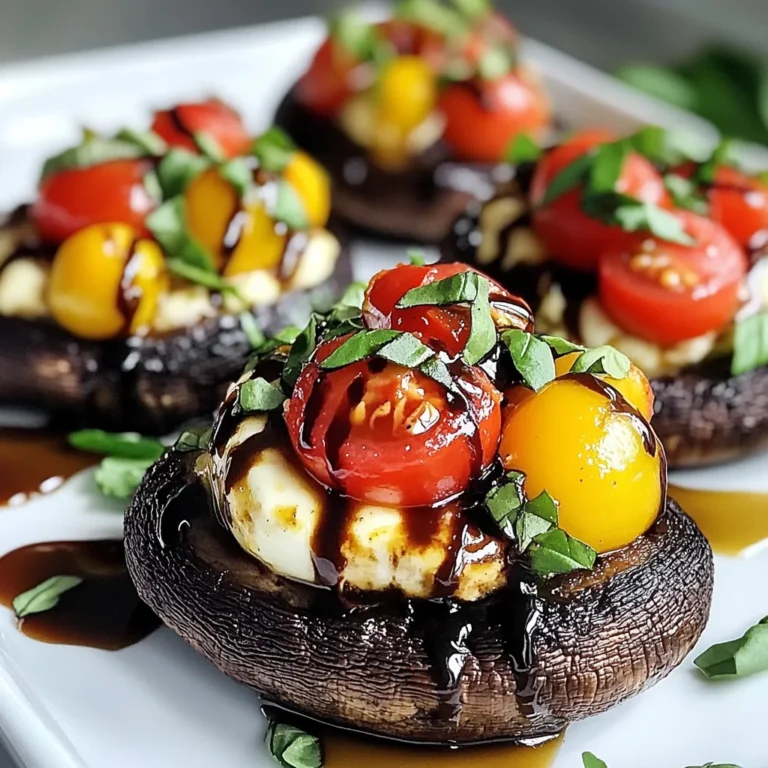 - 4 large portobello mushrooms - 1 cup cherry tomatoes, halved - 1 cup fresh mozzarella balls, halved or diced - 1/2 cup fresh basil leaves, chopped - 2 tablespoons olive oil - 2 tablespoons balsamic glaze - 2 cloves garlic, minced - Salt and pepper to taste - Additional fresh basil leaves The key to a great Caprese stuffed portobello is fresh ingredients. Start with large portobello mushrooms. They hold the filling well and offer a rich flavor. Cherry tomatoes add a sweet and juicy burst. Fresh mozzarella brings creaminess and melts beautifully. Fresh basil gives that classic Caprese taste. In your pantry, you will need olive oil for cooking and flavor. Balsamic glaze adds a touch of sweetness and tang. Minced garlic gives a punch of flavor. Salt and pepper help to enhance all the tastes. For garnishing, you can add more fresh basil leaves. They make the dish look beautiful and fresh. This simple list of ingredients makes for a colorful and tasty meal. {{ingredient_image_1}} First, preheat your oven to 375°F (190°C). This step gets your oven ready for baking. While it heats, line a baking sheet with parchment paper. This helps keep the mushrooms from sticking. Next, clean the portobello mushrooms. Use a damp cloth to wipe them gently. Avoid soaking them in water, as they can become soggy. Remove the stems and gills from the mushrooms with a spoon. This step creates space for your tasty filling. In a large mixing bowl, combine the halved cherry tomatoes, mozzarella balls, chopped basil, and minced garlic. Add balsamic glaze and olive oil to the bowl. Then, season with salt and pepper to taste. Toss all the ingredients until they mix well. This mixture brings the classic caprese flavors together. Now, take each portobello cap and place it on your prepared baking sheet, gill side facing up. Generously fill each mushroom with the caprese mixture. Make sure to mound the filling slightly in the center. Bake the stuffed mushrooms in your preheated oven for about 20 minutes. You want the mushrooms to be tender, and the cheese should be melty and golden. When they are done, remove the baking sheet from the oven. Let them cool for a few minutes before serving. If you like, garnish with extra fresh basil leaves for a pop of color. Enjoy your Caprese Stuffed Portobellos! To get the best mushrooms, start by cleaning them well. Use a damp cloth to wipe off dirt. Avoid soaking them in water. This can make them soggy. Next, remove the stems and gills. This gives you more room for the filling. Seasoning makes a huge difference in taste. Use salt and pepper to bring out all the flavors. Fresh herbs like basil add a nice touch. If you only have dried herbs, use less. Dried herbs are stronger than fresh ones. These stuffed mushrooms pair well with a simple salad. A light vinaigrette works great. You can also serve them with crusty bread. For drinks, try a crisp white wine or sparkling water. For presentation, place the mushrooms on a nice platter. Garnish with extra basil leaves for color. This makes your dish look even more inviting. Pro Tips Choose Fresh Ingredients: Use the ripest cherry tomatoes and the freshest mozzarella for the best flavor in your Caprese stuffed portobellos. Marinate the Mushrooms: For extra flavor, brush the portobello caps with a mixture of olive oil, balsamic glaze, and garlic before filling them. Experiment with Cheese: Try different types of cheese, such as goat cheese or feta, for a unique twist on the traditional Caprese flavor. Serve with a Side: Pair these stuffed mushrooms with a light salad or crusty bread to complete your meal. {{image_2}} You can switch up the cheese in this recipe. Try goat cheese or feta for a tangy twist. They both add a unique flavor. If you want more protein, add chicken or shrimp. Cook them first, then mix them into the filling. This adds richness and makes the dish more filling. For a vegetarian option, you can keep it as is. To make it vegan, use dairy-free cheese and skip the balsamic glaze. For gluten-free eaters, this dish is naturally safe. Just ensure any added ingredients are gluten-free. Want to boost flavor? Add fresh herbs like oregano or thyme. They work well with the basil and add depth. You can also try spices like red pepper flakes for heat. Using flavored oils, like garlic oil, can enrich the taste too. A drizzle of herb-infused oil adds a gourmet touch. To keep your Caprese stuffed portobellos fresh, store them in the fridge. Use an airtight container for best results. Place a layer of paper towels in the container to absorb excess moisture. This helps prevent sogginess. You can also cover them tightly with plastic wrap. If you want to freeze them, wait until they cool completely. Wrap each mushroom in plastic wrap and place them in a freezer bag. Squeeze out as much air as possible to avoid freezer burn. For the best taste and texture, reheat your stuffed mushrooms in the oven. Preheat the oven to 350°F (175°C). Place the mushrooms on a baking sheet and bake for about 10-15 minutes. This warms them through and keeps the cheese melty. You can also use a microwave if you’re in a hurry. Just heat them for 1-2 minutes. Be careful not to overheat, as this can make them rubbery. Leftovers can last in the fridge for about 3 days. After that, they may lose flavor and quality. If you freeze them, they can last for up to 2 months. Just remember to label your container with the date. This way, you can enjoy your tasty stuffed mushrooms later without worry! If you want a different mushroom, try using large shiitake or cremini mushrooms. Both of these options have a nice shape and flavor. You can also use eggplant slices for a fun twist. Eggplant gives a unique taste and holds the filling well. Yes, you can prepare them ahead of time! Stuff the mushrooms and place them in the fridge. Just cover them with plastic wrap. Bake them when you are ready to serve. This makes meal prep easy and quick. Watch for a few signs. The mushrooms should look brown and tender. The cheese should be melted and bubbly. You can poke them gently with a fork. They should feel soft but not mushy. Enjoy your perfectly cooked Caprese Stuffed Portobellos! The blog post covered how to make Caprese Stuffed Portobello Mushrooms. We discussed fresh and pantry ingredients needed, along with optional garnishes. I walked you through the steps and provided tips for perfect results. You can also explore variations and learn about storing any leftovers. Remember, this dish is flexible, fun, and tasty. Enjoy your cooking and impress your family with this wonderful treat!