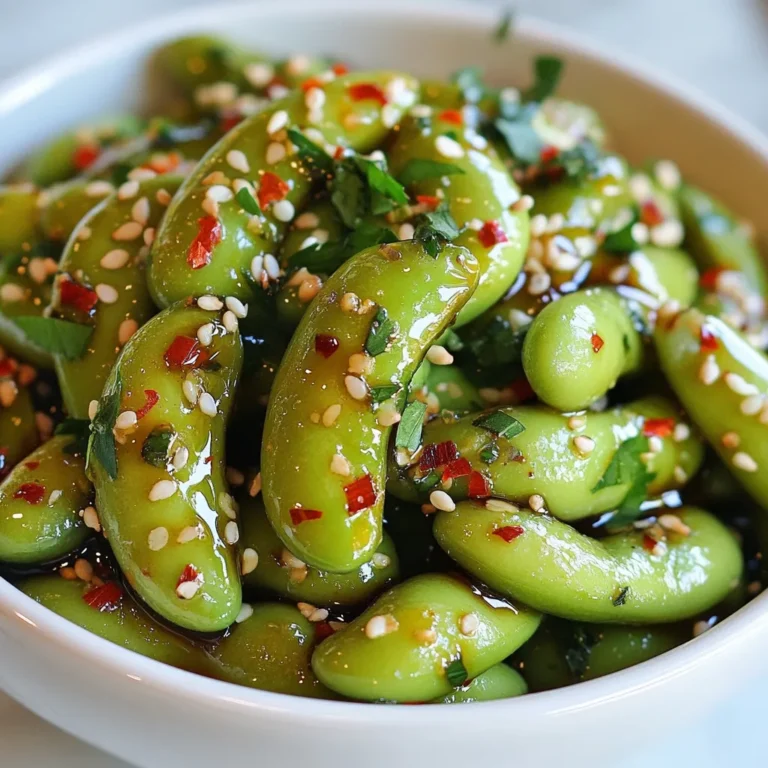 - 2 cups shelled edamame (fresh or frozen) - 4 cloves garlic, minced - 2 tablespoons olive oil - 1 teaspoon red pepper flakes - 1 tablespoon soy sauce (or tamari for gluten-free) - 1 teaspoon sesame oil - 1 tablespoon lemon juice - Salt to taste - Fresh cilantro or green onions for garnish (optional) Gathering the right ingredients is key for your spicy garlic edamame. You need fresh or frozen edamame. I usually go for frozen since it’s quick and easy. You also need garlic, which adds that lovely aroma. Olive oil will help sauté the garlic and coat the edamame well. Red pepper flakes bring the heat. You can adjust this to your taste. Soy sauce adds umami, while sesame oil gives a nutty flavor. A splash of lemon juice brightens it all up. Don’t forget salt for seasoning! Garnish with fresh cilantro or green onions if you like. This adds a nice touch and looks great on the plate. With these ingredients, you’ll make a snack that’s tasty and fun to eat. {{ingredient_image_1}} First, if you have frozen edamame, cook it as the package says. This usually takes about 5 to 7 minutes in boiling water. You want it tender but not mushy. Once done, drain the edamame well and set it aside. This step keeps your snack fresh and tasty. Next, grab a large skillet and heat 2 tablespoons of olive oil over medium heat. You want the oil to shimmer, which means it’s ready. Now, add 4 minced garlic cloves to the skillet. Sauté the garlic for about 1 to 2 minutes. Be careful not to let it brown. You want it fragrant, not burnt. After that, stir in 1 teaspoon of red pepper flakes. Let this cook for another 30 seconds. This will add the spicy kick that makes this dish special. Now it’s time to bring it all together. Toss the cooked edamame into the skillet. Stir it well so the edamame gets coated in the garlic oil. Next, drizzle in 1 tablespoon of soy sauce and 1 teaspoon of sesame oil. Mix everything thoroughly to blend the flavors. Squeeze in 1 tablespoon of fresh lemon juice. This adds brightness to the dish. Season with salt to taste. Now, remove the skillet from the heat. Transfer your spicy garlic edamame to a serving bowl. If you like, sprinkle some chopped cilantro or green onions on top for a fresh touch. Enjoy your snack! To get the spice just right, use red pepper flakes. Start with one teaspoon. If you want more heat, add a bit more. Taste as you go. This way, you control how spicy it gets. Next, choose your soy sauce wisely. Regular soy sauce adds rich flavor. If you need it gluten-free, opt for tamari. Both work well, but tamari has a different taste. Garnish your dish for a pop of color. Fresh cilantro or sliced green onions look great on top. They add a nice touch and make the dish more appealing. For serving, consider pairing it with rice or noodles. This will make the meal more filling. You can also serve it as a snack at parties. It’s simple, tasty, and sure to impress. Pro Tips Use Fresh Garlic: Freshly minced garlic will provide a more robust flavor compared to pre-minced options. Adjust Spice Level: Feel free to increase or decrease the red pepper flakes based on your heat preference. Garnish for Flavor: Adding fresh cilantro or green onions not only enhances presentation but also adds a burst of flavor. Perfect Serving Temperature: Serve the edamame warm for the best taste and texture experience. {{image_2}} To make this dish vegan-friendly, you can easily swap the soy sauce for tamari. Tamari is a great gluten-free option too. It gives the same salty flavor without any animal products. You can also use coconut aminos for a sweeter twist. Adding other vegetables can create new flavors. Try bell peppers, snap peas, or carrots. Just slice them thin and sauté them with the garlic. This adds color and nutrition. You can mix and match based on your taste. Spicy garlic edamame pairs well with many proteins. Grilled chicken or shrimp works great. You can also serve it with tofu for a plant-based option. This makes it a filling meal. Using edamame as a party appetizer is a hit. Serve it in a bowl with toothpicks on the side. Guests can enjoy it while mingling. You can also add a dipping sauce like sriracha for extra heat. This snack is fun and easy for gatherings. Store any leftover spicy garlic edamame in an airtight container. Make sure the container is sealed tight to keep the flavors fresh. Place it in the fridge, where it will stay good for about 3 days. When you’re ready to eat, you can reheat the edamame. I recommend using a skillet over medium heat. Add a splash of olive oil to help bring the flavors back to life. Stir it gently for a few minutes until it’s warm. You can also use the microwave, but this may make the edamame a bit soft. Heat it in short bursts, checking often. If you have uncooked edamame, freezing is simple. Just place the shelled edamame in a freezer bag. Make sure to press out as much air as you can before sealing. This helps prevent freezer burn. They can last in the freezer for up to 6 months. When you want to use the frozen edamame, take out the amount you need. You can cook them straight from frozen. Just boil them for a few minutes until tender, and then follow the recipe steps to bring the full flavor to life. This way, you can enjoy spicy garlic edamame anytime! How long do you cook edamame? You cook edamame for about 5-6 minutes if using frozen. If fresh, it takes about 3-5 minutes. Just ensure they are tender before draining. Can I use garlic powder instead of fresh garlic? Yes, you can use garlic powder. Use about 1 teaspoon for every clove. Fresh garlic gives a stronger taste, but garlic powder works fine in a pinch. Is this recipe gluten-free? Yes, this recipe can be gluten-free. Just use tamari instead of regular soy sauce. Always check labels to ensure the products are gluten-free. What can I serve with spicy garlic edamame? You can serve it as a snack or a side dish. It pairs well with rice, grilled chicken, or tofu. You can also enjoy it with drinks at parties. This post covered everything you need for spicy garlic edamame. You learned the key ingredients and how to prepare them step-by-step. I shared tips for balancing flavors and enhancing your dish’s look. You can even find fun variations for different diets and serving options. Now, you have new skills to impress friends and family. Enjoy your cooking and feel free to make it your own!