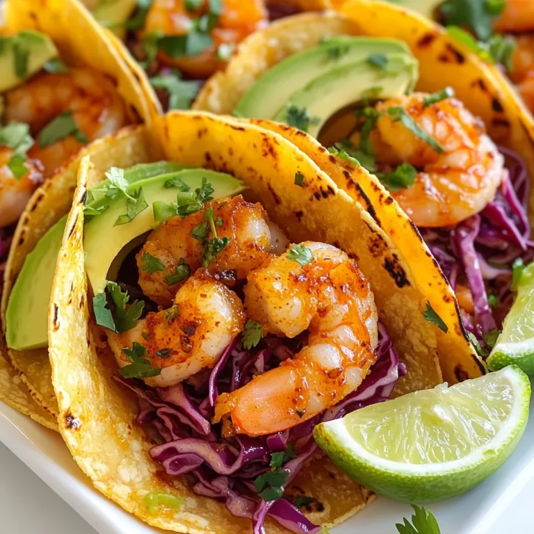 To make Spicy Garlic Shrimp Tacos, you need fresh and flavorful ingredients. Here is what you will gather: - 1 lb large shrimp, peeled and deveined - 3 tablespoons olive oil - 4 cloves garlic, minced - 1 teaspoon paprika - 1 teaspoon cayenne pepper - Juice of 2 limes - Salt and pepper to taste - 8 small corn tortillas - 1 cup red cabbage, finely shredded - 1 ripe avocado, sliced - Fresh cilantro leaves, for garnish - Lime wedges, for serving These ingredients give the tacos a zesty, spicy kick. The shrimp is the star, while the garlic adds depth. The lime juice brightens everything up, making each bite fresh and exciting. You can add extra toppings for more flavor and texture. Consider these options: - Diced tomatoes - Sliced jalapeños - Crumbled feta cheese - Sour cream or Greek yogurt These toppings can change the flavor profile. You can add heat with jalapeños or creaminess with feta. Mix and match to suit your taste! To round out your meal, pair these tacos with simple, tasty side dishes. Here are a few ideas: - Mexican rice - Black beans - Grilled corn on the cob - A light salad These sides complement the tacos well. They add balance to the meal. Choose what you love, and enjoy the feast! {{ingredient_image_1}} To make the shrimp tasty, start by mixing the marinade. In a large bowl, add 1 pound of peeled and deveined shrimp. Then, pour in 3 tablespoons of olive oil. Next, add 4 minced garlic cloves and 1 teaspoon each of paprika and cayenne pepper. Squeeze the juice of 2 limes into the bowl. Finally, season with salt and pepper to your liking. Toss everything together until the shrimp is well coated. This marinade adds flavor and spice that makes the dish truly special. Now it’s time to cook the shrimp. Heat a large skillet over medium-high heat. Once hot, add the shrimp mixture in a single layer. Cook the shrimp for about 2 to 3 minutes on each side. You want them to turn pink and opaque. This shows they are cooked just right. When done, remove the skillet from the heat. The shrimp should smell amazing! While the shrimp cooks, warm the corn tortillas. Use another dry skillet over medium heat. Warm each tortilla for about 30 seconds on each side. This makes them soft and pliable. Now, let’s assemble the tacos! Place a generous spoonful of shrimp on each tortilla. Top them with shredded red cabbage and slices of ripe avocado. Finish with fresh cilantro leaves for a burst of color. Serve with lime wedges on the side for extra flavor. Enjoy your flavorful shrimp tacos! When picking shrimp, freshness is key. Look for shrimp that are firm and shiny. They should smell like the ocean, not fishy. If you can, buy wild-caught shrimp. They often taste better than farmed. Choose large shrimp, as they hold up well in tacos. Cook shrimp fast to keep them juicy. Heat your skillet until it's hot, then add the shrimp. Cook them for about 2-3 minutes on each side. They are done when they turn pink and opaque. Avoid overcooking; it makes them tough. To spice up your tacos, try a few sauces. A squeeze of lime juice adds brightness. You could also use a creamy sauce like chipotle mayo. For a kick, drizzle some hot sauce on top. These options boost the flavor of your shrimp tacos! Pro Tips Fresh Shrimp is Key: Always opt for fresh shrimp rather than frozen for the best flavor and texture. If using frozen, ensure they are completely thawed before cooking. Control the Heat: Adjust the cayenne pepper to your taste. If you prefer a milder flavor, start with half a teaspoon and add more as needed. Warm Tortillas Properly: Warming your corn tortillas in a dry skillet enhances their flavor and makes them more pliable, preventing tearing when you assemble the tacos. Garnish for Flavor: Don’t skip the fresh cilantro and lime wedges; they add a burst of freshness that complements the spiciness of the shrimp beautifully. {{image_2}} You can change the heat in these tacos. If you like it mild, skip the cayenne pepper. Instead, use sweet paprika. For a spicier kick, add more cayenne. You can also mix in diced jalapeños or hot sauce. This way, you control how hot your tacos get. Adjusting the spice level keeps it fun and fresh. You can easily make this recipe vegetarian or vegan. Instead of shrimp, try using firm tofu or jackfruit. Both options soak up flavors well and give a nice texture. For a seafood taste, use vegan shrimp made from plant-based ingredients. Marinate and cook them just like the shrimp. This makes the meal inclusive for everyone. Get creative with taco fillings. Besides cabbage and avocado, you can add mango salsa or black beans. Roasted corn or grilled peppers also add a nice touch. For crunch, sprinkle some crushed tortilla chips on top. Using different fillings makes each taco a new adventure. Explore flavors to find your favorite combo. To store leftover tacos, place them in an airtight container. Make sure the shrimp are cool before sealing. This keeps them fresh for up to two days in the fridge. You can also store the shrimp and toppings separately. This way, you keep the tortillas from getting soggy. Reheat the shrimp in a skillet over medium heat. Add a splash of olive oil to keep them moist. Stir them around for about 2-3 minutes until they are heated through. Avoid using the microwave. This method helps keep the shrimp tender and juicy. To freeze the shrimp, place them in a freezer-safe bag. Remove as much air as possible before sealing. The shrimp can stay frozen for up to three months. When ready to use, thaw them in the fridge overnight. You can then reheat them as described above. Yes, you can make Spicy Garlic Shrimp Tacos ahead. Prepare the shrimp and store it in the fridge. You can cook the shrimp up to a day before. Just keep it covered in an airtight container. When you're ready to eat, warm the shrimp in a skillet. Heat the tortillas fresh for the best taste. This way, you save time without losing flavor. If you need a substitute for olive oil, use canola oil or avocado oil. Both options work well for cooking shrimp. They have a light taste and a high smoke point. You can also use melted butter for a richer flavor. Just remember, each oil can change the taste a bit, so choose what you love most. You’ll know shrimp are cooked when they turn pink and opaque. The shrimp should curl slightly but not be tight. Cooking usually takes about 2-3 minutes on each side. If you see a whiteish color, they are done. Always check that they are firm to the touch. This ensures you have perfectly cooked shrimp every time. Spicy Garlic Shrimp Tacos combine bold flavors and easy steps. We covered ingredients, from the shrimp marinade to tasty toppings. I shared tips for cooking shrimp just right and creative taco variations. Plus, I explained how to store and reheat leftovers. These tacos are fun to make and share. Enjoy experimenting with flavors that excite your taste buds. You can impress friends and family with this simple but delicious dish. Happy cooking!