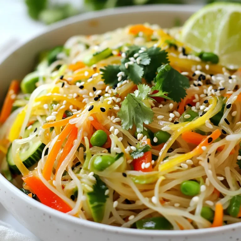 To make this delicious salad, you need the following main ingredients: - 8 oz rice noodles - 1 cup shredded carrots - 1 red bell pepper, thinly sliced - 1 cucumber, julienned - 1 cup snap peas, trimmed - 1/4 cup green onions, sliced - 1/4 cup fresh cilantro, chopped - 1/4 cup sesame seeds These ingredients create a colorful mix. The rice noodles give a nice base, while the veggies add crunch and flavor. You can customize the salad with these optional ingredients: - Cooked chicken or tofu for protein - Avocado slices for creaminess - Chopped nuts for added crunch - Different bell peppers for taste variety Feel free to mix in what you love. These options let you make the salad your own. Fresh herbs and toppings enhance the dish. Try these: - Fresh mint for a cool taste - Basil leaves for a fragrant touch - More cilantro for extra flavor - Lime wedges for a zesty kick Adding these herbs and toppings will elevate your salad. They bring fresh flavors and a pop of color to your dish. {{ingredient_image_1}} To cook the rice noodles, follow the package instructions. Bring water to a boil in a pot. Add the noodles and stir them gently. Cook until they are soft but still firm, usually about 5-7 minutes. Drain the noodles in a colander. Rinse them under cold water to stop the cooking. This helps keep the noodles from getting mushy. Set them aside to cool. Next, grab a large bowl and chop your veggies. Start with 1 cup of shredded carrots. Then, slice 1 red bell pepper into thin strips. Use a julienne cutter to chop 1 cucumber into thin sticks. Trim the ends off 1 cup of snap peas. Lastly, slice 1/4 cup of green onions and chop 1/4 cup of fresh cilantro. Add all these veggies to the bowl for a colorful mix. In a small bowl, whisk together the dressing. Combine 1/4 cup of soy sauce, 2 tablespoons of grated fresh ginger, and 2 tablespoons of sesame oil. Then, add 1 tablespoon of honey, 1 tablespoon of rice vinegar, and 1 tablespoon of lime juice. Mix well until all the ingredients blend into a smooth sauce. You can adjust the sweetness or sourness by adding more honey or vinegar. Pour the dressing over the vegetable mix. Toss gently to coat everything in the dressing. Next, add the chilled rice noodles to the bowl. Toss again until all the ingredients are mixed well. Season your salad with salt and pepper to taste. Finally, sprinkle 1/4 cup of sesame seeds on top and give it one last gentle toss. Your sesame ginger noodle salad is now ready to enjoy! To cook rice noodles, follow the package instructions closely. Start by boiling water in a large pot. Once boiling, add the rice noodles. Cook them for about 4 to 6 minutes. Check for doneness; they should be tender but not mushy. Drain the noodles and rinse them under cold water. This stops the cooking and keeps the noodles from sticking. Set them aside until you're ready to mix them with the salad. The dressing is key for great taste. Start by mixing soy sauce, ginger, sesame oil, honey, rice vinegar, and lime juice. If you like it sweeter, add more honey. If you want more tang, add extra vinegar or lime juice. Taste as you go. This way, you can find the perfect balance for your salad. Don't be afraid to experiment to match your flavor preferences. Presentation makes a big difference. Serve the salad in bowls or on a large platter. This creates a colorful display. Garnish with extra sesame seeds and fresh cilantro on top. A lime wedge on the side adds a fresh touch and looks nice. For a more vibrant look, use a mix of colors in your vegetables. This will catch the eye and make it more inviting. Pro Tips Choose Fresh Ingredients: Using fresh vegetables and herbs enhances the flavor and texture of the salad. Look for vibrant, crisp produce for the best results. Adjust the Dressing: Feel free to tweak the dressing ingredients to suit your taste. Add more lime juice for acidity or honey for sweetness to create your perfect balance. Vary the Noodles: While rice noodles are traditional, you can experiment with different types of noodles such as soba or udon to give the salad a unique twist. Meal Prep Friendly: This salad can be made ahead of time and stored in the refrigerator. Just keep the dressing separate until you're ready to serve to maintain freshness. {{image_2}} You can easily add protein to your sesame ginger noodle salad. Chicken works well. Just grill or sauté it first. Slice it thin and toss it in. Tofu offers a great vegetarian option. Use firm tofu, press it to remove water, and then cube it. Sauté until golden for extra flavor. Shrimp is another tasty choice. Cook them in a pan with a bit of oil until they turn pink. Add your chosen protein for a filling meal. Making this salad vegetarian or vegan is simple. Skip the meat and add more veggies instead. Try adding sliced radishes, bell peppers, or even avocado for creaminess. Use maple syrup instead of honey to keep it vegan. This keeps the sweetness while making it plant-based. You can also include edamame for extra protein and texture. These changes keep the dish healthy and delicious. If you need a gluten-free version, swap the rice noodles. Use zucchini noodles or spiralized carrots instead. These options add a fresh crunch and are also low in carbs. Look for gluten-free soy sauce for the dressing. It has the same great flavor without the gluten. You can also try tamari sauce as a gluten-free alternative. These swaps ensure everyone can enjoy this tasty salad. To keep your Sesame Ginger Noodle Salad fresh, first let it cool to room temperature. Place leftovers in an airtight container. Make sure to separate the noodles from the dressing if you can. This helps prevent sogginess. Store the salad in the fridge and eat it within three days for the best taste. Use glass containers with tight lids for the best storage. They help keep flavors fresh. If you want to save space, use plastic containers. Just ensure they seal well. Mason jars work great too. They keep the salad looking pretty and are easy to grab on the go. When reheating, be gentle. This salad tastes best cold or at room temperature. If you want to warm it up, use a microwave. Heat it for short bursts, stirring in between. This way, it stays tasty without losing its crunch. Add a splash of soy sauce or lime juice to boost the flavor if needed. Yes, you can make this salad ahead of time. It tastes great after chilling in the fridge. Just mix the noodles and dressing right before serving. This keeps the noodles from getting soggy. You can store it for up to a day. You can use any noodle you like. Try whole wheat pasta or soba noodles. Zucchini noodles are a great low-carb option. They add a fresh taste and crunch to the salad. The salad can be gluten-free if you use gluten-free soy sauce. Many brands offer gluten-free options. Just check the label before buying. The rice noodles are naturally gluten-free, making this dish suitable for many diets. This salad lasts about three days in the fridge. Keep it in an airtight container. The crunch of the veggies may soften over time, but it will still taste good. Absolutely! Feel free to add your favorite veggies. Broccoli, bell peppers, and cabbage work well. Mix in some edamame for extra protein. The more colorful the salad, the better it looks and tastes! In this blog post, we explored how to make Sesame Ginger Noodle Salad. We covered the main and optional ingredients, preparation steps, and tips for the best results. You can customize this dish with different proteins and herbs. Enjoy your salad fresh or store leftovers properly for later. This recipe is both fun and easy. I hope you feel inspired to make your own version. Dive in and savor every bite!