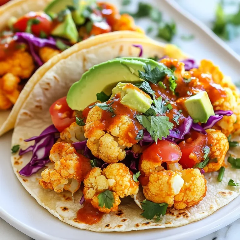 - 1 medium head of cauliflower - 1 cup flour (or gluten-free flour) - 1 cup buttermilk (or plant-based milk with vinegar) - 1 cup buffalo sauce - 8 small corn tortillas - 1 avocado, sliced - 1 cup shredded red cabbage - 1/2 cup diced tomatoes - 1/4 cup fresh cilantro, chopped - 1 tablespoon olive oil - Salt and pepper to taste - Baking sheet - Mixing bowl - Parchment paper - Skillet When I make buffalo cauliflower tacos, I start with fresh ingredients. A medium head of cauliflower works best. The cauliflower gets cut into small florets. This size helps it cook evenly and get crispy. I use one cup of flour for the batter. If you need a gluten-free option, just swap in gluten-free flour. Next, for the batter, I add one cup of buttermilk. If you want a plant-based choice, mix one cup of plant-based milk with one tablespoon of vinegar. This mixture gives the batter a nice tang. I then prepare one cup of buffalo sauce. This spicy sauce makes the dish bold and flavorful. For the tortillas, I use eight small corn tortillas. They are perfect for wrapping around the tasty filling. Now for the toppings! I love adding one sliced avocado. It brings creaminess to the tacos. Then, I sprinkle on one cup of shredded red cabbage. This adds crunch and color. I also dice half a cup of fresh tomatoes for a juicy burst in each bite. Finally, I chop a quarter cup of fresh cilantro for a bright finish. Do not forget olive oil! I use one tablespoon to drizzle over the fresh toppings. And of course, season with salt and pepper to taste. Gather these ingredients and tools to make your buffalo cauliflower tacos truly delicious! {{ingredient_image_1}} - Preheat your oven to 450°F (232°C). Line a baking sheet with parchment paper. - In a mixing bowl, combine 1 cup of flour, salt, and pepper. - Gradually whisk in 1 cup of buttermilk until the batter is smooth and creamy. - Dip each cauliflower floret into the batter. Let the excess batter drip off. - Place the coated florets on the prepared baking sheet, making sure they don’t touch. - Bake for 20-25 minutes, until the cauliflower turns golden and crispy. - Remove the cauliflower from the oven. Toss the florets in 1 cup of buffalo sauce until they are well-coated. - Return them to the oven for an extra 5 minutes to set the sauce. - While the cauliflower bakes, warm 8 small corn tortillas in a skillet over medium heat until they are soft and pliable. - On each tortilla, layer a few pieces of the buffalo cauliflower. - Top with sliced avocado, shredded red cabbage, diced tomatoes, and fresh cilantro. - Drizzle any remaining buffalo sauce over the top or serve it on the side for dipping. To get that perfect crunch, you need an even coating. Dip each cauliflower floret well in the batter. Let the excess drip off before placing them on the baking sheet. This helps them crisp up nicely. If you want them extra crunchy, adjust the baking time. Bake for 25 minutes instead of 20. Watch them closely to avoid burning. These tacos shine when paired with tasty dips. Consider ranch or extra buffalo sauce. For a complete meal, serve them with side dishes. Rice or black beans work well. They add fiber and make the meal more filling. Feel free to get creative with toppings. Try diced red onions or jalapeños for extra flavor. You can also swap out the cabbage for spinach. If you have dietary needs, look for alternatives. Use dairy-free cheese or gluten-free tortillas. This way, everyone can enjoy these tacos! Pro Tips Use Fresh Cauliflower: For the best texture and flavor, choose a fresh cauliflower head. Look for firm florets with no brown spots. Customize Your Heat: Adjust the spiciness of your tacos by using mild or hot buffalo sauce, or mix in a bit of honey for a sweet heat. Make Ahead: Prepare the buffalo cauliflower in advance and store it in the fridge. Just reheat in the oven before serving to maintain crispiness. Experiment with Toppings: Feel free to add other toppings like pickled red onions, crumbled blue cheese, or a drizzle of ranch dressing for extra flavor. {{image_2}} For a fun twist, try making buffalo cauliflower taco bowls. You can swap out the corn tortillas for a base of rice or quinoa. This change adds heartiness to your meal. Ingredients for Taco Bowls: - 1 medium head of cauliflower, cut into florets - 1 cup flour (or gluten-free flour) - 1 cup buttermilk (or plant-based milk with vinegar) - 1 cup buffalo sauce - 1 cup cooked rice or quinoa - 1 avocado, sliced - 1 cup shredded red cabbage - 1/2 cup diced tomatoes - 1/4 cup fresh cilantro, chopped - Salt and pepper to taste Instructions for Assembly: 1. Bake the cauliflower as in the taco recipe. 2. In a bowl, layer the rice or quinoa first. 3. Top with buffalo cauliflower. 4. Add avocado, cabbage, tomatoes, and cilantro. 5. Drizzle with buffalo sauce. To make these tacos vegan, substitute the buttermilk. Use plant-based milk mixed with vinegar instead. This keeps the batter creamy and tasty. Substitutions for Dairy-Free Options: - Replace buttermilk with plant-based milk and vinegar. - Use vegan-friendly buffalo sauce. Cooking Suggestions: 1. Follow the original recipe for baking. 2. Assemble the tacos as directed, using the vegan options. If you like heat, add more spice! You can mix in chopped jalapeños or a dash of cayenne pepper. These ingredients add zing and warmth. Adding Heat with Extra Ingredients: - Include diced jalapeños in the batter or on top. - Sprinkle cayenne pepper into the buffalo sauce. Spice Level Adjustments: 1. Start with a small amount of extra spice. 2. Taste as you go to find your perfect heat level. To store leftover tacos, place them in an airtight container. You can keep them in the fridge for up to three days. Make sure to separate the toppings from the cauliflower. This keeps the tortillas from getting soggy. When you are ready to eat, reheat the tacos in a skillet over low heat. This helps keep the tortillas soft. You can also use a microwave if you need to heat them fast. Just cover them with a damp paper towel to keep them moist. Freezing buffalo cauliflower is simple and great for meal prep. Start by cooling the cooked cauliflower completely. Next, spread it out on a baking sheet. This prevents the pieces from sticking together. Place it in the freezer for about an hour. Once frozen, transfer the cauliflower to a freezer-safe bag. Remove as much air as possible before sealing. To thaw, place the cauliflower in the fridge overnight. Reheat in a skillet or oven before serving. Leftover buffalo cauliflower tacos last about three days in the fridge. If you freeze them, they can last up to three months. Always check for signs of spoilage. Look for any unusual smells or changes in color. If the tacos feel slimy or sticky, it is best to throw them away. Keeping your food safe is very important! Yes, you can use frozen cauliflower. Frozen cauliflower saves time and is easy to find. Just thaw it before cooking. Pat it dry with a towel to remove excess moisture. This helps the batter stick better. Bake it for a few extra minutes to ensure it gets crispy. If you need a dairy-free option, use plant-based milk. Add one tablespoon of vinegar to one cup of almond or soy milk. Let it sit for a few minutes. This simple mix works well in batters. You can also use coconut milk for a rich flavor. To add heat, mix extra hot sauce into the buffalo sauce. You can also sprinkle cayenne pepper on the cauliflower before baking. Another idea is to add sliced jalapeños on top of the tacos. For a milder kick, try chipotle sauce for a smoky flavor. Yes, these tacos can be gluten-free. Substitute regular flour with gluten-free flour. Just make sure the buffalo sauce is gluten-free too. Many brands offer gluten-free options. This way, everyone can enjoy these tasty tacos without worries! In this post, we explored making buffalo cauliflower tacos. We covered the main ingredients, cooking steps, and topping ideas. You learned how to achieve the best texture and customize your tacos. Remember, experimenting with flavors can enhance your dish. Don't shy away from adding your favorite toppings. These tacos are not only tasty but also easy to make. Try these tips, store leftovers properly, and enjoy for days. Embrace your creativity in the kitchen!