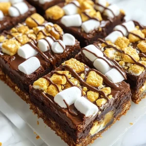 To create the perfect S'mores Brownie Bars, you need a mix of sweet and rich flavors. Here’s what you’ll need: - 1 cup unsalted butter, melted - 2 cups granulated sugar - 4 large eggs - 1 teaspoon vanilla extract - 1 cup all-purpose flour - 1/2 cup unsweetened cocoa powder - 1 teaspoon baking powder - 1/2 teaspoon salt - 1 cup semi-sweet chocolate chips - 1 cup mini marshmallows - 1 cup crushed graham crackers - 1/2 cup chocolate syrup Each ingredient plays a key role in making these bars delightful. The butter adds richness, while sugar brings sweetness. The eggs bind the mix together. Vanilla adds a warm flavor, and flour gives structure. Cocoa powder makes it chocolaty, and baking powder helps it rise. Salt balances the sweetness. Chocolate chips add extra chocolatey goodness, and mini marshmallows and graham crackers give that classic s'mores taste. Finally, chocolate syrup drizzled on top makes everything even better. This blend creates a treat that melts in your mouth! {{ingredient_image_1}} - Preheat the oven to 350°F. This helps the brownies cook evenly. - Grease a 9x13 inch baking pan. Use butter or non-stick spray for easy removal. - In a large bowl, combine the melted butter and granulated sugar. Whisk until smooth. - Next, add the eggs one at a time. Mix well after each egg. Stir in the vanilla extract. - In another bowl, sift the flour, cocoa powder, baking powder, and salt. Gradually fold the dry mix into the wet ingredients. Stop mixing when just combined. - Now, gently fold in the chocolate chips. This adds extra chocolatey goodness. Pour the brownie batter into the greased pan and spread it out evenly. - Bake in the preheated oven for 25-30 minutes. Check for doneness by inserting a toothpick. It should come out with a few moist crumbs. - Remove the brownies from the oven. Quickly sprinkle mini marshmallows and crushed graham crackers on top. Drizzle chocolate syrup over the marshmallows. - Return the pan to the oven for an additional 5-7 minutes. Watch for the marshmallows to turn lightly golden and puff up. - Let the brownies cool in the pan for at least 15 minutes. This makes cutting easier. Enjoy your delicious S'mores Brownie Bars! - Ensuring proper baking time: Bake your S'mores Brownie Bars for 25-30 minutes. A toothpick should come out with moist crumbs. This means they are done. If it’s clean, they might be overbaked. - Ensuring moist brownies: Use melted butter for a rich taste. Avoid overmixing when you combine wet and dry ingredients. This keeps your brownies tender and gooey. - Serving suggestions for maximum appeal: Serve the brownie bars warm. This melts the mini marshmallows and adds charm. Place the bars on a nice plate to make them look special. - Optional toppings: Top with more mini marshmallows and a drizzle of chocolate syrup. You can also add crushed graham crackers for extra crunch and flavor. - Overmixing the batter: Mix just until combined. Overmixing can create tough brownies. Gentle folding keeps them soft and delicious. - Underbaking: Make sure to bake them until the tops are golden. If they are too gooey, you might end up with a messy treat. Check for that perfect bake! Pro Tips Use Room Temperature Eggs: Ensure your eggs are at room temperature for a smoother batter and better incorporation. Do Not Overmix: Mix until just combined to keep your brownies fudgy and avoid a dense texture. Experiment with Mix-Ins: Try adding nuts, toffee bits, or different types of chocolate chips for extra flavor and texture. Store Properly: Keep leftover brownie bars in an airtight container at room temperature for up to 5 days for optimal freshness. {{image_2}} You can customize your S'mores Brownie Bars to suit your taste. Try adding nuts for crunch. Chopped walnuts or pecans work well. You can also stir in peanut butter for a creamy twist. Just swirl it into the batter before baking. For chocolate lovers, use different types of chocolate. Milk chocolate gives a sweeter taste. Dark chocolate adds a rich, bold flavor. You can mix semi-sweet and white chocolate chips for a fun contrast. If you need gluten-free options, swap all-purpose flour with a gluten-free blend. This change keeps the bars just as tasty. For vegan replacements, use flax eggs instead of real eggs. To make flax eggs, mix one tablespoon of flaxseed meal with three tablespoons of water. Let it sit until it thickens. Use dairy-free butter and chocolate chips for a vegan treat. You can make these bars seasonal too. Add pumpkin spice in the fall for a cozy flavor. Just mix one teaspoon of pumpkin spice into the dry ingredients. In summer, try adding fresh berries for a fruity touch. Strawberries or raspberries work great, adding color and taste. - Storing leftovers at room temperature: You can store S'mores Brownie Bars at room temperature. Just place them in an airtight container. This keeps them fresh for about three days. Make sure the bars are cool before you seal them up. - Refrigeration for extended freshness: For longer storage, put the brownie bars in the fridge. They can last up to a week this way. The cold will help maintain their rich flavor and texture. Just remember to cover them well to avoid drying out. - How to freeze S'mores Brownie Bars: If you want to keep them for a longer time, freezing is a great option. Cut the bars into individual pieces. Then wrap each piece in plastic wrap tightly. Place the wrapped bars in a freezer-safe bag or container. They can last for up to three months in the freezer. - Thawing tips for best texture: When you’re ready to enjoy them, take the bars out of the freezer. Let them thaw in the fridge overnight. This helps keep their texture nice and moist. If you want, you can warm them up in the microwave for a few seconds before serving. Enjoy your tasty treat! S'mores Brownie Bars can last for about 3 days at room temperature. Keep them in an airtight container to keep them fresh. If you refrigerate them, they can last up to a week. Cold storage helps keep the bars moist and tasty. Yes, you can make these brownies a day or two ahead. Just bake them and let them cool completely. Store them in an airtight container at room temperature. This way, you can enjoy a sweet treat anytime without stress. If you don't have chocolate syrup, try using melted chocolate or Nutella. Both options add a rich flavor. You can also use caramel sauce for a different twist. Each topping will give your bars a unique taste. This article covered all you need to make S'mores Brownie Bars. You learned about the key ingredients, step-by-step baking instructions, and tips for perfect results. I shared fun variations and storage methods to keep them fresh. Remember, avoiding common mistakes leads to tasty treats. With all this knowledge, you can bake confidently. Enjoy creating delicious brownies that impress everyone! Keep experimenting and have fun in the kitchen.