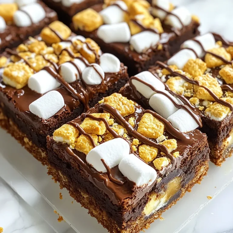 To create the perfect S'mores Brownie Bars, you need a mix of sweet and rich flavors. Here’s what you’ll need: - 1 cup unsalted butter, melted - 2 cups granulated sugar - 4 large eggs - 1 teaspoon vanilla extract - 1 cup all-purpose flour - 1/2 cup unsweetened cocoa powder - 1 teaspoon baking powder - 1/2 teaspoon salt - 1 cup semi-sweet chocolate chips - 1 cup mini marshmallows - 1 cup crushed graham crackers - 1/2 cup chocolate syrup Each ingredient plays a key role in making these bars delightful. The butter adds richness, while sugar brings sweetness. The eggs bind the mix together. Vanilla adds a warm flavor, and flour gives structure. Cocoa powder makes it chocolaty, and baking powder helps it rise. Salt balances the sweetness. Chocolate chips add extra chocolatey goodness, and mini marshmallows and graham crackers give that classic s'mores taste. Finally, chocolate syrup drizzled on top makes everything even better. This blend creates a treat that melts in your mouth! {{ingredient_image_1}} - Preheat the oven to 350°F. This helps the brownies cook evenly. - Grease a 9x13 inch baking pan. Use butter or non-stick spray for easy removal. - In a large bowl, combine the melted butter and granulated sugar. Whisk until smooth. - Next, add the eggs one at a time. Mix well after each egg. Stir in the vanilla extract. - In another bowl, sift the flour, cocoa powder, baking powder, and salt. Gradually fold the dry mix into the wet ingredients. Stop mixing when just combined. - Now, gently fold in the chocolate chips. This adds extra chocolatey goodness. Pour the brownie batter into the greased pan and spread it out evenly. - Bake in the preheated oven for 25-30 minutes. Check for doneness by inserting a toothpick. It should come out with a few moist crumbs. - Remove the brownies from the oven. Quickly sprinkle mini marshmallows and crushed graham crackers on top. Drizzle chocolate syrup over the marshmallows. - Return the pan to the oven for an additional 5-7 minutes. Watch for the marshmallows to turn lightly golden and puff up. - Let the brownies cool in the pan for at least 15 minutes. This makes cutting easier. Enjoy your delicious S'mores Brownie Bars! - Ensuring proper baking time: Bake your S'mores Brownie Bars for 25-30 minutes. A toothpick should come out with moist crumbs. This means they are done. If it’s clean, they might be overbaked. - Ensuring moist brownies: Use melted butter for a rich taste. Avoid overmixing when you combine wet and dry ingredients. This keeps your brownies tender and gooey. - Serving suggestions for maximum appeal: Serve the brownie bars warm. This melts the mini marshmallows and adds charm. Place the bars on a nice plate to make them look special. - Optional toppings: Top with more mini marshmallows and a drizzle of chocolate syrup. You can also add crushed graham crackers for extra crunch and flavor. - Overmixing the batter: Mix just until combined. Overmixing can create tough brownies. Gentle folding keeps them soft and delicious. - Underbaking: Make sure to bake them until the tops are golden. If they are too gooey, you might end up with a messy treat. Check for that perfect bake! Pro Tips Use Room Temperature Eggs: Ensure your eggs are at room temperature for a smoother batter and better incorporation. Do Not Overmix: Mix until just combined to keep your brownies fudgy and avoid a dense texture. Experiment with Mix-Ins: Try adding nuts, toffee bits, or different types of chocolate chips for extra flavor and texture. Store Properly: Keep leftover brownie bars in an airtight container at room temperature for up to 5 days for optimal freshness. {{image_2}} You can customize your S'mores Brownie Bars to suit your taste. Try adding nuts for crunch. Chopped walnuts or pecans work well. You can also stir in peanut butter for a creamy twist. Just swirl it into the batter before baking. For chocolate lovers, use different types of chocolate. Milk chocolate gives a sweeter taste. Dark chocolate adds a rich, bold flavor. You can mix semi-sweet and white chocolate chips for a fun contrast. If you need gluten-free options, swap all-purpose flour with a gluten-free blend. This change keeps the bars just as tasty. For vegan replacements, use flax eggs instead of real eggs. To make flax eggs, mix one tablespoon of flaxseed meal with three tablespoons of water. Let it sit until it thickens. Use dairy-free butter and chocolate chips for a vegan treat. You can make these bars seasonal too. Add pumpkin spice in the fall for a cozy flavor. Just mix one teaspoon of pumpkin spice into the dry ingredients. In summer, try adding fresh berries for a fruity touch. Strawberries or raspberries work great, adding color and taste. - Storing leftovers at room temperature: You can store S'mores Brownie Bars at room temperature. Just place them in an airtight container. This keeps them fresh for about three days. Make sure the bars are cool before you seal them up. - Refrigeration for extended freshness: For longer storage, put the brownie bars in the fridge. They can last up to a week this way. The cold will help maintain their rich flavor and texture. Just remember to cover them well to avoid drying out. - How to freeze S'mores Brownie Bars: If you want to keep them for a longer time, freezing is a great option. Cut the bars into individual pieces. Then wrap each piece in plastic wrap tightly. Place the wrapped bars in a freezer-safe bag or container. They can last for up to three months in the freezer. - Thawing tips for best texture: When you’re ready to enjoy them, take the bars out of the freezer. Let them thaw in the fridge overnight. This helps keep their texture nice and moist. If you want, you can warm them up in the microwave for a few seconds before serving. Enjoy your tasty treat! S'mores Brownie Bars can last for about 3 days at room temperature. Keep them in an airtight container to keep them fresh. If you refrigerate them, they can last up to a week. Cold storage helps keep the bars moist and tasty. Yes, you can make these brownies a day or two ahead. Just bake them and let them cool completely. Store them in an airtight container at room temperature. This way, you can enjoy a sweet treat anytime without stress. If you don't have chocolate syrup, try using melted chocolate or Nutella. Both options add a rich flavor. You can also use caramel sauce for a different twist. Each topping will give your bars a unique taste. This article covered all you need to make S'mores Brownie Bars. You learned about the key ingredients, step-by-step baking instructions, and tips for perfect results. I shared fun variations and storage methods to keep them fresh. Remember, avoiding common mistakes leads to tasty treats. With all this knowledge, you can bake confidently. Enjoy creating delicious brownies that impress everyone! Keep experimenting and have fun in the kitchen.