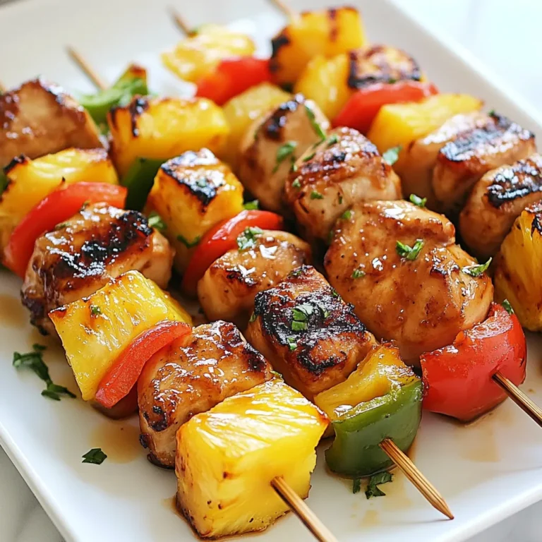 - 1 lb boneless chicken thighs: I love using these because they stay juicy. - 1 cup fresh pineapple: Sweet and tangy, it adds a nice twist. - 1 red bell pepper: This gives a pop of color and flavor. - 1 green bell pepper: It balances the sweetness of the pineapple. - ½ cup low-sodium soy sauce: This is key for our tasty marinade. - ¼ cup honey: It adds sweetness and helps with caramelization. - 2 tablespoons rice vinegar: This gives a nice acidity to the dish. - 2 tablespoons sesame oil: It brings a rich, nutty flavor to the skewers. - 2 cloves garlic, minced: Fresh garlic boosts the flavor. - 1 teaspoon ginger, minced: This adds warmth and zest to the marinade. - 1 teaspoon cornstarch: Use this if you want a thicker sauce. - Garnish ideas: I suggest sesame seeds and green onions for a lovely finish. Every ingredient plays a role in making these skewers a flavorful delight. The sweet pineapple pairs perfectly with the savory chicken. The vibrant bell peppers add crunch and color. Don't forget the optional ingredients; they elevate the dish further! {{ingredient_image_1}} To start, we need to prepare the marinade. In a medium bowl, whisk together the low-sodium soy sauce, honey, rice vinegar, sesame oil, minced garlic, and ginger. This mix brings out the sweet and savory flavors. It’s key for the chicken. Reserve a few tablespoons of marinade for basting later. Next, add the chicken cubes to the marinade. Make sure each piece is well-coated. Cover the bowl and refrigerate for at least 30 minutes. If you have time, let it marinate for up to 2 hours. The longer it sits, the more flavor it picks up. If you use wooden skewers, soak them in water for 30 minutes. This step helps prevent them from burning on the grill. If you have metal skewers, you can skip this part. Once the chicken is done marinating, it’s time to assemble the skewers. Thread the marinated chicken, fresh pineapple, and bell pepper pieces alternately onto the skewers. Packing them tightly looks great and helps them cook evenly. For cooking, preheat your grill or grill pan over medium-high heat. Place the skewers on the grill and cook for about 10 to 15 minutes. Turn them occasionally to ensure they cook evenly. Baste them with the reserved marinade as they cook. This helps keep them juicy and adds extra flavor. If you want a thicker glaze, you can mix cornstarch with a little water. Add this to the reserved marinade in the last few minutes of cooking. This step makes the sauce stick nicely to the skewers. Once cooked, remove the skewers from the grill. Let them rest for a couple of minutes before serving. Enjoy the rich flavors of pineapple teriyaki chicken skewers! To get the best flavor, let the chicken soak in the marinade. I recommend marinating for at least 30 minutes. If you have time, go for 2 hours. This helps the chicken absorb all the tasty flavors. Alternative marinating ingredients: You can mix things up. Try adding fresh lime juice or orange juice for a citrus twist. Fresh herbs like cilantro or basil can add a nice touch too. Ensure even cooking by turning the skewers often. This helps all sides cook the same. You want nice grill marks, which add great taste and looks. Use medium-high heat for the best results. For those perfect marks, place the skewers on the grill and do not move them for a couple of minutes. Then, turn them to get nice lines. Pair these skewers with rice or a fresh salad. They make a great meal when served with jasmine or coconut rice. You can also serve them with a tangy slaw for crunch. Presentation ideas: Arrange the skewers on a large platter. Garnish with sesame seeds and chopped green onions for color. This makes the dish pop and look inviting. Pro Tips Marinate Longer for Flavor: Allowing the chicken to marinate for up to 2 hours will enhance the flavor, making it more succulent and delicious. Choose Fresh Ingredients: Using fresh pineapple and vibrant bell peppers not only boosts the flavor but also adds a colorful presentation to your skewers. Monitor Grill Temperature: Keep an eye on grill temperature to prevent burning; medium-high heat is ideal for achieving a nice char while cooking the chicken through. Experiment with Vegetables: Feel free to add other vegetables like zucchini or cherry tomatoes to your skewers for added variety and nutrition. {{image_2}} You can swap out the chicken for other proteins. Tofu works well for a vegetarian dish. It absorbs flavors nicely. Shrimp is another great choice. It cooks quickly and adds a nice texture. Feel free to change the vegetables too. Try using zucchini or mushrooms. They add a different taste and look lovely on the skewers. You can also add cherry tomatoes for a pop of color. Want to give your skewers a tropical twist? Add mango chunks or coconut flakes. These fruits enhance the sweet and savory flavor. You could also try adding lime juice for some zing. If you like heat, add hot sauce to the marinade. A dash of sriracha or chili flakes can spice things up. This adds a new layer of flavor and makes each bite exciting. You don’t have to grill your skewers. You can bake them in the oven too. Preheat your oven to 400°F. Place the skewers on a baking sheet and cook for 20 minutes. Flip them halfway through for even cooking. Another method is using an air fryer. Set it to 380°F and cook for about 12 minutes. This method gives you a nice crispy finish. Plus, it’s quick and easy, perfect for busy nights! To store leftovers, place the skewers in an airtight container. This keeps them fresh. You can also wrap them tightly in plastic wrap. Leftovers stay good for up to three days in the fridge. After that, they might lose taste and texture. You can freeze pre-cooked skewers for later use. Make sure they are cool before you freeze them. Wrap each skewer in foil or place them in a freezer-safe bag. They can last for up to three months in the freezer. When it's time to eat, thaw the skewers in the fridge overnight. Reheat them on a grill or in the oven until they are hot. This way, you keep all the flavors intact. Can I use chicken breast instead of thighs? Yes, you can use chicken breast. Chicken thighs add more flavor and stay juicy. If you prefer chicken breast, cut it into 1-inch cubes. Just keep an eye on the cooking time, as breasts cook faster. What can I substitute for soy sauce? You can replace soy sauce with coconut aminos or tamari. Both options give a similar taste. Coconut aminos is great if you want a soy-free choice. How long do I need to marinate the chicken? Marinate the chicken for at least 30 minutes. For deeper flavor, let it sit for up to 2 hours. This helps the chicken soak up all the tasty marinade. What’s the best temperature for grilling? Preheat your grill to medium-high heat, around 400°F. This temperature gives nice grill marks and cooks the chicken evenly. Keep an eye on it to avoid burning. Is this recipe healthy? Yes, this recipe can be healthy. It has lean protein and fresh veggies. The pineapple adds natural sweetness without too much added sugar. How to lower the sugar content? To lower sugar, use less honey or substitute it with a sugar-free sweetener. You can also skip the honey entirely for a lower-sugar option. You now have a tasty recipe for chicken skewers with various flavors. Remember to choose fresh ingredients like boneless chicken thighs and ripe pineapple. Marinate the chicken for the best flavor, and don't forget about optional garnishes like green onions. You can swap in different proteins or veggies for fun twists. Whether you grill, bake, or air-fry, enjoy your skewers hot off the grill. With the right storage, you can enjoy these delicious meals longer. Happy cooking!