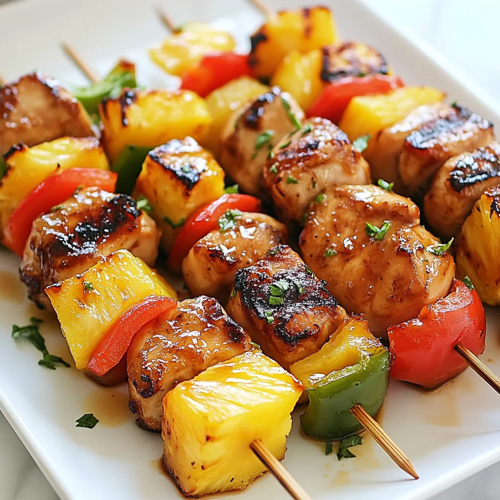 - 1 lb boneless chicken thighs: I love using these because they stay juicy. - 1 cup fresh pineapple: Sweet and tangy, it adds a nice twist. - 1 red bell pepper: This gives a pop of color and flavor. - 1 green bell pepper: It balances the sweetness of the pineapple. - ½ cup low-sodium soy sauce: This is key for our tasty marinade. - ¼ cup honey: It adds sweetness and helps with caramelization. - 2 tablespoons rice vinegar: This gives a nice acidity to the dish. - 2 tablespoons sesame oil: It brings a rich, nutty flavor to the skewers. - 2 cloves garlic, minced: Fresh garlic boosts the flavor. - 1 teaspoon ginger, minced: This adds warmth and zest to the marinade. - 1 teaspoon cornstarch: Use this if you want a thicker sauce. - Garnish ideas: I suggest sesame seeds and green onions for a lovely finish. Every ingredient plays a role in making these skewers a flavorful delight. The sweet pineapple pairs perfectly with the savory chicken. The vibrant bell peppers add crunch and color. Don't forget the optional ingredients; they elevate the dish further! {{ingredient_image_1}} To start, we need to prepare the marinade. In a medium bowl, whisk together the low-sodium soy sauce, honey, rice vinegar, sesame oil, minced garlic, and ginger. This mix brings out the sweet and savory flavors. It’s key for the chicken. Reserve a few tablespoons of marinade for basting later. Next, add the chicken cubes to the marinade. Make sure each piece is well-coated. Cover the bowl and refrigerate for at least 30 minutes. If you have time, let it marinate for up to 2 hours. The longer it sits, the more flavor it picks up. If you use wooden skewers, soak them in water for 30 minutes. This step helps prevent them from burning on the grill. If you have metal skewers, you can skip this part. Once the chicken is done marinating, it’s time to assemble the skewers. Thread the marinated chicken, fresh pineapple, and bell pepper pieces alternately onto the skewers. Packing them tightly looks great and helps them cook evenly. For cooking, preheat your grill or grill pan over medium-high heat. Place the skewers on the grill and cook for about 10 to 15 minutes. Turn them occasionally to ensure they cook evenly. Baste them with the reserved marinade as they cook. This helps keep them juicy and adds extra flavor. If you want a thicker glaze, you can mix cornstarch with a little water. Add this to the reserved marinade in the last few minutes of cooking. This step makes the sauce stick nicely to the skewers. Once cooked, remove the skewers from the grill. Let them rest for a couple of minutes before serving. Enjoy the rich flavors of pineapple teriyaki chicken skewers! To get the best flavor, let the chicken soak in the marinade. I recommend marinating for at least 30 minutes. If you have time, go for 2 hours. This helps the chicken absorb all the tasty flavors. Alternative marinating ingredients: You can mix things up. Try adding fresh lime juice or orange juice for a citrus twist. Fresh herbs like cilantro or basil can add a nice touch too. Ensure even cooking by turning the skewers often. This helps all sides cook the same. You want nice grill marks, which add great taste and looks. Use medium-high heat for the best results. For those perfect marks, place the skewers on the grill and do not move them for a couple of minutes. Then, turn them to get nice lines. Pair these skewers with rice or a fresh salad. They make a great meal when served with jasmine or coconut rice. You can also serve them with a tangy slaw for crunch. Presentation ideas: Arrange the skewers on a large platter. Garnish with sesame seeds and chopped green onions for color. This makes the dish pop and look inviting. Pro Tips Marinate Longer for Flavor: Allowing the chicken to marinate for up to 2 hours will enhance the flavor, making it more succulent and delicious. Choose Fresh Ingredients: Using fresh pineapple and vibrant bell peppers not only boosts the flavor but also adds a colorful presentation to your skewers. Monitor Grill Temperature: Keep an eye on grill temperature to prevent burning; medium-high heat is ideal for achieving a nice char while cooking the chicken through. Experiment with Vegetables: Feel free to add other vegetables like zucchini or cherry tomatoes to your skewers for added variety and nutrition. {{image_2}} You can swap out the chicken for other proteins. Tofu works well for a vegetarian dish. It absorbs flavors nicely. Shrimp is another great choice. It cooks quickly and adds a nice texture. Feel free to change the vegetables too. Try using zucchini or mushrooms. They add a different taste and look lovely on the skewers. You can also add cherry tomatoes for a pop of color. Want to give your skewers a tropical twist? Add mango chunks or coconut flakes. These fruits enhance the sweet and savory flavor. You could also try adding lime juice for some zing. If you like heat, add hot sauce to the marinade. A dash of sriracha or chili flakes can spice things up. This adds a new layer of flavor and makes each bite exciting. You don’t have to grill your skewers. You can bake them in the oven too. Preheat your oven to 400°F. Place the skewers on a baking sheet and cook for 20 minutes. Flip them halfway through for even cooking. Another method is using an air fryer. Set it to 380°F and cook for about 12 minutes. This method gives you a nice crispy finish. Plus, it’s quick and easy, perfect for busy nights! To store leftovers, place the skewers in an airtight container. This keeps them fresh. You can also wrap them tightly in plastic wrap. Leftovers stay good for up to three days in the fridge. After that, they might lose taste and texture. You can freeze pre-cooked skewers for later use. Make sure they are cool before you freeze them. Wrap each skewer in foil or place them in a freezer-safe bag. They can last for up to three months in the freezer. When it's time to eat, thaw the skewers in the fridge overnight. Reheat them on a grill or in the oven until they are hot. This way, you keep all the flavors intact. Can I use chicken breast instead of thighs? Yes, you can use chicken breast. Chicken thighs add more flavor and stay juicy. If you prefer chicken breast, cut it into 1-inch cubes. Just keep an eye on the cooking time, as breasts cook faster. What can I substitute for soy sauce? You can replace soy sauce with coconut aminos or tamari. Both options give a similar taste. Coconut aminos is great if you want a soy-free choice. How long do I need to marinate the chicken? Marinate the chicken for at least 30 minutes. For deeper flavor, let it sit for up to 2 hours. This helps the chicken soak up all the tasty marinade. What’s the best temperature for grilling? Preheat your grill to medium-high heat, around 400°F. This temperature gives nice grill marks and cooks the chicken evenly. Keep an eye on it to avoid burning. Is this recipe healthy? Yes, this recipe can be healthy. It has lean protein and fresh veggies. The pineapple adds natural sweetness without too much added sugar. How to lower the sugar content? To lower sugar, use less honey or substitute it with a sugar-free sweetener. You can also skip the honey entirely for a lower-sugar option. You now have a tasty recipe for chicken skewers with various flavors. Remember to choose fresh ingredients like boneless chicken thighs and ripe pineapple. Marinate the chicken for the best flavor, and don't forget about optional garnishes like green onions. You can swap in different proteins or veggies for fun twists. Whether you grill, bake, or air-fry, enjoy your skewers hot off the grill. With the right storage, you can enjoy these delicious meals longer. Happy cooking!