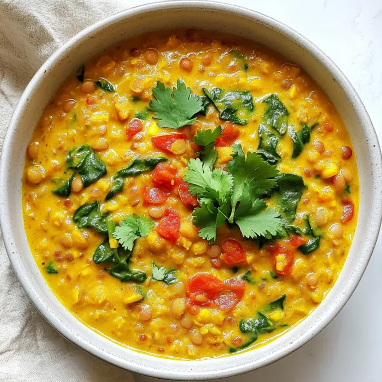 - 1 cup red lentils, rinsed - 1 can (13.5 oz) coconut milk - 1 medium onion, diced - 3 cloves garlic, minced - 1 tablespoon fresh ginger, grated - 1 tablespoon curry powder - 1 teaspoon turmeric powder - 1 teaspoon cumin seeds - 1 medium tomato, chopped - 1 cup vegetable broth - 1 cup spinach (fresh or frozen) - 2 tablespoons olive oil - Salt and pepper to taste - Fresh cilantro, chopped (for garnish) I love using red lentils for their quick cook time and creamy texture. The coconut milk adds a rich, sweet flavor that balances the spices well. Onions, garlic, and ginger build a solid base. They give the curry depth and warmth. Curry powder and turmeric add a nice golden color, while cumin seeds bring a spicy, earthy note. Fresh tomatoes add acidity and sweetness, and spinach packs in nutrients. - Additional vegetables - Different lentil types - Coconut flakes for garnish Feel free to mix in other vegetables, like carrots or bell peppers, for extra nutrition. You can also swap red lentils for green or brown lentils if you prefer. Top your curry with coconut flakes for a delightful crunch and extra coconut flavor. - Vegan - Gluten-free options - Nut-free alternative considerations This curry is vegan and gluten-free, making it a great choice for many diets. If you need a nut-free option, rest assured that this recipe fits the bill. Always check your vegetable broth to ensure it meets your dietary needs. {{ingredient_image_1}} Start by heating two tablespoons of olive oil in a large pot over medium heat. Once the oil is hot, add one teaspoon of cumin seeds. Sauté the seeds for about 30 seconds. You want them to smell nice and fragrant. Next, add one medium onion, diced. Cook the onion for about five minutes. Stir it often until it becomes translucent. Then, add three cloves of minced garlic and one tablespoon of grated ginger. Cook this for one to two minutes. This will build a strong flavor base. Now it’s time to add some spice! Mix in one tablespoon of curry powder and one teaspoon of turmeric powder. Stir well to coat the onions. Cook everything together for one more minute. This step enhances the taste of your curry. Add one chopped tomato to the pot. Cook it until it begins to soften, about three to four minutes. Then, stir in one cup of rinsed red lentils. Pour in one cup of vegetable broth and one can of coconut milk. Bring this mixture to a boil. Once boiling, reduce the heat to a simmer. Cover the pot and let it simmer for about 20 to 25 minutes. Stir occasionally until the lentils are fully cooked and tender. After that, add one cup of spinach. Stir it in until it wilts. Finally, season with salt and pepper to taste. Enjoy your creamy coconut lentil curry! To get the best creaminess in your curry, use red lentils. They break down easily and create a smooth texture. When cooking, stir the lentils well as they simmer. This helps them blend with the coconut milk. If you want an extra creamy feel, add a bit more coconut milk toward the end. This small change makes a big difference in texture. Adding a splash of lime juice or zest boosts the flavor. It brings brightness and balances the rich coconut. Stir it in just before serving for the best taste. You can also toss in a pinch of salt or a dash of chili flakes for extra depth. These small tweaks elevate the dish and keep it exciting. Creamy coconut lentil curry pairs well with rice or naan. The rice soaks up the sauce nicely, adding a comforting touch. Naan is perfect for scooping up the curry. You can also serve it with a fresh salad for a crunchy side. Each option adds a different texture and makes the meal more enjoyable. Pro Tips Soak Lentils for Extra Creaminess: Soaking red lentils for 30 minutes before cooking can help them cook faster and achieve a creamier texture in your curry. Customize Your Spice Level: Adjust the amount of curry powder and add a pinch of red pepper flakes if you prefer a spicier curry. Start with less and increase to taste. Incorporate Other Vegetables: Feel free to add other vegetables like bell peppers, carrots, or peas to increase the nutritional value and add more flavors to your curry. Serve with a Side: This curry pairs beautifully with rice, quinoa, or naan bread. Consider serving it with a side of cucumber salad for a refreshing contrast. {{image_2}} You can add protein to your creamy coconut lentil curry. Chickpeas are a great choice. They add texture and flavor. Tofu is another option. It soaks up all the tasty spices. You can use firm or extra-firm tofu for best results. Simply press it first, then cube and add it in. These options make the dish heartier and even more satisfying. Want to change the flavor? You can switch up the spices. Try adding garam masala for a warm, rich taste. A pinch of cayenne pepper can add heat if you like it spicy. Smoked paprika gives a nice depth too. Experiment with different blends to find what you love. Each spice brings its own twist, making the dish unique. Adding vegetables boosts nutrition and flavor. Carrots or bell peppers work well. They add crunch and color. Sweet potatoes or zucchini also blend nicely. Simply chop them and add them when you mix in the lentils. Don’t forget leafy greens like kale or Swiss chard. They wilt easily and add even more nutrients. Feel free to get creative with your veggie choices! To keep your creamy coconut lentil curry fresh, store it in airtight containers. Glass or BPA-free plastic containers work well. Let the curry cool down before sealing. This helps prevent condensation. You can safely store the leftovers in the fridge for up to four days. If you want to save some for later, freezing is perfect. Divide the curry into portions. Use freezer-safe containers or resealable bags. Make sure to remove as much air as possible to avoid freezer burn. You can freeze it for up to three months. When you’re ready to eat, thaw it overnight in the fridge. To reheat, you can use the stove or microwave. If using the stove, warm it in a pot over low heat. Stir often to keep it from sticking. If you prefer the microwave, heat it in short bursts. Stir in between to ensure even heating. Add a splash of water or broth if it seems too thick. Enjoy the delicious flavors again! Yes, you can make this curry ahead of time. It stores well in the fridge. Meal prep is smart, saving time on busy days. The flavors get even better as they sit. Just let it cool, then store in an airtight container. Reheat it on the stove or in the microwave. Enjoy your curry hassle-free! This curry pairs well with many sides. You could serve it with rice or naan bread. A fresh salad or steamed veggies works great too. If you want more recipes, check out the links below for ideas. To make it milder, use less curry powder. You can also add more coconut milk for creaminess. If you like heat, add red pepper flakes or fresh chili. Taste as you go to find your perfect level. Spice it just how you like it! Yes, you can swap lentils for other legumes. Chickpeas or black beans are good options. They may need a bit more cooking time. Rinse and soak them as needed. Customize your dish to fit your taste! This blog post outlined how to make a creamy coconut lentil curry. You learned about the key ingredients, including red lentils and spices. We also explored how to customize the dish with optional ingredients. I shared step-by-step instructions and helpful tips for perfecting flavor and texture. You can adjust spices and try various vegetables for unique twists. In closing, this curry is both easy and delicious. It fits many diets and can be enjoyed in various ways. Enjoy experimenting with your own version!