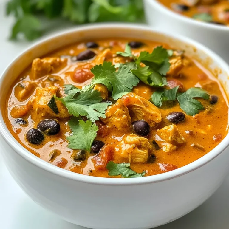 - 1 lb boneless, skinless chicken breasts, diced - 1 can pumpkin puree - 1 can black beans, drained and rinsed - 1 can diced tomatoes - 1 medium onion, diced - 3 cloves garlic, minced - 2 cups chicken broth - 1 cup heavy cream - 2 tablespoons olive oil - 2 teaspoons chili powder - 1 teaspoon ground cumin - 1 teaspoon smoked paprika - Salt and pepper to taste - Fresh cilantro for garnish (optional) Each ingredient plays a key role in making this creamy pumpkin chicken chili rich and tasty. The chicken gives protein, while pumpkin adds creaminess and flavor. Black beans add texture and fiber. The diced tomatoes bring acidity, balancing the dish. Onion and garlic provide depth with their savory notes. The spices give warmth and a touch of heat, making it comforting. Finally, heavy cream ties everything together, adding a luxurious finish. When you gather these ingredients, you set the stage for a delightful meal that warms the soul. {{ingredient_image_1}} To ensure chicken is tender, use boneless, skinless chicken breasts. Cut them into small, even pieces. This helps them cook quickly and evenly. Cook the chicken until it turns golden brown. This takes about 5 to 7 minutes. This step adds flavor and locks in moisture. For the best simmering, bring your chili to a gentle boil first. Then, lower the heat to let it simmer. Simmering slowly helps all the flavors mix well. Stir occasionally to prevent sticking. To elevate the taste, consider adding extra spices. Try cayenne pepper for heat or oregano for depth. A pinch of cinnamon can add warmth too. Using fresh ingredients is key. Fresh garlic and onion give a bright flavor. Fresh cilantro as a garnish adds color and freshness. Always choose quality ingredients when cooking. If you want alternatives for chicken, try turkey or tofu. Both will work well in this chili. For beans, you can swap black beans for kidney beans or pinto beans. You can use different types of pumpkin too. Butternut squash puree or even sweet potato puree can give a unique taste. For spiciness, add more chili powder or a dash of hot sauce. If you want less heat, skip the spicy elements. To make it vegetarian or vegan, replace chicken with mushrooms or chickpeas. Use coconut cream instead of heavy cream for a vegan twist. Make sure to use vegetable broth for the base. To keep your creamy pumpkin chicken chili fresh, use airtight containers. Glass or BPA-free plastic containers work best. They help keep the chili flavorful and safe. You can store chili in the fridge for up to four days. If you want to keep it longer, consider freezing it. When reheating your chili, use a pot on the stove for best results. Heat it over low to medium heat. Stir often to ensure it warms evenly. If you prefer the microwave, use a microwave-safe bowl. Heat in short bursts, stirring in between. To keep the creaminess, add a splash of heavy cream when reheating. This will help restore its rich texture. If it seems too thick, add a little chicken broth or water. This will bring back the perfect creamy consistency. Pro Tips Use Fresh Ingredients: For the best flavor, opt for fresh chicken and spices to enhance the chili's overall taste. Adjust the Spice Level: Customize the heat by adding more chili powder or including diced jalapeños for a kick. Thicken the Chili: If you prefer a thicker consistency, let it simmer longer or add a cornstarch slurry for a creamier texture. Serve with Toppings: Enhance your chili by serving it with toppings like avocado, sour cream, or shredded cheese for added richness. {{image_2}} Each serving of creamy pumpkin chicken chili has about 400 calories. This dish is hearty and filling. It provides balanced macronutrients. You get around 25 grams of protein, 15 grams of fat, and 45 grams of carbs. This balance makes it a great meal for any time. Pumpkin is a superfood you should include in your diet. It is rich in vitamins, especially vitamin A. This vitamin helps with eye health and boosts your immune system. Pumpkin also has fiber, which aids digestion and keeps you full longer. Chicken is another great ingredient in this dish. It is a lean protein source. Eating chicken can help build and repair muscles. It also contains important nutrients like B vitamins, which support energy levels. Together, pumpkin and chicken make this chili not only tasty but also healthy. Can I freeze creamy pumpkin chicken chili? Yes, you can freeze this chili. Wait until it cools. Place it in airtight containers. It stays good for up to three months. When you want to eat it, thaw it overnight in the fridge. Then, reheat it on the stove or in the microwave. What can I serve with chili? You can serve chili with many tasty sides. Cornbread is a classic choice. Rice or quinoa works well, too. You might like to add a simple salad or some tortilla chips for crunch. Don’t forget toppings like sour cream, cheese, or fresh cilantro! How to make it spicier? To spice it up, add more chili powder. You can also use diced jalapeños or hot sauce. Start with small amounts. Taste as you go to find your perfect heat level. Can I use canned pumpkin instead of fresh? Yes, canned pumpkin is great! It saves time and still tastes good. Just make sure you use pure pumpkin puree, not pumpkin pie filling. This keeps the flavors just right for your chili. This blog post provides a simple and tasty recipe for creamy pumpkin chicken chili. I covered the main and additional ingredients, cooking steps, and tips for the best results. You learned how to adjust the flavors and customize the dish to your liking. Also, I shared storage tips and the nutritional benefits tied to pumpkin and chicken. I hope you feel confident to try this recipe at home. Enjoy making and sharing this hearty meal with family and friends. It’s a dish that warms hearts and brings joy.