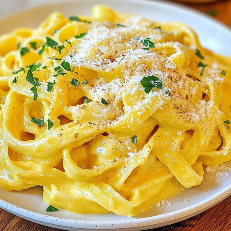 To make a delightful Creamy Pumpkin Alfredo Pasta, you need simple ingredients. Here’s what you will need: - 8 oz fettuccine pasta - 1 cup pure pumpkin puree - 1 cup heavy cream - 1/2 cup grated Parmesan cheese - 2 tablespoons unsalted butter - 2 cloves garlic, minced - 1/2 teaspoon nutmeg - 1/2 teaspoon cinnamon - Salt and pepper to taste - Fresh parsley (for garnish) These ingredients come together to create a rich, creamy dish. The pumpkin puree adds a lovely sweetness, while the Parmesan cheese brings a salty note. Garlic and spices like nutmeg and cinnamon create depth and warmth. Using fresh parsley as a garnish gives your pasta a pop of color and freshness. You can find pumpkin puree in cans or make your own by cooking and pureeing fresh pumpkin. Just make sure to keep everything ready before you start cooking. It makes the process so much smoother! {{ingredient_image_1}} To boil fettuccine, fill a large pot with water and add salt. Bring the water to a rolling boil. Then, add the fettuccine and cook it according to the package instructions. This usually takes about 8 to 10 minutes. You want the pasta to be al dente, which means it should still have a slight bite. To test, taste a piece of pasta a minute or two before the time is up. If it’s firm but not hard, it’s ready! For the sauce, first, melt the unsalted butter in a large skillet over medium heat. Once it’s melted, add the minced garlic. Sauté the garlic for about one minute until it smells great. This step adds a nice flavor to the sauce. Next, stir in the pure pumpkin puree and heavy cream. Mix it well and let it simmer gently for around 3 to 4 minutes. Stir occasionally to prevent sticking. Now it’s time to add flavor! Gradually mix in the grated Parmesan cheese, nutmeg, cinnamon, salt, and pepper. Stir until the cheese melts and the sauce is smooth and creamy. If your sauce is too thick, don’t worry! You can add a little reserved pasta water to reach your desired consistency. Finally, add the cooked fettuccine to the skillet with the sauce. Toss everything together to coat the pasta evenly. Enjoy your delicious meal! To enhance the sauce's creaminess, use heavy cream. It creates a rich and smooth base. You can also add more cheese for extra flavor. Stir in the cheese slowly to help it melt evenly. To adjust the thickness of the sauce, use reserved pasta water. If the sauce is too thick, add a splash of the starchy water. This helps the sauce cling to the pasta better. For garnishing, use fresh parsley. It adds a pop of color and freshness. You can also sprinkle some extra Parmesan on top for a lovely finish. When it comes to serving, use shallow bowls. They allow you to show off the creamy sauce and pasta beautifully. A wide dish also works well, making it easy to share. One common mistake is overcooking the pasta. This makes it mushy and hard to enjoy. Cook the fettuccine until it’s al dente for the best texture. Another mistake is skipping the reserved pasta water. This water is key for adjusting the sauce. It helps make the sauce silky and rich. Always remember to save some before draining! Pro Tips Use Fresh Pumpkin: For a more vibrant flavor, consider using fresh pumpkin instead of canned. Roast the pumpkin until tender, then blend it into a puree. Adjust the Seasonings: Feel free to adjust the nutmeg and cinnamon to suit your taste. A pinch more can enhance the warm flavors of the dish. Choose Quality Cheese: Opt for freshly grated Parmesan cheese instead of pre-grated for better meltability and flavor in your sauce. Save Pasta Water: Always reserve some pasta water before draining. It’s perfect for adjusting the sauce's consistency without losing flavor. {{image_2}} You can add proteins to your creamy pumpkin Alfredo pasta for a heartier meal. Chicken works great; just sauté some pieces until golden. Shrimp is another tasty option. Cook them quickly in the same skillet, and they soak up the sauce's flavor. If you want a bit of spice, add some sausage. For a vegetarian option, try tofu. Just sauté it until golden and crispy. Each protein adds a unique twist to your dish. To elevate the taste, consider adding spices. A pinch of cayenne pepper brings heat and depth. Mix in vegetables for extra nutrition and flavor. Spinach adds color and pairs well with the creamy sauce. Mushrooms give an earthy taste that complements pumpkin nicely. You can toss them in when sautéing garlic for a rich flavor. These enhancements make the dish even more delightful. If you need a gluten-free meal, there are options. Use gluten-free pasta made from rice or chickpeas. These pastas cook well and hold the sauce nicely. You can also try spiralized vegetables like zucchini for a fresh twist. For the creamy sauce, substitute heavy cream with coconut cream or almond milk. These alternatives keep the dish creamy while making it dairy-free. Enjoy your pasta with these simple swaps! After you enjoy your creamy pumpkin Alfredo pasta, you might have some left. To keep it fresh, let it cool down first. Then, place it in an airtight container. Make sure to seal it tight to keep air out. Store the container in the fridge. Your pasta will last about 3 to 5 days this way. - Best containers for storage: - Glass containers with lids - BPA-free plastic containers - Silicone bags When you're ready to eat your leftovers, reheating is key. You have a few good methods to choose from. 1. Stovetop: - Place the pasta in a skillet. - Add a splash of water or cream. - Heat over low to medium heat, stirring until warm. 2. Microwave: - Put the pasta in a microwave-safe bowl. - Add a little water or cream. - Cover with a damp paper towel. - Heat in short bursts, stirring in between. To avoid separation of sauce, always add a little liquid. This helps keep the sauce creamy and smooth. Enjoy your meal just like the first time! Yes, you can use fresh pumpkin. You need to cook and puree it first. Cut the pumpkin into pieces, roast them until soft, and blend until smooth. This gives a fresh taste but takes more time than using canned pumpkin. To make it vegan, substitute heavy cream with coconut milk or a nut milk. Replace Parmesan cheese with nutritional yeast or a vegan cheese. Use vegan butter instead of unsalted butter. This keeps the flavor rich and creamy. Fettuccine is my favorite, but you can use other types too. Penne, rigatoni, or even gluten-free pasta work well. Just pick a shape that holds the sauce nicely. Yes, you can freeze this dish. Let it cool completely, then store it in an airtight container. When ready to eat, thaw in the fridge overnight and reheat on the stove over low heat. Adding cayenne pepper gives a nice kick without being too hot. Start with a pinch, then taste. You can always add more if you like it spicier. It pairs well with the sweet pumpkin flavor. This article covered a creamy pumpkin Alfredo pasta recipe. We explored key ingredients, step-by-step cooking, and tips to avoid common mistakes. I shared variations to cater to different tastes and dietary needs. In conclusion, this dish is simple and delightful. It’s perfect for any season. Enjoy experimenting with flavors and ingredients. Your home-cooked meal can impress family and friends. Happy cooking!