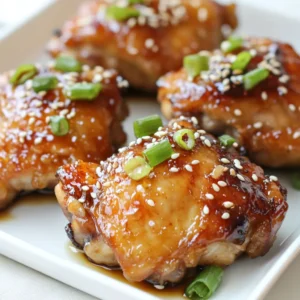 To make honey garlic chicken thighs, you need a few simple ingredients. These items will help create the sweet and sticky flavor that makes this dish special. - 6 bone-in, skin-on chicken thighs - 1/3 cup honey - 1/4 cup soy sauce (low-sodium preferred) - 4 cloves garlic, minced - 1 tablespoon fresh ginger, grated - 1 tablespoon rice vinegar - 1 teaspoon sesame oil - 1/2 teaspoon black pepper - 2 tablespoons green onions, chopped (for garnish) - Sesame seeds (for garnish) I love using bone-in, skin-on chicken thighs for this recipe. The skin helps keep the meat juicy, while the bones add flavor. Honey gives a nice sweetness, and soy sauce adds a bit of salt. Garlic and ginger bring a warm taste that I can't resist. Rice vinegar adds a nice zing, and sesame oil brings a nutty note. The black pepper gives just a hint of spice. For garnishes, I use green onions and sesame seeds. They add color and texture to the dish, making it look fancy. Keep these ingredients handy, and you will be ready to cook a flavorful meal! {{ingredient_image_1}} To start, gather your marinade ingredients. You will need honey, soy sauce, minced garlic, grated ginger, rice vinegar, sesame oil, and black pepper. In a mixing bowl, whisk these together. Make sure they blend well. The honey gives this dish its sweet flavor, while the soy sauce adds depth. Garlic and ginger bring a nice kick. This marinade will make your chicken flavorful and juicy. Next, take your chicken thighs. You want to use bone-in, skin-on thighs for the best taste. Place them in a large resealable bag or a shallow dish. Pour the marinade over the chicken. Make sure every piece gets coated well. Seal the bag or cover the dish tightly. Let it sit in the fridge for at least 30 minutes. For a stronger flavor, you can marinate for up to 4 hours. This step is key to making the chicken tender and delicious. Now, preheat your oven to 400°F (200°C). This temperature is perfect for getting that crispy skin. Take the chicken out of the marinade. Shake off any extra liquid. Place the chicken thighs in a baking dish, skin-side up. Bake them for about 35-40 minutes. You want the internal temperature to reach 165°F (74°C). The skin should look golden and crispy. While the chicken bakes, heat the leftover marinade in a saucepan. Bring it to a boil, then let it simmer for about 5-7 minutes. This will thicken it up. Once the chicken is done, brush it with the glaze. Let it rest for 5 minutes, then garnish with green onions and sesame seeds. Enjoy your tasty honey garlic chicken thighs! To get the best flavor, marinate the chicken for at least 30 minutes. If you have more time, go for 4 hours. The longer the chicken sits in the marinade, the better it tastes. The mix of honey, soy sauce, and garlic adds a sweet and savory kick. You can also add a bit of chili for heat if you like spice. Crispy skin makes all the difference. Start with bone-in, skin-on chicken thighs. Dry the skin well before cooking. This helps it crisp up nicely. Bake the chicken at 400°F. This high temperature helps render the fat and gives you that crunch. Midway through baking, brush on the thickened glaze. This adds flavor and helps the skin get even crispier. Cooking times may vary based on your oven. Always check the internal temperature. It should reach 165°F to be safe to eat. If your chicken is larger, it may need a few extra minutes. If you have smaller thighs, check them a bit earlier. Using a meat thermometer can help you avoid overcooking. This way, you keep the chicken juicy and tasty. Pro Tips Marinate Longer for Flavor: For a richer flavor, marinate the chicken thighs for up to 4 hours. This allows the flavors to penetrate deeper into the meat. Use a Meat Thermometer: To ensure the chicken is perfectly cooked, use a meat thermometer. The internal temperature should reach 165°F (74°C). Broil for Extra Crispiness: If you want even crispier skin, broil the chicken for the last 2-3 minutes of cooking, but watch it closely to prevent burning. Save the Marinade: Don’t discard the marinade! Simmer it down to create a delicious glaze to brush on the chicken for added flavor. {{image_2}} You can swap some ingredients to make this dish healthier. Use skinless chicken thighs if you want less fat. You can also use honey alternatives like agave syrup or maple syrup. For a lower sodium option, use coconut aminos instead of soy sauce. This change keeps the flavor while cutting down on salt. Fresh herbs can also replace ginger or garlic for a different taste. You have many ways to cook honey garlic chicken thighs. Grilling gives them a smoky flavor. Preheat your grill to medium-high heat. Cook the chicken thighs for about 6-8 minutes on each side. Make sure the internal temperature reaches 165°F (74°C). Air frying is quick and easy. Set your air fryer to 375°F (190°C) and cook for 25-30 minutes. Both methods keep the chicken juicy and flavorful. You can boost the taste of your chicken in many fun ways. Try adding red pepper flakes for heat. A squeeze of lime juice adds brightness. You can toss in some veggies like bell peppers or broccoli to roast with the chicken. This adds color and nutrition. Finally, fresh herbs like cilantro or parsley make great garnishes for extra flavor and style. After cooking, let the chicken cool to room temperature. Place the chicken thighs in an airtight container. You can refrigerate them for up to four days. This helps keep the chicken juicy and tasty. If you have leftover glaze, store it in a separate container. To freeze, first cool the chicken completely. Wrap each thigh in plastic wrap. Then, place them in a freezer bag. Make sure to remove as much air as possible. This way, the chicken stays fresh for about three months. When you are ready to eat them, thaw in the fridge overnight. For reheating, I suggest using the oven to keep the skin crispy. Preheat your oven to 350°F (175°C). Place the chicken on a baking sheet. Cover with foil to keep moisture in. Heat for about 15-20 minutes. You can also reheat in a microwave, but the skin won't be as crispy. Just heat on medium power for 2-3 minutes. The best marinating time is at least 30 minutes. This allows the flavors to soak in. For a richer taste, try marinating for up to 4 hours. Just remember, don’t go overboard. Too long can make the chicken mushy. Yes, you can use boneless chicken thighs. They will cook faster than bone-in thighs. Adjust the baking time to about 25-30 minutes. Always check if the internal temperature hits 165°F (74°C) to ensure safety. Honey garlic chicken thighs go well with many sides. Here are some great options: - Steamed rice - Garlic mashed potatoes - Roasted vegetables - Asian-style coleslaw - Simple green salad These sides balance the sweet and savory flavors of the chicken. Enjoy your meal! In this blog post, we explored how to prepare delicious honey garlic chicken thighs. We covered the key ingredients, including chicken and marinade components. I provided step-by-step instructions for marinating and baking. You learned tips for perfect flavor and crispy skin. We also discussed variations, like healthier options and cooking methods. Finally, I shared storage tips for leftovers. Remember, cooking should be fun and creative! Enjoy making this dish your own, and don’t hesitate to experiment with flavors. Happy cooking!