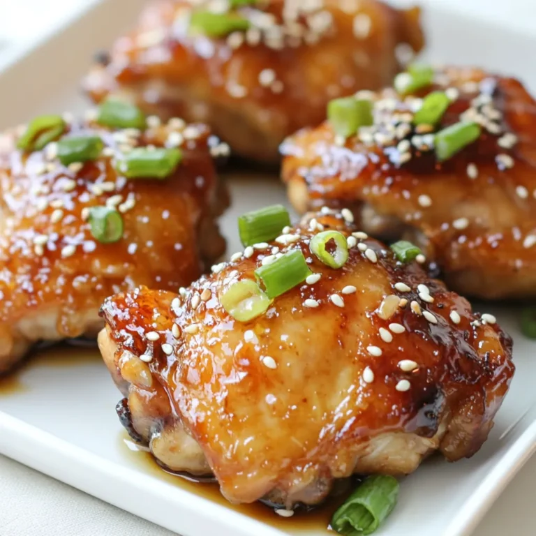To make honey garlic chicken thighs, you need a few simple ingredients. These items will help create the sweet and sticky flavor that makes this dish special. - 6 bone-in, skin-on chicken thighs - 1/3 cup honey - 1/4 cup soy sauce (low-sodium preferred) - 4 cloves garlic, minced - 1 tablespoon fresh ginger, grated - 1 tablespoon rice vinegar - 1 teaspoon sesame oil - 1/2 teaspoon black pepper - 2 tablespoons green onions, chopped (for garnish) - Sesame seeds (for garnish) I love using bone-in, skin-on chicken thighs for this recipe. The skin helps keep the meat juicy, while the bones add flavor. Honey gives a nice sweetness, and soy sauce adds a bit of salt. Garlic and ginger bring a warm taste that I can't resist. Rice vinegar adds a nice zing, and sesame oil brings a nutty note. The black pepper gives just a hint of spice. For garnishes, I use green onions and sesame seeds. They add color and texture to the dish, making it look fancy. Keep these ingredients handy, and you will be ready to cook a flavorful meal! {{ingredient_image_1}} To start, gather your marinade ingredients. You will need honey, soy sauce, minced garlic, grated ginger, rice vinegar, sesame oil, and black pepper. In a mixing bowl, whisk these together. Make sure they blend well. The honey gives this dish its sweet flavor, while the soy sauce adds depth. Garlic and ginger bring a nice kick. This marinade will make your chicken flavorful and juicy. Next, take your chicken thighs. You want to use bone-in, skin-on thighs for the best taste. Place them in a large resealable bag or a shallow dish. Pour the marinade over the chicken. Make sure every piece gets coated well. Seal the bag or cover the dish tightly. Let it sit in the fridge for at least 30 minutes. For a stronger flavor, you can marinate for up to 4 hours. This step is key to making the chicken tender and delicious. Now, preheat your oven to 400°F (200°C). This temperature is perfect for getting that crispy skin. Take the chicken out of the marinade. Shake off any extra liquid. Place the chicken thighs in a baking dish, skin-side up. Bake them for about 35-40 minutes. You want the internal temperature to reach 165°F (74°C). The skin should look golden and crispy. While the chicken bakes, heat the leftover marinade in a saucepan. Bring it to a boil, then let it simmer for about 5-7 minutes. This will thicken it up. Once the chicken is done, brush it with the glaze. Let it rest for 5 minutes, then garnish with green onions and sesame seeds. Enjoy your tasty honey garlic chicken thighs! To get the best flavor, marinate the chicken for at least 30 minutes. If you have more time, go for 4 hours. The longer the chicken sits in the marinade, the better it tastes. The mix of honey, soy sauce, and garlic adds a sweet and savory kick. You can also add a bit of chili for heat if you like spice. Crispy skin makes all the difference. Start with bone-in, skin-on chicken thighs. Dry the skin well before cooking. This helps it crisp up nicely. Bake the chicken at 400°F. This high temperature helps render the fat and gives you that crunch. Midway through baking, brush on the thickened glaze. This adds flavor and helps the skin get even crispier. Cooking times may vary based on your oven. Always check the internal temperature. It should reach 165°F to be safe to eat. If your chicken is larger, it may need a few extra minutes. If you have smaller thighs, check them a bit earlier. Using a meat thermometer can help you avoid overcooking. This way, you keep the chicken juicy and tasty. Pro Tips Marinate Longer for Flavor: For a richer flavor, marinate the chicken thighs for up to 4 hours. This allows the flavors to penetrate deeper into the meat. Use a Meat Thermometer: To ensure the chicken is perfectly cooked, use a meat thermometer. The internal temperature should reach 165°F (74°C). Broil for Extra Crispiness: If you want even crispier skin, broil the chicken for the last 2-3 minutes of cooking, but watch it closely to prevent burning. Save the Marinade: Don’t discard the marinade! Simmer it down to create a delicious glaze to brush on the chicken for added flavor. {{image_2}} You can swap some ingredients to make this dish healthier. Use skinless chicken thighs if you want less fat. You can also use honey alternatives like agave syrup or maple syrup. For a lower sodium option, use coconut aminos instead of soy sauce. This change keeps the flavor while cutting down on salt. Fresh herbs can also replace ginger or garlic for a different taste. You have many ways to cook honey garlic chicken thighs. Grilling gives them a smoky flavor. Preheat your grill to medium-high heat. Cook the chicken thighs for about 6-8 minutes on each side. Make sure the internal temperature reaches 165°F (74°C). Air frying is quick and easy. Set your air fryer to 375°F (190°C) and cook for 25-30 minutes. Both methods keep the chicken juicy and flavorful. You can boost the taste of your chicken in many fun ways. Try adding red pepper flakes for heat. A squeeze of lime juice adds brightness. You can toss in some veggies like bell peppers or broccoli to roast with the chicken. This adds color and nutrition. Finally, fresh herbs like cilantro or parsley make great garnishes for extra flavor and style. After cooking, let the chicken cool to room temperature. Place the chicken thighs in an airtight container. You can refrigerate them for up to four days. This helps keep the chicken juicy and tasty. If you have leftover glaze, store it in a separate container. To freeze, first cool the chicken completely. Wrap each thigh in plastic wrap. Then, place them in a freezer bag. Make sure to remove as much air as possible. This way, the chicken stays fresh for about three months. When you are ready to eat them, thaw in the fridge overnight. For reheating, I suggest using the oven to keep the skin crispy. Preheat your oven to 350°F (175°C). Place the chicken on a baking sheet. Cover with foil to keep moisture in. Heat for about 15-20 minutes. You can also reheat in a microwave, but the skin won't be as crispy. Just heat on medium power for 2-3 minutes. The best marinating time is at least 30 minutes. This allows the flavors to soak in. For a richer taste, try marinating for up to 4 hours. Just remember, don’t go overboard. Too long can make the chicken mushy. Yes, you can use boneless chicken thighs. They will cook faster than bone-in thighs. Adjust the baking time to about 25-30 minutes. Always check if the internal temperature hits 165°F (74°C) to ensure safety. Honey garlic chicken thighs go well with many sides. Here are some great options: - Steamed rice - Garlic mashed potatoes - Roasted vegetables - Asian-style coleslaw - Simple green salad These sides balance the sweet and savory flavors of the chicken. Enjoy your meal! In this blog post, we explored how to prepare delicious honey garlic chicken thighs. We covered the key ingredients, including chicken and marinade components. I provided step-by-step instructions for marinating and baking. You learned tips for perfect flavor and crispy skin. We also discussed variations, like healthier options and cooking methods. Finally, I shared storage tips for leftovers. Remember, cooking should be fun and creative! Enjoy making this dish your own, and don’t hesitate to experiment with flavors. Happy cooking!