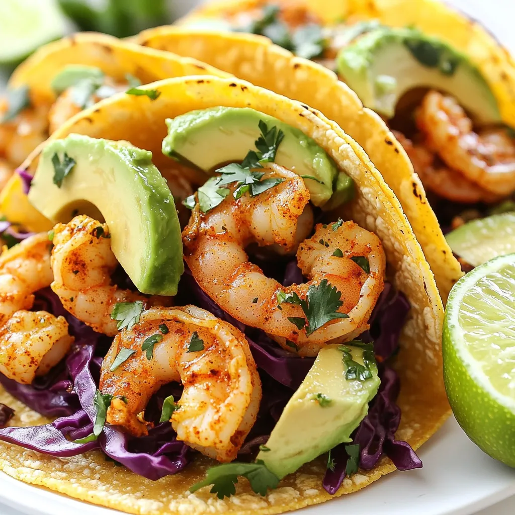 - Shrimp (1 lb, peeled and deveined) - Olive oil (2 tablespoons) - Chipotle powder (2 teaspoons) - Smoked paprika (1 teaspoon) - Garlic powder (1 teaspoon) - Fresh lime juice (from 2 limes) - Salt and pepper - Corn tortillas (8 small) - Shredded red cabbage (1 cup) - Avocado (1, sliced) - Fresh cilantro (for garnish) - Lime wedges (for serving) The base of these tacos is fresh shrimp. You will want to peel and devein them. This makes them ready for cooking, and it keeps the tacos light. Olive oil adds a rich taste and helps the spices stick to the shrimp. The magic happens with chipotle powder. It gives the shrimp a smoky, spicy kick. You can adjust the heat by adding more or less. Smoked paprika and garlic powder add depth. Fresh lime juice brightens the whole dish. Don’t forget salt and pepper for balance. For the taco components, corn tortillas are a must. They are soft and have a nice flavor. Shredded red cabbage adds crunch. Avocado gives a creamy texture. Fresh cilantro brings a pop of color and flavor. Finally, lime wedges are perfect for squeezing on top. They give that zesty finish everyone loves. With these ingredients, you will create a fresh and tasty delight. Each bite is packed with flavor and texture. Enjoy the process of making these tacos, and savor the results! {{ingredient_image_1}} In a mixing bowl, combine the following: - 2 tablespoons olive oil - 2 teaspoons chipotle powder - 1 teaspoon smoked paprika - 1 teaspoon garlic powder - Juice of 2 limes - Salt and pepper to taste Mix these ingredients well. This spice mix adds a bold flavor to your shrimp. Toss 1 pound of peeled and deveined shrimp in the spice mixture. Make sure all the shrimp get coated. Let them marinate for at least 15 minutes. This step lets the shrimp absorb all the yummy flavors. Preheat a skillet over medium-high heat. Once it's hot, add the marinated shrimp. Cook for 2-3 minutes on each side. You want the shrimp to turn opaque and cooked through. This step is crucial for great texture. In a separate skillet, warm 8 small corn tortillas. Heat them for about 30 seconds on each side. This makes the tortillas flexible and ready to hold your tasty fillings. Layer the cooked shrimp on each tortilla. Add some shredded red cabbage for crunch, a few slices of avocado for creaminess, and garnish with fresh cilantro. Each layer builds a delicious taco. Serve your tacos with lime wedges on the side. A squeeze of lime adds a fresh burst of flavor that enhances every bite. Enjoy your meal! Cook shrimp just right for the best taste. Avoid overcooking shrimp. When cooked well, shrimp turn opaque and tender. If you cook them too long, they can become rubbery and dry. Aim for about 2-3 minutes on each side. This timing works well for medium-sized shrimp. Marinade is key for flavor. Letting the shrimp sit in the marinade for longer helps the spice soak in. I recommend marinating shrimp for up to 1 hour. The longer they sit, the more flavor they’ll have. Just make sure not to leave them too long, or the acid from the lime can change the shrimp’s texture. While corn tortillas are great, feel free to explore. You can use flour tortillas or whole wheat ones for a different taste. Each type brings its own texture and flavor. Try them all to see which one you like best with the shrimp. This little change can make your tacos even more enjoyable. Pro Tips Marinate Longer for Depth: For a richer flavor, consider marinating the shrimp for at least 30 minutes, or up to 2 hours in the refrigerator. Use Fresh Ingredients: Fresh limes and cilantro will enhance the taste of your tacos significantly, so opt for fresh over bottled. Customize Your Heat: If you prefer a spicier taco, add diced jalapeños or a splash of hot sauce to the shrimp marinade. Perfect Tortilla Technique: Warm the tortillas in a dry skillet to keep them pliable; this prevents tearing when filled. {{image_2}} You can swap shrimp for chicken, fish, or tofu. Each choice gives a new taste. Chicken adds a hearty feel, while fish brings a light touch. Tofu offers a plant-based option that soaks up flavors well. Adjust cooking times as needed. Chicken takes longer, while fish cooks quickly. Tofu needs a good sear for texture. Feel free to add your favorite toppings. Sour cream adds creaminess, while salsa brings zest. Fresh jalapeños give heat if you like spice. You can also use cheese for richness. Try different combinations to find what you love most. Don't be afraid to mix and match! Change up the spices for a unique twist. Cumin adds a warm, earthy flavor. Fresh cilantro gives a bright note that pairs well. You can also try adding chili powder for extra kick. Experiment with herbs like oregano or thyme. Each variation can transform your tacos! To keep leftover shrimp fresh, place it in an airtight container. It lasts up to three days in the fridge. If you want to store shrimp for longer, freeze it. It can last up to three months in the freezer. When freezing, arrange shrimp flat in a single layer. This helps it freeze evenly. Always label the container with the date. For unused tortillas, stack them in a zip-lock bag. Seal the bag tightly to keep air out. Store the bag in the fridge for up to a week. For longer storage, freeze the tortillas. To freeze, place parchment paper between each tortilla. This way, they won’t stick together. You can use them straight from the freezer. To reheat shrimp, warm it in a skillet over medium heat. Cook for about two minutes until heated through. For tortillas, heat in a dry skillet for 30 seconds on each side. This keeps them soft and pliable. You can also wrap them in a damp paper towel and microwave for 15-20 seconds. Enjoy your tacos as if they were fresh! You should marinate the shrimp for at least 15 minutes. This time lets the shrimp soak up all the flavor. If you have more time, you can let them marinate for up to an hour. The longer they sit, the more delicious they become. Yes, you can use frozen shrimp. Just make sure to thaw them first. Place the shrimp in the fridge the night before you cook. If you're in a rush, run them under cold water for a few minutes. This way, they will be ready for marinating. These tacos go great with many sides. Here are a few ideas: - Mexican rice - Black beans - Grilled corn - Fresh salsa - Chips with guacamole These sides add more color and flavor to your meal. Yes, these tacos can be gluten-free. Use small corn tortillas, which are naturally gluten-free. Always check the packaging to ensure there are no hidden gluten ingredients. If you prefer, you can also use lettuce wraps for a lighter option. You can prep some parts ahead of time. Chop the cabbage and slice the avocado a few hours before serving. Store them in airtight containers. You can also marinate the shrimp earlier in the day. Just cook them right before you’re ready to eat for the best taste. You can create delicious Chipotle Lime Shrimp Tacos with ease. We discussed key ingredients like shrimp, spices, and toppings. The step-by-step guide makes it simple to prepare. Remember, marinate for great flavor and keep shrimp tender. Feel free to mix up the proteins and toppings for variety. Store leftovers properly and reheat to enjoy later. Enjoy your cooking and the tasty tacos!