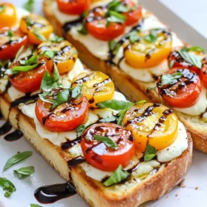 - 1 loaf of French bread or Italian bread - 4 tablespoons unsalted butter, softened - 3 cloves garlic, minced - 1 teaspoon dried oregano - 1 teaspoon dried basil - 1 cup cherry tomatoes, halved - 1 cup fresh mozzarella balls, quartered - 1/2 cup fresh basil leaves, chopped - Salt and pepper to taste - Balsamic glaze (optional, for drizzling) To create Caprese garlic bread, you need simple ingredients that burst with flavor. Start with a loaf of French or Italian bread. Both types work well and give you a nice crust. Next, grab some unsalted butter. Softening it makes mixing easier. You’ll also need fresh garlic, which gives a bold taste. Minced garlic is best for even flavor. Now, let’s add some herbs. Dried oregano and dried basil will bring warmth and depth. For a fresh touch, use cherry tomatoes. Halved, they add sweetness and color. Fresh mozzarella balls take this dish to the next level. They melt beautifully and create a creamy texture. Don’t forget fresh basil leaves for that iconic Caprese flavor. Season with salt and pepper to elevate the taste. If you want an extra zing, consider balsamic glaze. It adds a sweet-tart finish that many love. With these ingredients, you are ready to make a dish that impresses everyone. Enjoy every bite of this delightful and easy recipe. {{ingredient_image_1}} - Preheat your oven to 400°F (200°C). - Slice the loaf of bread in half lengthwise. Place it cut side up on a baking sheet. - In a small bowl, combine 4 tablespoons of softened butter, 3 cloves of minced garlic, 1 teaspoon of dried oregano, and 1 teaspoon of dried basil. - Mix until everything is well blended and smooth. - Spread the garlic butter mix evenly on the cut sides of the bread. - Bake the bread for about 10-12 minutes. Look for a light toast and crisp edges. - While the bread toasts, take a bowl and combine 1 cup of halved cherry tomatoes, 1 cup of quartered fresh mozzarella balls, ½ cup of chopped fresh basil, salt, and pepper. Toss gently to mix. - Once the bread is toasted, remove it from the oven. Pile the tomato and mozzarella mix generously on top of each half. - Return the bread to the oven and bake for another 5-7 minutes. Wait until the cheese is melted and bubbly. - If you like, drizzle balsamic glaze on top for extra flavor. - Slice the bread into pieces and serve warm. To make garlic butter shine, mix the butter and garlic well. Spread it evenly on the bread. This ensures each bite bursts with flavor. You can swap unsalted butter for olive oil or vegan butter. Use what you enjoy most. Bake the bread at 400°F (200°C) for about 10-12 minutes. Keep an eye on it! You want it golden and slightly crispy. To check for crispiness, gently press the edges. If they feel firm, it’s ready. For a beautiful presentation, slice the bread and arrange it on a wooden board. Add whole basil leaves on top for color. Pair your Caprese Garlic Bread with a fresh lemonade or a light white wine. This adds a delightful touch to your meal. Pro Tips Use Fresh Ingredients: Opt for fresh mozzarella and ripe cherry tomatoes to enhance the flavor of your Caprese Garlic Bread. Customize Herbs: Feel free to substitute or add other herbs like thyme or parsley to the garlic butter for a unique twist. Monitor Baking Time: Keep an eye on the bread while it's baking, as ovens can vary. You want it golden and crispy, not burnt. Balsamic Glaze Tip: For a more intense flavor, reduce balsamic vinegar in a saucepan until thickened before drizzling over the finished bread. {{image_2}} You can boost the flavor of Caprese garlic bread in many ways. Here are some ideas: - Olives: Add sliced black or green olives for a salty kick. - Pesto: Spread a layer of pesto before the garlic butter for extra depth. - Red Pepper Flakes: Sprinkle some for a spicy touch. - Artichokes: Toss in some marinated artichoke hearts for a tangy twist. Feel free to mix and match toppings based on your taste. You can add as many toppings as you like. Just remember to balance flavors so they shine through. If you have dietary needs, don't worry! Caprese garlic bread can still be a hit. - Gluten-free options: Use gluten-free bread. Many stores sell good gluten-free loaves. - Vegan alternatives: Replace butter with vegan butter or olive oil. Use dairy-free cheese for a creamy finish. These adjustments let everyone enjoy this tasty dish, no matter their diet. To keep your Caprese garlic bread fresh, use proper sealing methods. First, let it cool to room temperature. Then, wrap the bread tightly in plastic wrap or aluminum foil. This helps keep the moisture in. You can also place it in an airtight container. Store it in the refrigerator for up to three days. If you want to keep it longer, you can freeze it. Wrap it well, and it will last for up to three months. To enjoy your leftover Caprese garlic bread, reheating is key. The best method is to use the oven. Preheat it to 350°F (175°C). Place the bread on a baking sheet. Heat it for about 10 minutes. This method helps keep the bread crisp. Avoid using the microwave. Microwaving can make the bread soggy. If you want to heat individual pieces, a toaster oven works well too. Make sure to check it often to prevent burning. Enjoy your warm, cheesy bread just like the first time! If you don't have fresh basil, you can use dried basil. Use about one teaspoon of dried basil. You can also add some fresh parsley or arugula for a different taste. This adds a nice green color too. Mix it in with the tomatoes and cheese. Your Caprese Garlic Bread will still taste great! Yes, you can use different cheeses! If you want a stronger taste, try feta or goat cheese. If you like creaminess, use ricotta. Just keep the mozzarella for that classic Caprese flavor. Mix and match to find your favorite. Cheese adds a lot of fun to this dish! You can prepare some parts ahead of time. Make the garlic butter and store it in the fridge. You can also slice the bread and keep it wrapped. Just wait to add the tomatoes and cheese until you are ready to bake. This way, everything stays fresh and tasty! The best bread for this recipe is French or Italian bread. Both have a nice crust and soft inside. They hold the toppings well. You can also try ciabatta for a different texture. Just make sure the bread is sturdy enough to support all those delicious toppings! This blog covered all you need to make Caprese garlic bread. You learned about key ingredients like fresh mozzarella, garlic, and herbs. I shared step-by-step instructions to ensure perfect toasting. Tips on flavor variations and how to store leftovers also help you enjoy this dish longer. Remember, this recipe is flexible for your taste. Keep experimenting with toppings. You can make it just right for you. Happy cooking!