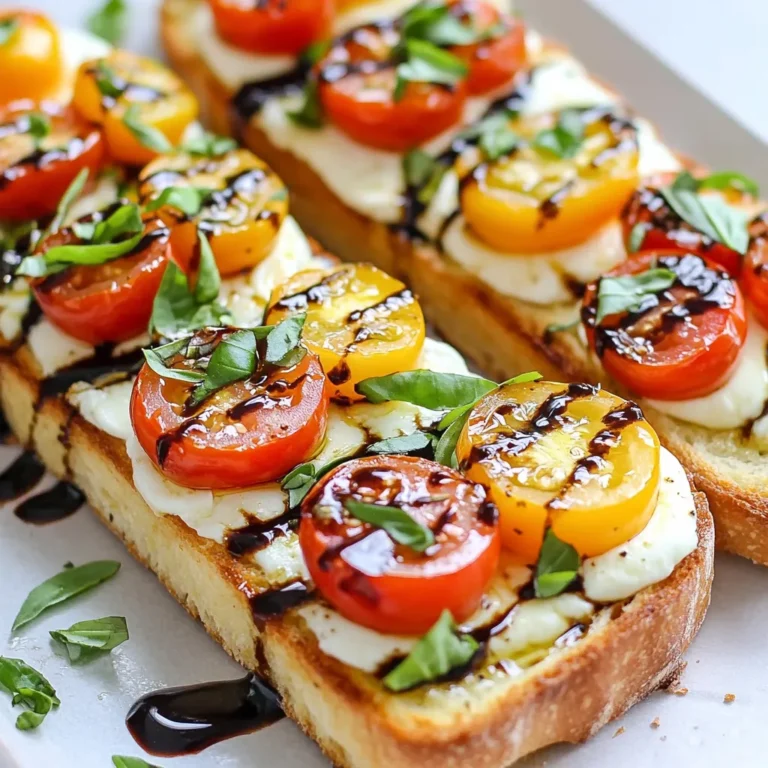 - 1 loaf of French bread or Italian bread - 4 tablespoons unsalted butter, softened - 3 cloves garlic, minced - 1 teaspoon dried oregano - 1 teaspoon dried basil - 1 cup cherry tomatoes, halved - 1 cup fresh mozzarella balls, quartered - 1/2 cup fresh basil leaves, chopped - Salt and pepper to taste - Balsamic glaze (optional, for drizzling) To create Caprese garlic bread, you need simple ingredients that burst with flavor. Start with a loaf of French or Italian bread. Both types work well and give you a nice crust. Next, grab some unsalted butter. Softening it makes mixing easier. You’ll also need fresh garlic, which gives a bold taste. Minced garlic is best for even flavor. Now, let’s add some herbs. Dried oregano and dried basil will bring warmth and depth. For a fresh touch, use cherry tomatoes. Halved, they add sweetness and color. Fresh mozzarella balls take this dish to the next level. They melt beautifully and create a creamy texture. Don’t forget fresh basil leaves for that iconic Caprese flavor. Season with salt and pepper to elevate the taste. If you want an extra zing, consider balsamic glaze. It adds a sweet-tart finish that many love. With these ingredients, you are ready to make a dish that impresses everyone. Enjoy every bite of this delightful and easy recipe. {{ingredient_image_1}} - Preheat your oven to 400°F (200°C). - Slice the loaf of bread in half lengthwise. Place it cut side up on a baking sheet. - In a small bowl, combine 4 tablespoons of softened butter, 3 cloves of minced garlic, 1 teaspoon of dried oregano, and 1 teaspoon of dried basil. - Mix until everything is well blended and smooth. - Spread the garlic butter mix evenly on the cut sides of the bread. - Bake the bread for about 10-12 minutes. Look for a light toast and crisp edges. - While the bread toasts, take a bowl and combine 1 cup of halved cherry tomatoes, 1 cup of quartered fresh mozzarella balls, ½ cup of chopped fresh basil, salt, and pepper. Toss gently to mix. - Once the bread is toasted, remove it from the oven. Pile the tomato and mozzarella mix generously on top of each half. - Return the bread to the oven and bake for another 5-7 minutes. Wait until the cheese is melted and bubbly. - If you like, drizzle balsamic glaze on top for extra flavor. - Slice the bread into pieces and serve warm. To make garlic butter shine, mix the butter and garlic well. Spread it evenly on the bread. This ensures each bite bursts with flavor. You can swap unsalted butter for olive oil or vegan butter. Use what you enjoy most. Bake the bread at 400°F (200°C) for about 10-12 minutes. Keep an eye on it! You want it golden and slightly crispy. To check for crispiness, gently press the edges. If they feel firm, it’s ready. For a beautiful presentation, slice the bread and arrange it on a wooden board. Add whole basil leaves on top for color. Pair your Caprese Garlic Bread with a fresh lemonade or a light white wine. This adds a delightful touch to your meal. Pro Tips Use Fresh Ingredients: Opt for fresh mozzarella and ripe cherry tomatoes to enhance the flavor of your Caprese Garlic Bread. Customize Herbs: Feel free to substitute or add other herbs like thyme or parsley to the garlic butter for a unique twist. Monitor Baking Time: Keep an eye on the bread while it's baking, as ovens can vary. You want it golden and crispy, not burnt. Balsamic Glaze Tip: For a more intense flavor, reduce balsamic vinegar in a saucepan until thickened before drizzling over the finished bread. {{image_2}} You can boost the flavor of Caprese garlic bread in many ways. Here are some ideas: - Olives: Add sliced black or green olives for a salty kick. - Pesto: Spread a layer of pesto before the garlic butter for extra depth. - Red Pepper Flakes: Sprinkle some for a spicy touch. - Artichokes: Toss in some marinated artichoke hearts for a tangy twist. Feel free to mix and match toppings based on your taste. You can add as many toppings as you like. Just remember to balance flavors so they shine through. If you have dietary needs, don't worry! Caprese garlic bread can still be a hit. - Gluten-free options: Use gluten-free bread. Many stores sell good gluten-free loaves. - Vegan alternatives: Replace butter with vegan butter or olive oil. Use dairy-free cheese for a creamy finish. These adjustments let everyone enjoy this tasty dish, no matter their diet. To keep your Caprese garlic bread fresh, use proper sealing methods. First, let it cool to room temperature. Then, wrap the bread tightly in plastic wrap or aluminum foil. This helps keep the moisture in. You can also place it in an airtight container. Store it in the refrigerator for up to three days. If you want to keep it longer, you can freeze it. Wrap it well, and it will last for up to three months. To enjoy your leftover Caprese garlic bread, reheating is key. The best method is to use the oven. Preheat it to 350°F (175°C). Place the bread on a baking sheet. Heat it for about 10 minutes. This method helps keep the bread crisp. Avoid using the microwave. Microwaving can make the bread soggy. If you want to heat individual pieces, a toaster oven works well too. Make sure to check it often to prevent burning. Enjoy your warm, cheesy bread just like the first time! If you don't have fresh basil, you can use dried basil. Use about one teaspoon of dried basil. You can also add some fresh parsley or arugula for a different taste. This adds a nice green color too. Mix it in with the tomatoes and cheese. Your Caprese Garlic Bread will still taste great! Yes, you can use different cheeses! If you want a stronger taste, try feta or goat cheese. If you like creaminess, use ricotta. Just keep the mozzarella for that classic Caprese flavor. Mix and match to find your favorite. Cheese adds a lot of fun to this dish! You can prepare some parts ahead of time. Make the garlic butter and store it in the fridge. You can also slice the bread and keep it wrapped. Just wait to add the tomatoes and cheese until you are ready to bake. This way, everything stays fresh and tasty! The best bread for this recipe is French or Italian bread. Both have a nice crust and soft inside. They hold the toppings well. You can also try ciabatta for a different texture. Just make sure the bread is sturdy enough to support all those delicious toppings! This blog covered all you need to make Caprese garlic bread. You learned about key ingredients like fresh mozzarella, garlic, and herbs. I shared step-by-step instructions to ensure perfect toasting. Tips on flavor variations and how to store leftovers also help you enjoy this dish longer. Remember, this recipe is flexible for your taste. Keep experimenting with toppings. You can make it just right for you. Happy cooking!