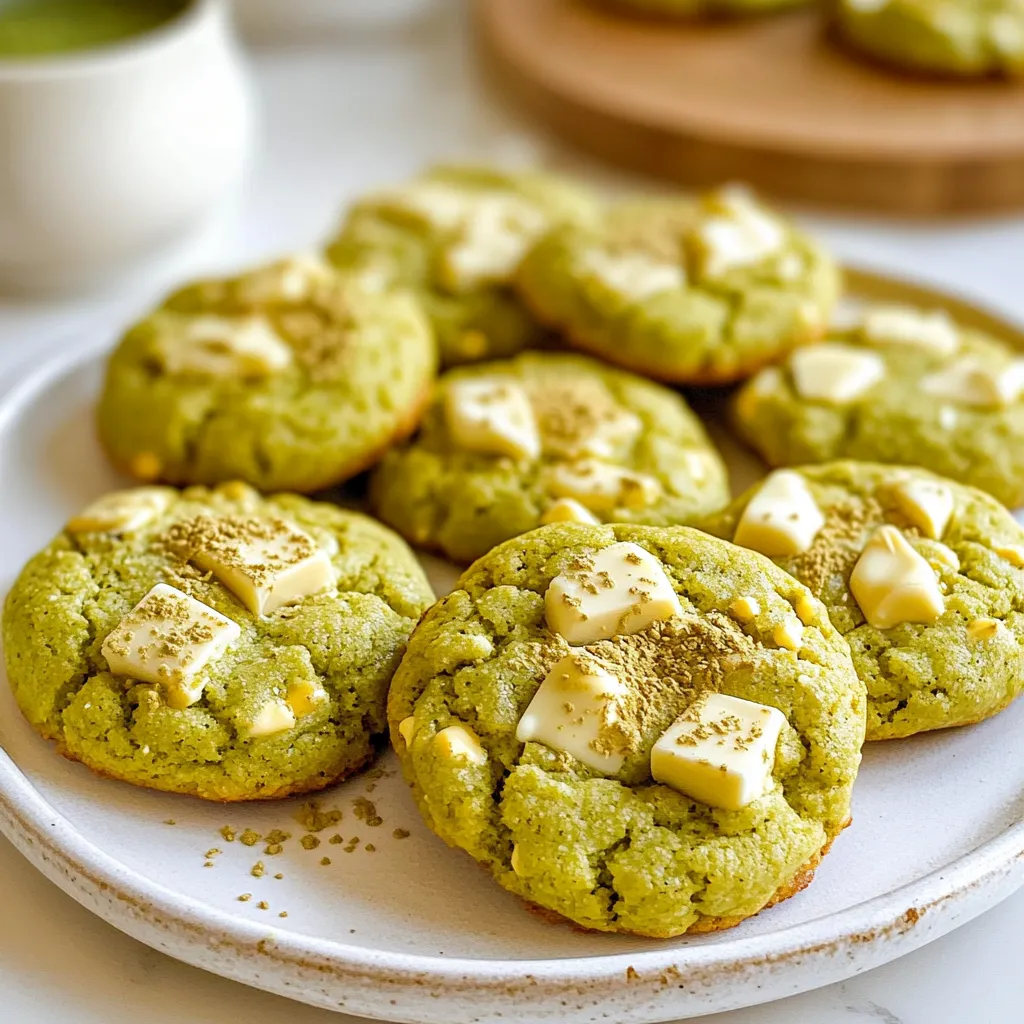 To make these delightful matcha white chocolate cookies, gather the following items: - 2 cups all-purpose flour - 1 tablespoon matcha green tea powder - 1 teaspoon baking soda - ½ teaspoon salt - ½ cup unsalted butter, softened - ¾ cup brown sugar - ½ cup granulated sugar - 1 large egg - 1 teaspoon vanilla extract - 1 cup white chocolate chips - ¼ cup chopped macadamia nuts (optional) Each ingredient plays a key role in the cookies' flavor and texture. The matcha powder gives a unique green color and a mild, earthy taste. The sugars create a perfect balance of sweetness. Butter adds richness, while the white chocolate chips bring delightful creaminess. You can skip the macadamia nuts if you prefer a nut-free treat. However, they add a nice crunch and flavor. Always use high-quality matcha for the best taste and vibrant color. By choosing fresh ingredients, you ensure the cookies come out soft and chewy. This mix of flavors makes every bite a tasty experience! {{ingredient_image_1}} 1. Preheat your oven to 350°F (175°C). Line two baking sheets with parchment paper. This helps the cookies not stick. 2. In a medium bowl, whisk together 2 cups of all-purpose flour, 1 tablespoon of matcha green tea powder, 1 teaspoon of baking soda, and ½ teaspoon of salt. Mix until everything is well combined. Set this bowl aside. 3. In a large mixing bowl, cream together ½ cup of softened unsalted butter, ¾ cup of brown sugar, and ½ cup of granulated sugar. Mix for about 2-3 minutes. You want a light and fluffy texture. 4. Beat in 1 large egg and 1 teaspoon of vanilla extract. Mix until all is well incorporated. 5. Gradually add the dry ingredients from your medium bowl into the wet mixture. Stir until just combined. Be careful not to overmix, or your cookies may be tough. 6. Fold in 1 cup of white chocolate chips and, if you like, ¼ cup of chopped macadamia nuts. Gently mix them in. 7. Scoop tablespoon-sized portions of dough and place them on your prepared baking sheets. Make sure to leave space between each cookie for spreading. 8. Bake in the preheated oven for 10-12 minutes. The edges should turn lightly golden. The cookies may look soft in the center but will firm up as they cool. 9. Let the cookies cool on the baking sheets for 5 minutes. After that, transfer them to wire racks to cool completely. These steps will help you create tasty matcha white chocolate cookies that everyone will love! - Baking Time and Temperature: Set your oven to 350°F (175°C). Bake your cookies for 10-12 minutes. Look for light golden edges. The centers will look soft but will firm up as they cool. - Avoiding Common Mistakes: Don’t overmix the dough. This can make your cookies tough. Also, ensure your butter is softened but not melted. This keeps your cookies light and fluffy. - Serving Suggestions: Place your cookies on a decorative plate. For a nice touch, sprinkle a bit of extra matcha powder on top. This adds color and a hint of flavor. - Creative Ways to Display Cookies: Use a tiered stand for a fun display. You can also pair them with a small cup of green tea. It makes the treat feel special and adds to the experience. - Adding Spices or Extracts: For a twist, try adding a pinch of cinnamon or almond extract. These can boost the flavor and make your cookies stand out. - Pairing with Beverages: Enjoy these cookies with green tea or milk. The rich white chocolate balances well with the earthy matcha. It creates a delightful taste experience that you will love. Pro Tips Use High-Quality Matcha: The flavor and color of your cookies greatly depend on the quality of the matcha you use. Opt for ceremonial-grade matcha for the best results. Chill the Dough: For thicker cookies, consider chilling the dough for 30 minutes before baking. This helps prevent spreading and maintains a chewy texture. Experiment with Mix-Ins: Feel free to customize your cookies by adding other mix-ins like chopped pecans, dried cranberries, or even a sprinkle of sea salt on top before baking. Store Properly: To keep your cookies fresh, store them in an airtight container at room temperature for up to a week. You can also freeze them for longer storage! {{image_2}} If you want a gluten-free option, you can swap the all-purpose flour with gluten-free flour. This change keeps the cookies tasty while meeting dietary needs. You can also experiment with different types of chocolate. Dark chocolate brings a rich, bold flavor, while milk chocolate adds a sweet touch. Both work well with matcha. Adding nuts or dried fruits can create more flavor. Chopped macadamia nuts add a nice crunch. If you prefer, try walnuts or almonds for a twist. Dried fruits like cranberries or cherries will add a sweet, tart contrast to the matcha. You can also think about seasonal flavors. For fall, adding pumpkin spice can make these cookies perfect for the season. You can get creative with cookie shapes. Instead of typical rounds, make cookie bars or fun shapes using cookie cutters. Adjust the size of each cookie for different baking times. Larger cookies may need a few extra minutes in the oven. Smaller cookies will bake faster, so keep an eye on them! To keep your matcha white chocolate cookies fresh, store them in an airtight container. This helps keep moisture out and flavor in. You can also layer parchment paper between the cookies to prevent them from sticking together. If you want to enjoy them later, freezing is a great option. First, let the cookies cool completely. Then, place them in a single layer on a baking sheet. Freeze them for about an hour until firm. After that, transfer the cookies to a freezer-safe bag. They can last up to three months in the freezer. These cookies stay fresh for about one week at room temperature. If you want them to last longer, store them in the fridge. However, the cold can change their texture. Watch for signs that your cookies are going stale. They may lose their soft chewiness and become dry. If they smell off or taste bland, it’s time to toss them. Always trust your senses when it comes to freshness. What is matcha and how does it affect the taste? Matcha is finely ground green tea. It adds a unique flavor to cookies. The taste is a blend of sweet, earthy, and slightly bitter notes. This balance enhances the white chocolate. The vibrant green color also makes the cookies visually appealing. Can I substitute other sugars? Yes, you can use other sugars. Coconut sugar or maple sugar can work well. Keep in mind that these sugars may change the flavor slightly. Brown sugar gives a rich taste and moisture. Granulated sugar adds sweetness and crispness. What can I use instead of macadamia nuts? If you want to skip macadamia nuts, try walnuts or pecans. You can also use chocolate chips or leave them out entirely. Each option brings a different taste and texture. How do I adjust the recipe for high altitude? At high altitudes, reduce the baking soda by 1/4 teaspoon. You may also need to increase the flour by 1-2 tablespoons. Keep an eye on baking time as well; cookies may bake faster. - [Watch this video tutorial on making matcha cookies](#) - [Try these unique variations on classic cookie recipes](#) - [Explore more about baking with matcha in this article](#) You learned how to make delicious matcha cookies from scratch. We covered all the key ingredients and steps. Remember to follow the tips for better baking. You can also try different flavors and shapes. Store your cookies properly to keep them fresh. With these skills, you can impress friends and family. Enjoy the process of baking and sharing your treats!
