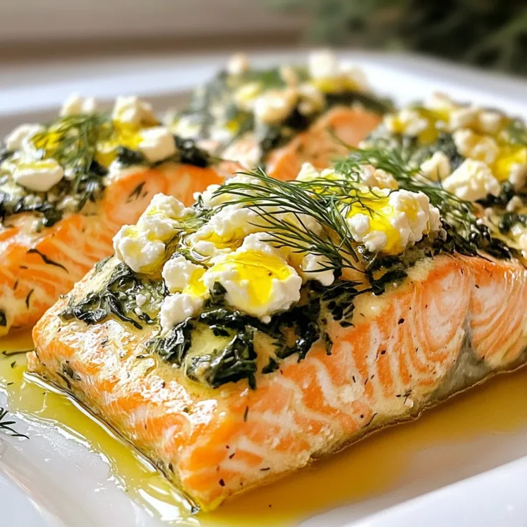 To make Spinach Feta Stuffed Salmon, you need the right ingredients. Here’s what you’ll need: - Salmon fillets (4 fillets, 6 oz each) - Fresh spinach (2 cups, chopped) - Feta cheese (1 cup, crumbled) - Garlic (2 cloves, minced) - Cream cheese (1/4 cup, softened) - Lemon juice (1 tablespoon) - Olive oil (1 tablespoon) - Seasoning (Salt and pepper to taste) - Garnish options (Fresh dill or parsley) These ingredients create a tasty and healthy dish. Salmon gives you great protein and omega-3s. Spinach adds fiber and iron. Feta cheese gives it a salty kick. Together, they all make a lovely meal. When buying ingredients, look for fresh salmon with a bright color. Choose spinach that is crisp and bright green. Good feta cheese should be creamy and crumbly. Fresh garlic adds a strong flavor. Use high-quality olive oil for the best taste. This dish is not only good for you, but it’s also easy to make. You can find these ingredients at your local grocery store. Now, let’s dive into making this delicious meal! {{ingredient_image_1}} 1. Preheat your oven to 375°F (190°C). This helps cook the salmon evenly. 2. In a pan, heat 1 tablespoon of olive oil over medium heat. Add 2 minced garlic cloves and sauté for about 1 minute until fragrant. 3. Next, add 2 cups of chopped spinach. Cook until it wilts, which takes about 2-3 minutes. Then remove the pan from heat. 4. In a bowl, mix the sautéed spinach, 1 cup of crumbled feta cheese, 1/4 cup of softened cream cheese, and 1 tablespoon of lemon juice. Stir until everything blends well. 5. To prepare the salmon fillets, take 4 fillets (6 oz each) and cut a pocket into each one. Use a sharp knife and slice through the thickest part but do not cut all the way through. 6. Season both inside and outside of each fillet with salt and pepper to taste. 1. Stuff each salmon fillet with the spinach and feta mixture. Gently press down to keep the filling inside. 2. Place the stuffed fillets in a greased baking dish. This will help prevent sticking. 3. Bake in the preheated oven for 20-25 minutes. The salmon should be cooked through and flake easily with a fork. 4. For a golden top, broil the fillets for an extra 2-3 minutes after baking. Watch closely to avoid burning. 5. Once done, take them out of the oven, let them rest for a couple of minutes, and garnish with fresh dill or parsley if you like. - How to avoid overcooking salmon: Use a meat thermometer. The ideal internal temperature is 145°F (63°C). Remove the salmon from the oven when it reaches 140°F (60°C) and let it rest. It will continue to cook. - Ensuring the stuffing stays inside: Cut a deep pocket in each fillet but don't slice all the way through. Stuff gently and press lightly to seal the filling. You can also use toothpicks to secure the edges if needed. - Tips for achieving a golden top: Broil the salmon for 2-3 minutes at the end of baking. Keep an eye on it to prevent burning. A sprinkle of breadcrumbs can also help add texture and color. - Recommended side dishes: Pair the salmon with steamed asparagus or roasted potatoes. A fresh salad with lemon vinaigrette complements the dish well. - Best wines to pair with stuffed salmon: A crisp white wine like Sauvignon Blanc works great. Chardonnay is another good option. Both enhance the flavors without overpowering them. Pro Tips Choose the Right Salmon: Opt for wild-caught salmon if possible; it tends to have a firmer texture and richer flavor compared to farmed salmon. Keep it Moist: Adding a little cream cheese to the filling helps retain moisture in the salmon while it bakes, resulting in a tender dish. Experiment with Herbs: Fresh herbs like dill or parsley can enhance the flavor profile; feel free to add your favorites to the stuffing mix! Check for Doneness: Use a fork to gently flake the salmon; it should easily separate and appear opaque when fully cooked. {{image_2}} You can change the cheese in the stuffing. If you don’t have feta, try goat cheese or ricotta. Both add a creamy texture and rich flavor. You can also swap out spinach for other greens. Kale or Swiss chard works well. Just chop them finely and cook until tender. This keeps the dish fresh and fun. Add herbs and spices for more flavor. Dill or basil can brighten up your salmon. You can also sprinkle some red pepper flakes for heat. Just a pinch will do! Sun-dried tomatoes or olives can add a tasty punch. Chop them finely and mix them into the stuffing. This gives a nice contrast to the creamy cheese. To keep your Spinach Feta Stuffed Salmon fresh, place leftovers in an airtight container. Store it in the fridge. This method keeps the flavors intact. The dish lasts for about 3 days in the fridge. If you want to enjoy it longer, consider freezing. You can freeze stuffed salmon fillets for later use. Wrap each fillet in plastic wrap, then place them in a freezer bag. This helps prevent freezer burn. They can stay in the freezer for up to 3 months. To reheat frozen leftovers, it's best to thaw them overnight in the fridge. Then, bake at 375°F (190°C) for about 20 minutes. This way, they will taste just as good as fresh. Can I make Spinach Feta Stuffed Salmon in advance? Yes, you can make this dish ahead of time. Prepare the stuffed salmon and store it in the fridge. Cover it tightly with plastic wrap. You can bake it the next day or even a few hours later. Just add a few extra minutes to the cooking time. How to tell if the salmon is cooked properly? To check if the salmon is done, look for a slight flakiness. Use a fork to test the thickest part of the fillet. If it flakes easily and looks opaque, it is ready. The internal temperature should reach 145°F (63°C) for safety. What can I serve with Spinach Feta Stuffed Salmon? This stuffed salmon pairs well with many sides. Try a fresh salad, roasted vegetables, or garlic mashed potatoes. Quinoa or rice also make excellent choices. These sides balance the rich flavors of the salmon. How can I customize this recipe? You can easily change the recipe to suit your taste. Swap feta cheese for goat cheese or mozzarella. Add sun-dried tomatoes or olives for a different flavor. You can even mix in other herbs like basil or thyme. Is it healthy to eat stuffed salmon? Yes, stuffed salmon is a healthy choice. Salmon is high in omega-3 fatty acids, which are good for your heart. The spinach adds vitamins and fiber. Feta cheese adds flavor without too many calories. This dish is nutritious and delicious. Can I use frozen salmon for this recipe? Yes, you can use frozen salmon. Just thaw it in the fridge overnight before cooking. Make sure to pat it dry with a paper towel. This helps the stuffing stick better and ensures even cooking. In this article, we explored how to make Spinach Feta Stuffed Salmon. We covered the ingredients, preparation, cooking steps, and serving tips. You can customize this dish with different ingredients and flavors, making it versatile for any meal. Remember, proper storage keeps your leftovers fresh and tasty. Enjoy your delicious creation and share it with family and friends. This dish is perfect for impressing guests or enjoying a healthy meal at home. Dive in and make this tasty recipe your own!