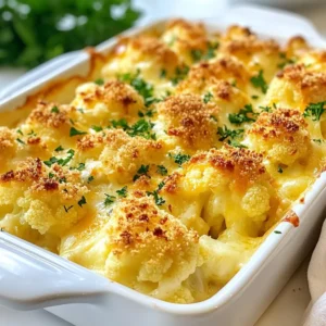 To create a tasty Cheesy Cauliflower Au Gratin, you need some simple ingredients. Here’s what you will need: - Cauliflower - Cheddar Cheese - Parmesan Cheese - Whole Milk - Unsalted Butter - All-Purpose Flour - Garlic Powder - Nutmeg - Dijon Mustard - Salt and Pepper - Breadcrumbs (optional) - Fresh Parsley (for garnish) Each ingredient plays a key role. The cauliflower serves as the main veggie base. Both cheddar and Parmesan add rich, cheesy flavors. Whole milk makes the sauce creamy and smooth. Unsalted butter and flour create a roux, which thickens the sauce. Garlic powder and nutmeg give it a warm depth. Dijon mustard adds a slight tang. Salt and pepper enhance all the flavors. Breadcrumbs can give a nice crunch on top. Fresh parsley adds a pop of color and freshness when you serve it. Gathering these ingredients is the first step. Use fresh cauliflower for the best taste. Choose high-quality cheeses for a rich flavor. If you want to make this dish special, consider adding a sprinkle of herbs or spices when you serve it. {{ingredient_image_1}} To start, bring a large pot of water to a boil. Add the cauliflower florets and let them blanch for about 5 minutes. This step softens the cauliflower just enough. After 5 minutes, drain the florets in a colander and set them aside. In a medium saucepan, melt 4 tablespoons of unsalted butter over medium heat. Once it melts, whisk in 1/4 cup of all-purpose flour. Stir it constantly for 1-2 minutes to form a roux. Now, slowly add 2 cups of whole milk while whisking. Keep stirring until the mixture thickens, which should take about 5 minutes. Next, stir in 1/2 teaspoon of garlic powder, 1/4 teaspoon of nutmeg, and 1 teaspoon of Dijon mustard. Don’t forget to add salt and pepper to taste. Remove this mixture from heat. Now it’s time to add the fun part: 2 cups of shredded sharp cheddar cheese and 1 cup of grated Parmesan cheese. Stir until the cheese fully melts and the sauce is smooth. In a large bowl, mix the blanched cauliflower with the cheese sauce. Make sure all the florets are well coated. Next, pour this cheesy mixture into your greased 9x13 inch baking dish. If you like a crunchy top, sprinkle 1/2 cup of breadcrumbs over the cheese. Now, preheat your oven to 375°F (190°C) and bake the dish for 25-30 minutes. You want the top to turn golden and bubbly. Once done, let it sit for 5 minutes before serving. For a fresh touch, garnish with chopped parsley. Enjoy your delicious Cheesy Cauliflower Au Gratin! To make a smooth cheese sauce, start with warm milk. Cold milk can cause lumps. Heat it gently before adding it to your roux. Whisk constantly when you add the milk. This helps the sauce thicken evenly and keeps it creamy. If you see lumps, keep whisking! You can also strain the sauce if needed. To know if your dish is done, look for a golden top. The edges should bubble. A good bake time is 25 to 30 minutes. You can check doneness by using a fork. It should easily pierce the cauliflower. For a crispier top, broil it for a couple of minutes after baking. Just keep a close watch so it doesn’t burn! Cheesy cauliflower au gratin pairs well with many main dishes. It goes great with meats like chicken or beef. You can also serve it with roasted veggies for a lighter meal. For garnishing, sprinkle fresh parsley on top. You can also add a pinch of paprika for a pop of color. Enjoy this dish as a side or a main course! Pro Tips Perfectly Blanched Cauliflower: Blanch the cauliflower just until slightly tender to ensure it retains some crunch after baking. Cheese Variations: Experiment with different cheese blends like Gruyere or mozzarella for a unique flavor profile. Breadcrumb Topping: For extra texture, toast the breadcrumbs in a bit of butter before sprinkling them on top. Let it Rest: Allow the dish to sit for 5 minutes after baking; this helps it set and makes serving easier. {{image_2}} You can change up the cheese for a different taste. Try mozzarella or gouda for a milder flavor. If you want a sharper bite, use blue cheese. For a healthier twist, switch whole milk for almond or oat milk. These swaps keep the dish creamy but cut some calories. To spice things up, add paprika or cayenne. These spices give a nice kick to the dish. You can also mix in cooked bacon or chicken for extra protein. This makes the meal heartier and very satisfying. For gluten-free options, use almond flour instead of all-purpose flour. This keeps the dish safe for those with gluten issues. If you prefer a vegan version, replace dairy cheese with cashew cheese or nutritional yeast. Use plant-based milk and butter. This way, you can enjoy a creamy, cheesy taste without any animal products. Store your Cheesy Cauliflower Au Gratin in an airtight container. This keeps it fresh and tasty. It can last up to three days in the fridge. Make sure it cools down before putting it away. This helps prevent sogginess. For best taste, reheat only the amount you plan to eat. To freeze, let the dish cool completely. Then, wrap it tightly in plastic wrap and foil. This prevents freezer burn. You can freeze it for up to three months. When you are ready to eat, thaw it overnight in the fridge. To reheat, place the dish in the oven at 350°F (175°C) for about 25-30 minutes. Cover it with foil to keep moisture in. If you want a crispy top, remove the foil for the last 10 minutes. Enjoy your cheesy goodness even after storing! Cheesy Cauliflower Au Gratin is a creamy, cheesy dish. It features tender cauliflower baked in a rich cheese sauce. This dish combines sharp cheddar and Parmesan for a full flavor. The creamy sauce coats the cauliflower, making it a comforting side. It often has a crunchy breadcrumb topping, adding texture. The nutmeg and garlic powder enhance the dish's taste. It’s perfect for family dinners or special occasions. Yes, you can prepare Cheesy Cauliflower Au Gratin in advance. Blanch the cauliflower and make the cheese sauce ahead of time. Store the sauce and cauliflower in the fridge for up to two days. When ready to bake, mix the two and pour into your baking dish. If you want, add breadcrumbs just before baking. This method saves time on busy days. To add some heat to your dish, use a few simple tricks. You can stir in cayenne pepper or red pepper flakes. Start with a pinch and adjust to your taste. Another option is to add diced jalapeños for a fresh kick. You could even use pepper jack cheese instead of cheddar. These changes will spice up your Cheesy Cauliflower Au Gratin nicely. In this blog post, I explored how to make Cheesy Cauliflower Au Gratin. You learned about the key ingredients like cauliflower, cheese, and spices. I provided step-by-step instructions, from blanching the cauliflower to baking it to perfection. Tips helped you create a creamy sauce and achieve a golden top. Don’t forget about variations and storage methods to keep it fresh. Cauliflower Au Gratin is not just tasty; it's flexible for your needs. Enjoy experimenting with flavors and serving it your way!