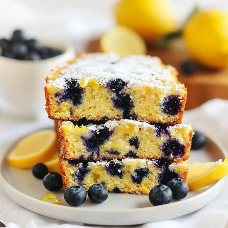 To make Lemon Blueberry Muffin Bread, you need a few simple ingredients. Here’s the list: - 1 ½ cups all-purpose flour - 1 cup fresh or frozen blueberries - ½ cup granulated sugar - 2 teaspoons baking powder - ½ teaspoon baking soda - ½ teaspoon salt - 1 large lemon (zested and juiced) - ½ cup vegetable oil - 2 large eggs - 1 teaspoon vanilla extract - ½ cup plain yogurt (Greek yogurt recommended) These ingredients create a moist and flavorful bread. The blueberries add sweetness and a burst of juice. The lemon zest gives a bright, fresh flavor. Using yogurt keeps the bread light and fluffy. You can mix and match the berries based on what you have at home. Feel free to experiment! {{ingredient_image_1}} Start by preheating your oven to 350°F (175°C). This step is key for even baking. Grease a 9x5 inch loaf pan or line it with parchment paper. This helps with easy removal later. Next, grab a medium bowl. In it, whisk together 1 ½ cups all-purpose flour, 2 teaspoons baking powder, ½ teaspoon baking soda, and ½ teaspoon salt. Set this bowl aside for now. Mixing these well ensures a light and fluffy bread. In a large bowl, mix ½ cup granulated sugar and the zest from 1 large lemon. Use your fingers to rub the zest into the sugar. This brings out the lemon’s bright flavor. Then, add 2 large eggs, the juice from that lemon, ½ cup vegetable oil, ½ cup plain yogurt, and 1 teaspoon vanilla extract. Whisk everything until smooth and combined. Now, it’s time to combine. Gradually add the dry mix to the wet mix. Stir gently so you don’t over-mix. You want to keep it light. Once combined, fold in 1 cup of blueberries. Save a few for the top! Pour the batter into the prepared loaf pan. Sprinkle the reserved blueberries on top for a lovely look. Bake in your preheated oven for 50-60 minutes. Check for doneness by inserting a toothpick into the center. If it comes out clean, your bread is ready. If the top gets too brown, cover it with aluminum foil. Once baked, let it cool in the pan for 10 minutes. Then, transfer it to a wire rack to cool completely. This cooling step helps keep the bread from getting soggy. To enhance the lemon flavor in your bread, use fresh lemon zest. Zest is the colored outer layer of the lemon peel. It carries strong lemon oils that add bright flavor. After zesting, rub the zest into the sugar. This simple step makes the sugar fragrant and boosts the lemon taste. The zest captures all the good flavors of the lemon. When you mix the batter, be gentle. Overmixing can make your bread tough. Mix just until you see no dry flour. It's okay if some lumps remain. When you fold in the blueberries, do the same. Carefully mix them in so they don't break. This keeps your bread light and fluffy. To prevent over-browning, check your bread while it bakes. If the top browns too fast, cover it with aluminum foil. This shields it from direct heat. Keep an eye on the baking time. A toothpick should come out clean from the center. If not, give it a few more minutes. This helps ensure a perfectly baked loaf. Pro Tips Fresh Blueberries: Using fresh blueberries will enhance the flavor and texture of your muffin bread. If using frozen, do not thaw them beforehand to prevent the batter from turning blue. Yogurt Substitute: If you don’t have plain yogurt, sour cream or buttermilk can be used as a substitute, adding moisture and richness to the bread. Lemon Zest: For a more intense lemon flavor, consider increasing the lemon zest to two lemons. It will brighten the overall taste of the bread. Storing: Store the lemon blueberry muffin bread in an airtight container at room temperature for up to 3 days or refrigerate for up to a week to keep it fresh. {{image_2}} If you want to switch things up, try different fruits. Raspberries or cranberries work well in this recipe. They add a nice tartness. You can mix them with blueberries or use them alone. Each fruit brings its unique flavor. It’s fun to experiment! You can make this bread healthier too. Using whole wheat flour adds more fiber. This helps keep you full longer. You can also cut down on sugar. Reducing it by a quarter still keeps the taste great. These small changes can make a big difference. Want to kick up the flavor? Add spices like cinnamon or nutmeg. Just a pinch can elevate the taste. These spices blend well with lemon and blueberries. You can also try vanilla bean or almond extract for a new twist. It’s all about finding what you love! You can store Lemon Blueberry Muffin Bread at room temperature or in the fridge. If you keep it at room temperature, wrap it in plastic wrap or foil. This helps keep it moist. Place it in a cool, dry spot for up to three days. If you want it to last longer, put it in the fridge. It will stay fresh for about a week in the fridge. Freezing is a great option if you want to save some for later. Here’s how to do it: - Cool the bread: Let it cool completely after baking. - Wrap it well: Use plastic wrap or aluminum foil to wrap it tightly. - Use a freezer bag: Place the wrapped bread in a freezer bag. This prevents freezer burn. When you're ready to enjoy it, thaw it in the fridge overnight. You can also leave it out at room temperature for a few hours. Lemon Blueberry Muffin Bread stays fresh for about three days at room temperature. In the fridge, it can last up to a week. If you freeze it, it can last up to three months. Just remember, the sooner you eat it, the better it will taste! Yes, you can use frozen blueberries. They are easy to work with and save time. Just fold them into the batter while still frozen. This helps keep the bread light and fluffy. Frozen blueberries may bleed a bit, turning the batter purple. But the taste remains delicious! To check for doneness, insert a toothpick into the center. If it comes out clean or with a few crumbs, the bread is ready. The top should be golden brown. If the top browns too fast, cover it loosely with aluminum foil. This keeps it from burning. This bread pairs well with many things! Serve it with a dollop of yogurt or a sprinkle of powdered sugar. Fresh blueberries or a side of lemon curd also work great. A cup of tea or coffee makes a lovely addition for breakfast or snack time. Yes, you can make this recipe vegan! Replace eggs with flax eggs or applesauce. Use plant-based yogurt and replace the vegetable oil with coconut oil or another vegan option. The bread will still taste great and be moist. Absolutely! You can use mini loaf pans. Adjust the baking time to about 25-30 minutes. Check for doneness with a toothpick as you would with a standard loaf. Mini loaves are perfect for sharing or gifting! This blog post covered everything you need for delicious lemon blueberry muffin bread. You learned about the key ingredients, step-by-step instructions, and helpful tips. Variations show how to customize the recipe to your taste. Proper storage ensures the bread stays fresh and tasty. Enjoy making this treat! It’s easy, fun, and sure to impress.