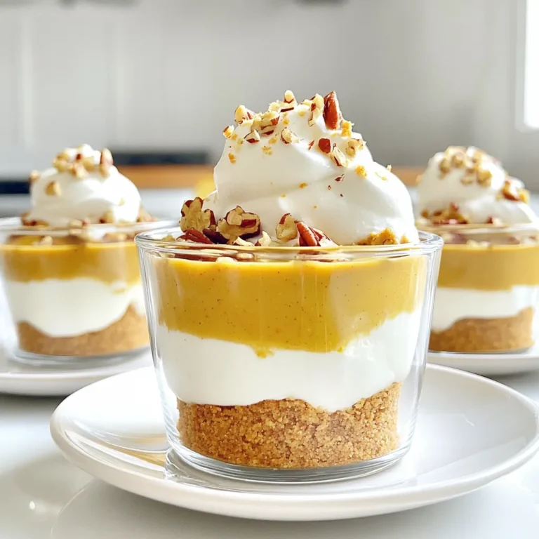 To make No Bake Maple Pumpkin Pie Cups, you need the following ingredients: - 1 cup pumpkin puree - 1/2 cup Greek yogurt - 1/4 cup maple syrup - 1 teaspoon vanilla extract - 1 teaspoon ground cinnamon - 1/2 teaspoon ground ginger - 1/4 teaspoon ground nutmeg - 1/4 teaspoon salt - 1 cup crushed graham crackers - 1/4 cup unsalted butter, melted - Whipped cream, for topping - Chopped pecans or walnuts, for garnish These simple ingredients come together to create a delicious fall treat. Pumpkin puree gives a smooth texture and rich flavor. Greek yogurt adds creaminess and a bit of tang. Maple syrup brings sweetness that perfectly matches the spices. Vanilla extract adds depth to the filling. I use ground spices like cinnamon, ginger, and nutmeg for warmth. They remind me of cozy fall days. The crushed graham crackers mixed with melted butter form a tasty crust. This base gives a nice crunch to each bite. Whipped cream on top makes it feel like a special dessert. A sprinkle of chopped nuts adds a little crunch and a nutty flavor. These ingredients work together to create a delightful treat you can enjoy anytime in the fall! To start, gather your graham crackers and unsalted butter. - In a medium bowl, mix 1 cup of crushed graham crackers with 1/4 cup of melted butter. - Stir until all crumbs are coated with butter. Next, take your small dessert cups or mason jars. - Spoon the graham cracker mixture into the bottom of each cup. - Press down firmly to form a solid crust. This step gives your cups a nice base. Now, we move to the filling. - In another bowl, whisk together 1 cup of pumpkin puree and 1/2 cup of Greek yogurt. - Add 1/4 cup of maple syrup, 1 teaspoon of vanilla extract, 1 teaspoon of ground cinnamon, 1/2 teaspoon of ground ginger, 1/4 teaspoon of ground nutmeg, and 1/4 teaspoon of salt. Mix it well until it’s smooth and creamy. The spices and maple syrup will add great flavor. With your crust and filling ready, it’s time to assemble. - Spoon the pumpkin filling over the graham cracker crust in each cup. - Use the back of a spoon to smooth the top. This makes it look nice and neat. Now, cover your cups with plastic wrap. - Place them in the fridge for at least 2 hours. - This time lets the flavors blend and the filling firm up. Chilling is key for a great texture. When you’re ready to serve, take the cups out of the fridge. - Top each cup with a dollop of whipped cream. - Finish with a sprinkle of chopped pecans or walnuts for crunch. This adds a lovely touch and makes your cups even more delicious. Enjoy the fall flavors! Using fresh pumpkin gives a rich taste. It has bright color and flavor. Canned pumpkin is easy and quick. It is also very consistent. To make homemade pumpkin puree, start with a sugar pumpkin. Cut it in half and scoop out the seeds. Bake the halves at 350°F for about 45 minutes. When soft, scoop the flesh into a bowl and mash it. This puree works great in your pie cups. Mix the filling well but don’t overbeat. A smooth blend is key. If you beat too hard, it can become too airy. For a crumbly crust, make sure the butter fully coats the graham crumbs. Press down firmly in the cups. This helps it hold shape when you spoon in the filling. Serve these cups in clear jars or small glasses. It shows off the pretty layers. You can use dessert cups too. For topping, add a swirl of whipped cream. Chopped pecans or walnuts give nice crunch. Try a sprinkle of cinnamon for extra flair. {{image_2}} You can tweak this recipe to fit your taste. For sweeteners, try using honey or agave syrup instead of maple syrup. Both options add a unique twist. You can also change the flavor profile with vanilla bean or chocolate. Adding these will make the cups even more special. If you need gluten-free options, swap graham crackers for almond flour or gluten-free cookies. This keeps the crust tasty and safe for all. For those who want dairy-free cups, use coconut yogurt instead of Greek yogurt. This keeps the creamy texture while fitting dietary needs. These pumpkin pie cups shine at any gathering. They pair well with apple crisp or vanilla ice cream. Serve them at Thanksgiving or fall parties for a festive touch. For a fun presentation, use mason jars and decorate them with twine or ribbons. To keep your No Bake Maple Pumpkin Pie Cups fresh, use airtight containers. Glass or plastic containers work well. Make sure to seal them tightly. This helps keep the flavors intact and prevents any drying out. Store the cups in the fridge for up to three days. Before serving, check for freshness. You can freeze these cups before or after chilling. If freezing before chilling, layer the filling over the crust and cover well. If you freeze after chilling, let them sit at room temp for 10 minutes before serving. To thaw, place the cups in the fridge overnight. This keeps the texture smooth and tasty. Enjoy them later without losing flavor! Yes, you can use fresh pumpkin. Fresh pumpkin gives a lovely taste. However, it takes more time to prepare. Canned pumpkin is quick and easy. It also has a consistent flavor. If you choose fresh, cook the pumpkin until soft. Then, blend it until smooth. You can keep these cups in the fridge for up to 4 days. Make sure to cover them tightly. This keeps them fresh and tasty. The flavors will blend more over time. Just remember, the whipped cream is best added right before serving. If you need a substitute for Greek yogurt, try these options: - Regular yogurt - Sour cream - Silken tofu for a dairy-free option - Unsweetened coconut yogurt for a vegan choice Each option has a different taste and texture, so choose based on your needs. To make this recipe healthier, you can: - Use less maple syrup or replace it with a natural sweetener like stevia. - Swap Greek yogurt with a low-fat or non-fat version. - Use whole grain graham crackers for extra fiber. - Add more spices, like nutmeg or cloves, for flavor without extra sugar. These small changes can help reduce sugar and fat content while keeping it delicious. In this post, we explored a tasty dessert: pumpkin cups. We covered the ingredients, including pumpkin puree and Greek yogurt. Then, we outlined easy steps to prepare the crust and filling. We shared tips on using fresh or canned pumpkin and how to present your dessert. Remember, you can customize flavors and adjust for dietary needs. With the right storage, enjoy these treats for days. Now, you have all you need to impress at your next gathering with this delightful dessert!