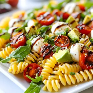 To make a tasty Caprese Pasta Salad, you need simple, fresh ingredients. Here’s what you’ll need: - 8 oz. fusilli or rotini pasta - 1 cup cherry tomatoes, halved - 1 cup fresh mozzarella balls (bocconcini), halved - 1 cup arugula or fresh basil leaves, roughly chopped - 1 avocado, diced - 1/4 cup sun-dried tomatoes, chopped - 1/4 cup balsamic glaze - 2 tablespoons extra virgin olive oil - 1 teaspoon garlic powder - Salt and pepper to taste - Optional: Fresh basil leaves for garnish Each ingredient plays a key role. The pasta serves as a hearty base. Cherry tomatoes add sweetness and color. Fresh mozzarella gives a creamy touch. Arugula or basil offers a peppery flavor. The avocado adds creaminess and healthy fats. Sun-dried tomatoes bring a burst of umami. Balsamic glaze and olive oil create a tangy, rich dressing. Garlic powder gives a hint of spice. Adjust salt and pepper to your taste. Feel free to customize! You can swap ingredients based on what you like or have on hand. The options are endless. Enjoy your cooking! {{ingredient_image_1}} First, fill a large pot with water. Add a pinch of salt and bring it to a boil. Once boiling, add 8 oz. of fusilli or rotini pasta. Cook the pasta according to the package instructions. You want it to be al dente, which means it should still have a firm bite. After cooking, drain the pasta in a colander and rinse it with cold water. This stops the cooking and keeps it from getting mushy. In a large mixing bowl, combine the cooled pasta with fresh ingredients. Add 1 cup of halved cherry tomatoes and 1 cup of halved mozzarella balls. Next, include 1 cup of arugula or roughly chopped fresh basil leaves. Then, dice one avocado and add it to the bowl along with 1/4 cup of chopped sun-dried tomatoes. This mix gives the salad great color and flavor. For the dressing, grab a small bowl. Whisk together 1/4 cup of balsamic glaze and 2 tablespoons of extra virgin olive oil. Add 1 teaspoon of garlic powder, and sprinkle in salt and pepper to taste. Whisk until everything blends well. This dressing adds a sweet and tangy kick to the salad. Pour the dressing over the salad base. Use a large spoon to gently toss everything together. Make sure all the pasta and veggies get coated with the dressing. This step is key for a flavorful salad. Let the salad sit for about 15 minutes. This time allows the flavors to meld together. If you can, cover the bowl with plastic wrap to keep it fresh. The wait is worth it as the taste improves. When you're ready to serve, give the salad a gentle toss again. If you like, garnish with extra fresh basil leaves on top. This adds a nice touch. Serve it as a side dish or even a light main course. Enjoy! To cook pasta just right, start with a big pot. Fill it with water and add a pinch of salt. Bring the water to a boil before adding the pasta. Fusilli or rotini pasta works great for this salad. Follow the package instructions for cooking time. I like to cook it until it’s al dente, which means it should still have a little bite. When it’s done, drain it and rinse it under cold water. This stops the cooking and cools it down fast. Fresh ingredients make this salad shine. Use ripe cherry tomatoes for sweetness and bright color. Fresh mozzarella balls add a creamy touch. I love adding arugula or basil leaves for a peppery, aromatic punch. Diced avocado gives a buttery texture, while sun-dried tomatoes add depth. For dressing, mix balsamic glaze and olive oil for a rich, tangy flavor. A sprinkle of garlic powder brings everything together. Always taste as you go, adjusting salt and pepper to your liking. One common mistake is overcooking the pasta. Always check for doneness before draining. Another error is not rinsing the pasta. This step keeps the pasta from sticking together. Some forget to let the salad sit before serving. Allowing it to marinate helps the flavors blend. Lastly, be cautious with the dressing. Too much can drown out the fresh taste of your ingredients. Start with a small amount and add more if needed. Pro Tips Choose the Right Pasta: Fusilli or rotini are ideal for this salad because their shapes hold the dressing well, ensuring every bite is flavorful. Fresh Ingredients Matter: Always opt for fresh mozzarella and high-quality olive oil to elevate the taste of your pasta salad. Customize Your Greens: Feel free to mix and match greens like spinach or kale with arugula or basil for added texture and flavor. Chill Before Serving: Letting the salad chill for at least 30 minutes in the refrigerator allows the flavors to meld beautifully. {{image_2}} You can keep the Caprese Pasta Salad vegetarian by using plant-based cheese. Try cashew cheese for a creamy texture. You can also add more veggies. Bell peppers, cucumbers, or zucchini work well. Use your favorite greens too. Kale or spinach can make it even more nutritious. If you want more protein, add grilled chicken or shrimp. Cook the chicken until golden brown. Slice it and toss it in with the salad. For shrimp, sauté them with garlic for flavor. They cook quickly and blend well with the salad. This makes the dish heartier and filling. To make this dish gluten-free, swap the pasta for gluten-free options. Look for brown rice or chickpea pasta. These choices provide great texture and flavor. Cook them according to the package. Rinse well to cool before mixing with the other ingredients. Enjoy your fresh Caprese Pasta Salad without gluten worries! To keep your Caprese pasta salad fresh, place leftovers in a bowl. Cover it tightly with plastic wrap or a lid. This helps keep the flavors intact and prevents drying out. If you have extra dressing, store it separately to avoid soggy pasta. Use airtight containers for the best storage. Glass containers work great as they do not stain or hold odors. You can also use plastic containers with tight-sealing lids. Make sure they are clean and dry before adding the salad. Your Caprese pasta salad can last three to four days in the fridge. The tomatoes and avocado can make it less fresh over time. If you notice any changes in smell or color, it’s best to discard it. Always trust your senses when it comes to food freshness. Yes, you can make Caprese Pasta Salad ahead of time. It tastes even better after chilling. I suggest making it up to a day before you serve it. Just store it in the fridge. The flavors blend nicely when it sits. If you can't find mozzarella, try using ricotta or feta cheese. You can also use vegan cheese for a dairy-free option. Both choices add unique flavors to the salad. Just keep the texture in mind when you choose. To make a low-carb version, skip the pasta. Use spiralized zucchini or cauliflower rice instead. This keeps the salad fresh and light. You still get the great flavors from the tomatoes and dressing. Caprese Pasta Salad lasts about three days in the fridge. After that, the ingredients may not taste their best. Keep it in an airtight container to maintain freshness. Check for any changes in smell or texture before eating. Caprese Pasta Salad pairs well with grilled chicken or fish. You can also serve it with garlic bread or a light soup. These sides enhance the fresh flavors of the salad. Enjoy with a crisp white wine for a complete meal. This article covered how to make a delicious Caprese Pasta Salad. We explored the needed ingredients, each step to prepare it, and tips for success. You now know how to store leftovers and some FAQs about the salad. Try this easy recipe next time you want a tasty meal. Use fresh ingredients for the best flavor. Enjoy your cooking and impress your family and friends!